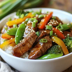 To make a tasty Teriyaki Steak Stir Fry, you'll need a few key ingredients: - 1 lb sirloin steak, thinly sliced against the grain - 2 tablespoons olive oil, divided - 1 bell pepper (your choice of red or green), sliced into thin strips - 1 cup broccoli florets, fresh - 1 cup snap peas, trimmed - 3 green onions, chopped into 1-inch pieces - 3 cloves garlic, finely minced - 1 tablespoon fresh ginger, freshly grated - 1/4 cup low sodium soy sauce - 2 tablespoons honey, or to taste - 1 tablespoon cornstarch - 2 tablespoons cold water - Sesame seeds, for garnish - Salt and freshly ground black pepper, to taste You can elevate your stir fry with some simple garnishes: - Chopped green onions add fresh flavor. - Sesame seeds give a nice crunch. - A drizzle of extra soy sauce can enhance the taste. If you need to swap out any ingredients, here are some ideas: - Use chicken or tofu instead of sirloin steak. - Swap the bell pepper for any color you like. - If you prefer, use frozen vegetables instead of fresh. - Honey can be replaced with maple syrup or agave. - Use low-sodium tamari for a gluten-free option. These choices help make the dish fit your taste and needs while keeping it delicious! {{ingredient_image_2}} To start, gather your ingredients. In a medium bowl, mix together the low sodium soy sauce, honey, cornstarch, and cold water. Whisk it well until the cornstarch dissolves. This gives you a smooth teriyaki sauce. Set this bowl aside for later. Now, heat 1 tablespoon of olive oil in a large skillet or wok over medium-high heat. Once the oil shimmers, add the thinly sliced sirloin steak in a single layer. Season it with salt and freshly ground black pepper. Stir-fry the steak for 2-3 minutes. Cook it until it’s nicely browned and reaches your desired doneness. Remove the steak from the skillet and place it on a plate. In the same skillet, add another tablespoon of olive oil. When it's hot, toss in the finely minced garlic and freshly grated ginger. Stir for about 30 seconds until you smell that great aroma. Next, add the sliced bell pepper, fresh broccoli florets, and trimmed snap peas. Stir-fry these vegetables for 4-5 minutes. You want them to be tender, but still crisp. Return the cooked steak to the skillet with the veggies. Pour the teriyaki sauce over everything. Toss it all together, making sure each ingredient is coated with the sauce. Cook for an additional 1-2 minutes. This helps the sauce heat through and thicken slightly. Finally, remove the skillet from heat. Garnish your stir-fry with chopped green onions and a sprinkle of sesame seeds for extra crunch. Enjoy this flavorful meal! To get a tender steak, slice against the grain. This means cutting the meat in the opposite direction of the muscle fibers. Thin slices cook fast and stay juicy. Use a sharp knife for clean cuts. Avoid overcooking, as it can make the meat tough. Aim for medium-rare to medium doneness for the best texture. Cook each vegetable for the right time to keep them crisp. Start with garlic and ginger for 30 seconds. Then add bell pepper, broccoli, and snap peas. Stir-fry them for about 4-5 minutes. You want them tender but still bright and crunchy. This way, they add great flavor and texture to your dish. Add more depth to your teriyaki stir fry. Try a splash of sesame oil for a nutty taste. Fresh herbs like cilantro or basil can brighten the dish. You can also mix in chili flakes for heat. If you like sweetness, add more honey. These simple tweaks make your meal unique and exciting. Pro Tips Slice Against the Grain: Always slice the steak against the grain for maximum tenderness. This technique breaks down the muscle fibers, making each bite easier to chew. Prep Ingredients Ahead: To streamline your cooking process, prepare and chop all vegetables and marinade ingredients before starting to cook. This ensures a smooth stir-fry without delays. High Heat is Key: Use high heat for stir-frying to achieve that perfect sear and keep the vegetables crisp. Make sure your skillet or wok is hot before adding the ingredients. Customize Your Veggies: Feel free to swap or add your favorite vegetables such as carrots, bell peppers, or zucchini. This dish is very versatile and can be adjusted to your taste preferences. {{image_4}} You can easily make a vegetarian or vegan teriyaki stir fry. Use tofu or tempeh instead of steak. Both absorb flavors well and provide protein. For the sauce, swap honey for maple syrup or agave nectar. This keeps it vegan while adding sweetness. Add more veggies like carrots, mushrooms, and zucchini for variety. These choices make your dish colorful and tasty. Not a fan of steak? No problem! Chicken, shrimp, or pork work great, too. Cut chicken breast into thin strips. For shrimp, use medium or large ones, peeled and deveined. Pork tenderloin is another fantastic option. Just remember to adjust cooking times based on the protein. Chicken and pork need a bit longer, while shrimp cooks quicker. Each protein gives a unique flavor to the stir fry. Feel free to mix up your sauce. Instead of teriyaki, try hoisin sauce for a sweet twist. You could also use a spicy chili sauce for heat. If you like a tangy touch, make a citrus sauce with orange or lime juice. Just blend the juice with soy sauce and a bit of sugar. This variation adds fresh flavors and keeps each meal exciting. To store leftovers, let the teriyaki steak stir fry cool down. Place it in an airtight container. This helps keep the flavors fresh. Store it in the fridge for up to three days. If you want, you can also separate the rice and stir fry for better storage. When you want to eat the leftovers, reheat them in a pan. Add a splash of water or soy sauce to keep it moist. Heat over medium until warm. You can also use the microwave. Just cover the dish with a lid or plastic wrap to avoid drying out. Heat in short bursts of 1-2 minutes, checking often. If you want to freeze it, use freezer-friendly bags. Make sure to remove as much air as possible before sealing. This helps prevent freezer burn. The stir fry can be frozen for up to three months. To thaw, place it in the fridge overnight. Reheat once it’s thawed for a quick meal. Enjoy your tasty stir fry anytime! The best cut of steak for stir-frying is sirloin. Sirloin has a good balance of flavor and tenderness. It cooks quickly and stays juicy when sliced thin. Other great options are flank steak or ribeye. These cuts also work well for stir-frying. Yes, you can use store-bought teriyaki sauce. It saves time and adds great flavor. Look for low-sodium options to control salt. You can also check for natural ingredients. If you want a fresh taste, try making your own sauce. Combine soy sauce, honey, and ginger for a quick blend. To make a low-carb version, swap honey for a low-carb sweetener. Options like stevia or erythritol work well. You can also use cauliflower rice instead of regular rice. This keeps the dish low in carbs while still being filling. Adding more veggies will enhance the meal and keep it healthy. Teriyaki steak stir fry is a tasty dish you can make at home. We explored the best ingredients, from steak to garnishes, and how to prepare them. You learned step-by-step ways to make the sauce, cook the steak, and stir-fry vegetables. Tips for great texture and flavor were also shared, along with fun variations for veggies or different proteins. Keep your leftovers fresh with proper storage. Enjoy making this dish, and know you can always customize it to fit your taste. Happy cooking!