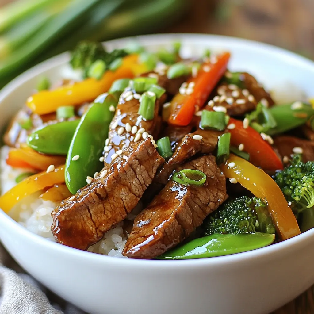 To make a tasty Teriyaki Steak Stir Fry, you'll need a few key ingredients: - 1 lb sirloin steak, thinly sliced against the grain - 2 tablespoons olive oil, divided - 1 bell pepper (your choice of red or green), sliced into thin strips - 1 cup broccoli florets, fresh - 1 cup snap peas, trimmed - 3 green onions, chopped into 1-inch pieces - 3 cloves garlic, finely minced - 1 tablespoon fresh ginger, freshly grated - 1/4 cup low sodium soy sauce - 2 tablespoons honey, or to taste - 1 tablespoon cornstarch - 2 tablespoons cold water - Sesame seeds, for garnish - Salt and freshly ground black pepper, to taste You can elevate your stir fry with some simple garnishes: - Chopped green onions add fresh flavor. - Sesame seeds give a nice crunch. - A drizzle of extra soy sauce can enhance the taste. If you need to swap out any ingredients, here are some ideas: - Use chicken or tofu instead of sirloin steak. - Swap the bell pepper for any color you like. - If you prefer, use frozen vegetables instead of fresh. - Honey can be replaced with maple syrup or agave. - Use low-sodium tamari for a gluten-free option. These choices help make the dish fit your taste and needs while keeping it delicious! {{ingredient_image_2}} To start, gather your ingredients. In a medium bowl, mix together the low sodium soy sauce, honey, cornstarch, and cold water. Whisk it well until the cornstarch dissolves. This gives you a smooth teriyaki sauce. Set this bowl aside for later. Now, heat 1 tablespoon of olive oil in a large skillet or wok over medium-high heat. Once the oil shimmers, add the thinly sliced sirloin steak in a single layer. Season it with salt and freshly ground black pepper. Stir-fry the steak for 2-3 minutes. Cook it until it’s nicely browned and reaches your desired doneness. Remove the steak from the skillet and place it on a plate. In the same skillet, add another tablespoon of olive oil. When it's hot, toss in the finely minced garlic and freshly grated ginger. Stir for about 30 seconds until you smell that great aroma. Next, add the sliced bell pepper, fresh broccoli florets, and trimmed snap peas. Stir-fry these vegetables for 4-5 minutes. You want them to be tender, but still crisp. Return the cooked steak to the skillet with the veggies. Pour the teriyaki sauce over everything. Toss it all together, making sure each ingredient is coated with the sauce. Cook for an additional 1-2 minutes. This helps the sauce heat through and thicken slightly. Finally, remove the skillet from heat. Garnish your stir-fry with chopped green onions and a sprinkle of sesame seeds for extra crunch. Enjoy this flavorful meal! To get a tender steak, slice against the grain. This means cutting the meat in the opposite direction of the muscle fibers. Thin slices cook fast and stay juicy. Use a sharp knife for clean cuts. Avoid overcooking, as it can make the meat tough. Aim for medium-rare to medium doneness for the best texture. Cook each vegetable for the right time to keep them crisp. Start with garlic and ginger for 30 seconds. Then add bell pepper, broccoli, and snap peas. Stir-fry them for about 4-5 minutes. You want them tender but still bright and crunchy. This way, they add great flavor and texture to your dish. Add more depth to your teriyaki stir fry. Try a splash of sesame oil for a nutty taste. Fresh herbs like cilantro or basil can brighten the dish. You can also mix in chili flakes for heat. If you like sweetness, add more honey. These simple tweaks make your meal unique and exciting. Pro Tips Slice Against the Grain: Always slice the steak against the grain for maximum tenderness. This technique breaks down the muscle fibers, making each bite easier to chew. Prep Ingredients Ahead: To streamline your cooking process, prepare and chop all vegetables and marinade ingredients before starting to cook. This ensures a smooth stir-fry without delays. High Heat is Key: Use high heat for stir-frying to achieve that perfect sear and keep the vegetables crisp. Make sure your skillet or wok is hot before adding the ingredients. Customize Your Veggies: Feel free to swap or add your favorite vegetables such as carrots, bell peppers, or zucchini. This dish is very versatile and can be adjusted to your taste preferences. {{image_4}} You can easily make a vegetarian or vegan teriyaki stir fry. Use tofu or tempeh instead of steak. Both absorb flavors well and provide protein. For the sauce, swap honey for maple syrup or agave nectar. This keeps it vegan while adding sweetness. Add more veggies like carrots, mushrooms, and zucchini for variety. These choices make your dish colorful and tasty. Not a fan of steak? No problem! Chicken, shrimp, or pork work great, too. Cut chicken breast into thin strips. For shrimp, use medium or large ones, peeled and deveined. Pork tenderloin is another fantastic option. Just remember to adjust cooking times based on the protein. Chicken and pork need a bit longer, while shrimp cooks quicker. Each protein gives a unique flavor to the stir fry. Feel free to mix up your sauce. Instead of teriyaki, try hoisin sauce for a sweet twist. You could also use a spicy chili sauce for heat. If you like a tangy touch, make a citrus sauce with orange or lime juice. Just blend the juice with soy sauce and a bit of sugar. This variation adds fresh flavors and keeps each meal exciting. To store leftovers, let the teriyaki steak stir fry cool down. Place it in an airtight container. This helps keep the flavors fresh. Store it in the fridge for up to three days. If you want, you can also separate the rice and stir fry for better storage. When you want to eat the leftovers, reheat them in a pan. Add a splash of water or soy sauce to keep it moist. Heat over medium until warm. You can also use the microwave. Just cover the dish with a lid or plastic wrap to avoid drying out. Heat in short bursts of 1-2 minutes, checking often. If you want to freeze it, use freezer-friendly bags. Make sure to remove as much air as possible before sealing. This helps prevent freezer burn. The stir fry can be frozen for up to three months. To thaw, place it in the fridge overnight. Reheat once it’s thawed for a quick meal. Enjoy your tasty stir fry anytime! The best cut of steak for stir-frying is sirloin. Sirloin has a good balance of flavor and tenderness. It cooks quickly and stays juicy when sliced thin. Other great options are flank steak or ribeye. These cuts also work well for stir-frying. Yes, you can use store-bought teriyaki sauce. It saves time and adds great flavor. Look for low-sodium options to control salt. You can also check for natural ingredients. If you want a fresh taste, try making your own sauce. Combine soy sauce, honey, and ginger for a quick blend. To make a low-carb version, swap honey for a low-carb sweetener. Options like stevia or erythritol work well. You can also use cauliflower rice instead of regular rice. This keeps the dish low in carbs while still being filling. Adding more veggies will enhance the meal and keep it healthy. Teriyaki steak stir fry is a tasty dish you can make at home. We explored the best ingredients, from steak to garnishes, and how to prepare them. You learned step-by-step ways to make the sauce, cook the steak, and stir-fry vegetables. Tips for great texture and flavor were also shared, along with fun variations for veggies or different proteins. Keep your leftovers fresh with proper storage. Enjoy making this dish, and know you can always customize it to fit your taste. Happy cooking!