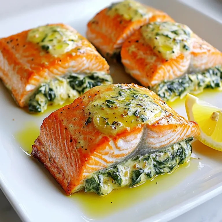 - 4 salmon fillets (6 oz each) - 1 cup fresh spinach, finely chopped - 3 cloves garlic, minced - 1/2 cup cream cheese, softened at room temperature - 1/4 cup grated Parmesan cheese - 1/4 teaspoon crushed red pepper flakes (adjust for spice preference) - 1 tablespoon fresh lemon juice - Salt and fresh ground pepper, to taste - 1 tablespoon extra virgin olive oil - Lemon wedges, for garnish To make Creamy Garlic Spinach Stuffed Salmon, gather these ingredients. Start with fresh salmon fillets. They provide a rich taste and are easy to cook. Choose fillets that are firm and bright in color. Next, grab fresh spinach. It adds a nice green color and healthy nutrients. Garlic is a must for this dish. It brings a strong, pleasant flavor. Use fresh cloves and mince them finely. They will mix well with the other ingredients. Cream cheese makes the filling creamy and rich. Make sure it is softened for easy mixing. Parmesan cheese adds a salty touch. Grate it fresh for the best flavor. You can also add crushed red pepper flakes. They give a nice kick but adjust based on your taste. Don’t forget the lemon juice. It brightens the dish and balances the flavors. Salt and pepper are essential for seasoning. Use them to enhance the taste. Finally, have some extra virgin olive oil for cooking. It adds rich flavor and helps sauté the garlic. Lemon wedges will be perfect for serving. They add a fresh burst of flavor. With all these ingredients, you are ready to create a delightful meal! {{ingredient_image_2}} - Preheat the oven to 375°F (190°C). - Heat 1 tablespoon of olive oil in a medium skillet. Add 3 cloves of minced garlic. Sauté for 1 minute until fragrant. - Add 1 cup of finely chopped spinach to the skillet. - Cook for 2-3 minutes until the spinach wilts and turns bright green. - Remove from heat and let it cool slightly. - In a medium bowl, mix the spinach and garlic with 1/2 cup of softened cream cheese. - Add 1/4 cup of grated Parmesan cheese, 1/4 teaspoon of crushed red pepper flakes, 1 tablespoon of fresh lemon juice, salt, and pepper. - Stir until the filling is smooth and creamy. - Take 4 salmon fillets and cut a pocket into each one. - Spoon the creamy spinach filling into each salmon fillet pocket. Press gently to secure it inside. - Arrange the stuffed salmon on a baking sheet lined with parchment paper. - Bake the salmon in the oven for 15-20 minutes. - Check for doneness; the salmon should flake easily with a fork. - Let the salmon rest for a few minutes after baking. - Plate the salmon and serve with lemon wedges for a fresh touch. When picking salmon, go for fresh or frozen fillets. Fresh salmon has a bright color and smells like the sea. You can use types like Atlantic, sockeye, or coho salmon. These types have great flavor and texture. If fresh salmon is hard to find, frozen works well too. Just make sure it’s wild-caught for the best taste. To make your spinach filling shine, taste as you go. You can adjust the garlic or add more lemon for tang. If you want creaminess without cream cheese, try Greek yogurt or ricotta. You can also mix in herbs like dill or basil for extra flavor. Don't shy away from adding some chopped artichokes or sun-dried tomatoes for a twist! You can broil or bake your salmon. Broiling gives a nice crispy top but needs close watch. Baking is easier and lets the salmon cook evenly. To keep the salmon moist, use parchment paper or foil on the baking sheet. Keep an eye on the cooking time. Salmon is done when it flakes easily with a fork. Pro Tips Choose Fresh Salmon: Opt for wild-caught salmon if available; it has a richer flavor and better texture than farmed salmon. Adjust the Spice: Feel free to modify the amount of crushed red pepper flakes to suit your taste, or replace them with a dash of hot sauce for a different kick. Check for Doneness: Use a fork to gently flake the thickest part of the salmon; it should be opaque and flake easily when properly cooked. Make Ahead: Prepare the spinach and cheese filling a day in advance and store it in the refrigerator to save time on cooking day. {{image_4}} You can change the flavor by using different cheeses. Feta cheese gives a nice tang. It melts well and adds a unique taste. Goat cheese is a great option too. It has a creamy texture and a strong flavor. If you want to avoid dairy, use cashew cheese. It adds creaminess without milk. Vegan cream cheese works too. These options help everyone enjoy the dish. You can make this dish even better by adding more veggies. Sun-dried tomatoes add a sweet, tangy flavor. Chop them finely and mix them into the filling. You can also use other leafy greens. Kale or Swiss chard work well too. Just be sure to cook them down first, like the spinach. This makes the filling tasty and colorful. To make your meal shine, think about side dishes. Steamed asparagus pairs well with the salmon. It adds a fresh crunch. A crisp side salad is great too. Use mixed greens and a light dressing. For a party, serve the salmon on a colorful platter. Drizzle olive oil over the top. Garnish with lemon wedges for a pop of color. This makes the dish look and taste special. After you enjoy your creamy garlic spinach stuffed salmon, store leftovers in the fridge. Place the salmon in an airtight container. This helps keep it fresh and tasty. You can store it for up to 3 days. When you are ready to eat, reheat the salmon gently. Use the oven or microwave. If using the oven, set it to 350°F (175°C) and heat for about 10 minutes. This keeps the salmon moist and delicious. If you want to save the stuffed salmon for later, you can freeze it. Wrap each fillet tightly in plastic wrap, then place it in a freezer bag. Make sure to remove all the air from the bag. You can freeze it for up to 3 months. When you’re ready to eat, thaw the salmon in the fridge overnight. This slow thawing helps keep the texture nice. Creamy garlic spinach stuffed salmon remains fresh for 3 days in the fridge. If you freeze it, it can last for 3 months. Always check for spoilage before eating. Look for any off smells or changes in color. If the salmon looks or smells bad, it’s best to throw it away. Staying safe in the kitchen is very important! Yes, you can make the filling ahead of time. Mix the spinach, garlic, cream cheese, and other ingredients in advance. Store it in the fridge for up to two days. Just remember to bring it back to room temperature before stuffing the salmon. This makes meal prep easier. If you need a substitute for cream cheese, try Greek yogurt or ricotta cheese. Both can give a creamy texture. You can also use a dairy-free cream cheese for a vegan option. Each choice will add a unique flavor to your dish. Yes, you can grill the stuffed salmon! Just wrap the salmon in foil before placing it on the grill. This helps keep the filling inside and prevents burning. Grill over medium heat for about 15-20 minutes. Check for doneness as you would in the oven. The salmon is fully cooked when it flakes easily with a fork. The internal temperature should reach 145°F (63°C). You can use a meat thermometer to check. If it feels firm and looks opaque, it is likely done. Yes, this recipe is already low in carbs! The main ingredients are salmon and spinach, both low in carbs. You can skip the cream cheese if you want an even lower carb count. Use a low-carb cheese or extra spinach for more flavor without adding carbs. You learned how to make stuffed salmon with spinach and cream cheese. We covered each step, from choosing the right salmon to baking and serving. Remember, seasoning and garnishes add extra flavor. Feel free to experiment with different cheeses and veggies. This dish is easy to adapt and simple to store. Enjoy your cooking journey and share your tasty results!