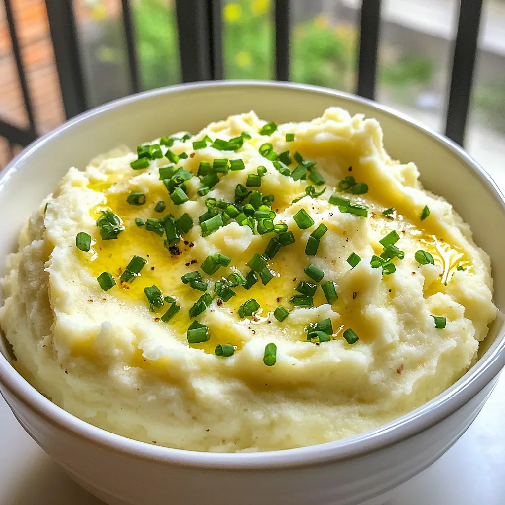 To make this dish, you need: - 1 large head of cauliflower, chopped into bite-sized florets - 6 cloves of garlic, unpeeled - 1/4 cup cream cheese, softened to room temperature - 1/2 cup unsweetened almond milk (or regular milk) - 2 tablespoons unsalted butter - Salt and freshly ground black pepper to taste - Fresh chives or parsley, finely chopped for garnish These ingredients work together to create a creamy, flavorful side dish that everyone will love. You can add some extra flavors to your mashed cauliflower. Consider these options: - A dash of garlic powder for more garlic flavor - A sprinkle of Parmesan cheese for a cheesy twist - A pinch of nutmeg for warmth - A drizzle of olive oil for richness These additions can elevate your dish and impress your guests. If you have dietary needs, there are great substitutes. Try these: - Use vegan cream cheese for a dairy-free option - Swap almond milk for oat or soy milk - Replace butter with vegan butter or olive oil These substitutes keep the dish tasty while fitting different diets. {{ingredient_image_2}} To start, preheat your oven to 400°F (200°C). This step helps the garlic roast evenly. Next, take 6 unpeeled garlic cloves and place them on a baking sheet. Drizzle a bit of olive oil over them. Make sure they are well coated. Roast the garlic for about 20 minutes. You will know it's done when the garlic is soft and smells great. You can easily squeeze the cloves from their skins when they are ready. While the garlic roasts, grab a large pot and fill it with salted water. Bring the water to a rolling boil. Carefully add 1 large head of chopped cauliflower florets. Cook the florets for about 10-15 minutes. They should be tender enough to pierce with a fork. Once they are done, drain the water completely. This step is key to avoid a watery mash later. Now it's time to combine all the flavors. Return the drained cauliflower to the pot. Squeeze the roasted garlic cloves into the pot, discarding the skins. Add in 1/4 cup of softened cream cheese, 1/2 cup of almond milk, and 2 tablespoons of unsalted butter. Season with salt and freshly ground black pepper. Use a potato masher for a rustic mash or an immersion blender for a smooth texture. If you want it creamier, add more almond milk. Taste the mash and tweak the seasoning if needed. Garnish with fresh chives or parsley before serving. Enjoy the delightful flavors! To get a creamy texture, start with the right cauliflower. Choose a large head that is fresh and firm. Cook the florets until they are very tender, about 10-15 minutes. Drain the cauliflower well to remove excess water. Add softened cream cheese and unsweetened almond milk. Use a potato masher for a rustic feel or an immersion blender for smoothness. If it’s still thick, add more almond milk a little at a time. Seasoning is key to a tasty dish. Start with salt and freshly ground black pepper. The roasted garlic adds a sweet and savory kick. For more flavor, add fresh herbs like chives or parsley. You can also mix in some grated cheese for a richer taste. Don’t forget to taste your mash before serving. Adjust the seasoning as needed for the best flavor. To avoid a watery mash, drain your cauliflower well after boiling. Return it to the pot. This helps steam evaporate. Also, when adding almond milk, start with less. You can always add more later. Lastly, avoid overcooking the cauliflower. If overcooked, it releases more water. Following these tips will ensure a perfect, creamy texture every time. Pro Tips Choosing the Right Cauliflower: Opt for a cauliflower that feels heavy for its size with tightly packed florets and no brown spots for the best flavor and texture. Roasting Garlic Perfectly: Ensure you don’t over-roast the garlic; it should be soft and sweet, not burnt. Keep an eye on it during the last few minutes of roasting. Adjusting Creaminess: If you prefer a creamier mash, gradually add more almond milk or cream cheese until you reach your desired consistency. Flavor Enhancements: For added flavor, consider mixing in a splash of lemon juice or nutritional yeast for a cheesy taste without the dairy. {{image_4}} To make this recipe vegan, swap the cream cheese for a plant-based cream cheese. Use coconut milk or any nut milk instead of almond milk. For extra richness, add a tablespoon of nutritional yeast. This gives a cheesy flavor without dairy. You can add cheese for a richer taste. Try sharp cheddar or grated Parmesan. For herbs, mix in fresh thyme or rosemary to add depth. You could also add garlic powder for an extra garlic kick. This creamy dish fits many meals. Serve it as a side for holiday dinners or barbecues. Pair it with grilled chicken or roasted vegetables for a balanced meal. You can even use it as a base for a hearty stew on chilly nights. Let your creamy roasted garlic mashed cauliflower cool first. Once cooled, put it in an airtight container. Store it in the fridge for up to three days. This way, the flavors stay fresh and tasty. To reheat, place the cauliflower mash in a pot over low heat. Stir often to prevent sticking. You can add a splash of almond milk for creaminess as it warms. Heat until it's just hot enough to serve. This keeps the texture smooth and creamy. You can freeze the leftover mash for up to three months. Use freezer-safe containers or bags. When you’re ready to eat, thaw it in the fridge overnight. Reheat it on the stove with a bit of milk for the best texture. Enjoy your delicious dish again! If you want a dairy-free option, try using cashew cream. Just soak raw cashews in water for a few hours. Blend them until smooth for a creamy texture. You can also use silken tofu or a non-dairy cream cheese. Both will add creaminess to your mashed cauliflower. Yes, you can prepare the mashed cauliflower in advance. Just follow the recipe and let it cool. Store it in an airtight container in the fridge for up to three days. When you're ready to eat, gently reheat it on the stove or in the microwave. Stir in a splash of almond milk to restore creaminess. Roasted garlic is done when it feels soft and smells sweet. After about 20 minutes in the oven, squeeze a clove. If it comes out easily from the skin, it’s ready. The color should be golden brown, not burnt. This gives the garlic a rich and mellow flavor perfect for your dish. In this blog post, we explored how to make creamy roasted garlic mashed cauliflower. We covered key ingredients, from basics to optional add-ins for flavor. I shared detailed steps, along with tips for a perfect texture and ways to avoid watery mash. We also looked at variations, storage tips, and frequently asked questions. Remember, this dish is versatile and easy to adapt. Enjoy your cooking journey, and have fun creating this tasty side!