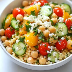- 1 cup couscous - 1 ¼ cups vegetable broth - 1 tablespoon olive oil - Zest and juice of 1 lemon - 1 teaspoon garlic powder - ½ teaspoon ground cumin - ½ teaspoon salt - 1 cup cherry tomatoes, halved - 1 cucumber, diced - 1 cup canned chickpeas, drained and rinsed - ¼ cup fresh parsley, finely chopped - ¼ cup feta cheese, crumbled (optional) - Freshly ground black pepper to taste Couscous serves as the base of this dish. It cooks quickly and soaks up flavors well. Vegetable broth adds depth, making the couscous rich and savory. The lemon zest and juice brighten the dish, giving it a fresh taste. Garlic powder enhances the flavor without the hassle of chopping garlic. Ground cumin adds warmth and a hint of earthiness. Fresh parsley not only adds color but also a burst of freshness. You can customize your bowls with add-ons. Feta cheese brings a creamy touch. Add nuts for crunch or avocado for creaminess. Other vegetables like bell peppers or spinach can boost nutrition and flavor. If you want protein, grilled chicken, shrimp, or tofu makes a great choice. {{ingredient_image_2}} Start by boiling 1 ¼ cups of vegetable broth in a medium saucepan. Use medium-high heat for this. When the broth bubbles, stir in 1 cup of couscous. Remove the pan from heat right away. Cover it with a lid and let it sit for about 5 minutes. This allows the couscous to soak up all the broth. After 5 minutes, use a fork to fluff the couscous. This makes it light and fluffy. Now it’s time to add some flavor. To the fluffed couscous, add 1 tablespoon of olive oil, the zest and juice of 1 lemon, 1 teaspoon of garlic powder, ½ teaspoon of ground cumin, and ½ teaspoon of salt. Mix all these ingredients well. The lemon juice adds brightness while the cumin adds warmth. You want every grain of couscous to get coated in these tasty flavors. In a large bowl, combine 1 cup of halved cherry tomatoes, 1 diced cucumber, and 1 cup of drained and rinsed chickpeas. Add ¼ cup of finely chopped parsley to the bowl. Gently mix these veggies together. Next, pour your seasoned couscous into this bowl of vegetables. Toss everything together gently so the ingredients blend well. Taste your mixture. If it needs more flavor, add freshly ground black pepper or more lemon juice. Serve warm or let it cool. For an extra treat, sprinkle crumbled feta cheese on top. Enjoy your delicious Lemon Herb Couscous Bowls! To cook couscous well, start with the right broth. Using vegetable broth adds flavor. Bring 1 ¼ cups of broth to a boil. Stir in 1 cup of couscous, then remove it from heat. Cover it and let it sit for about 5 minutes. This step allows the couscous to absorb the broth. After 5 minutes, fluff it with a fork. Add olive oil, lemon zest, lemon juice, garlic powder, cumin, and salt. Mix it well for a tasty base. If you have leftovers, store them in an airtight container. Cool the couscous bowl before sealing it. This helps keep it fresh. You can refrigerate it for up to 3 days. If you want to enjoy it later, consider freezing it. Place it in a freezer-safe bag. Remove as much air as you can. Frozen couscous can last for about a month. Lemon Herb Couscous Bowls pair well with many dishes. Try serving them with grilled chicken or shrimp for protein. You can also add a fresh salad on the side. A simple green salad with a lemon vinaigrette works great. For a vegetarian option, serve it with roasted vegetables. Don’t forget to sprinkle some extra feta cheese on top if you like! Pro Tips Use Fresh Herbs: Fresh herbs like parsley and mint can elevate the flavor of your couscous bowls significantly. Don't hesitate to experiment with different herbs for a unique twist! Chill for Flavor: Allowing the couscous bowls to chill in the fridge for about 30 minutes can enhance the flavors, making it a great dish to prepare in advance. Customize Your Veggies: Feel free to add or substitute vegetables based on what's in season or your personal preference. Bell peppers, red onions, or avocado would work beautifully! Perfect Your Texture: For a creamier texture, consider mixing in a dollop of Greek yogurt or a splash of tahini before serving. This adds richness and a lovely tang! {{image_4}} You can make Lemon Herb Couscous Bowls even better by adding protein. Here are some ideas: - Grilled chicken breast adds great flavor and texture. - Shrimp cooked in garlic and lemon pairs well with the couscous. - For a plant-based option, try adding cooked lentils for protein. - Tofu, marinated and pan-fried, is another tasty choice. These options help create a balanced meal while keeping it fresh. Get creative with your vegetable choices. Here are some great options: - Bell peppers add sweetness and crunch. - Spinach or kale gives a nice green touch and extra nutrients. - Roasted zucchini or eggplant can add depth of flavor. - Avocado slices lend creaminess and healthy fats. Mix and match to suit your taste and what you have on hand. If you need a gluten-free version, no worries! Here are some swaps: - Use quinoa instead of couscous for a similar texture. - Rice is another good option; try jasmine or basmati. - Cauliflower rice is a light choice that’s very trendy. These alternatives keep the dish just as delicious and satisfying. Store leftover couscous bowls in an airtight container. Keep them in the fridge. They stay fresh for about 3 to 5 days. Make sure to separate any toppings like feta before storing. This keeps everything fresh and tasty. You can freeze couscous bowls if you want to save them longer. Use freezer-safe containers or bags. They can last up to 3 months in the freezer. When reheating, thaw in the fridge overnight. Then, warm them in a pot or microwave. Add a splash of water for moisture. The shelf life of each ingredient varies. Couscous can last for years if kept dry. Fresh veggies like tomatoes and cucumber stay good for about a week in the fridge. Chickpeas, canned or dry, last for a long time. Check the expiration dates for canned goods. Fresh herbs like parsley should be used within a few days for the best flavor. Yes, you can make these bowls ahead of time. Prepare the couscous and veggies separately. Store them in airtight containers in the fridge. When ready to eat, mix everything together. This also lets the flavors blend well. You can use quinoa or rice if you don’t have couscous. Both provide a nice texture. Quinoa adds more protein, while rice is a classic choice. You could even try orzo pasta for a fun twist. To make the dish vegan, simply skip the feta cheese. This dish is already packed with flavor. You can add more veggies or nuts for extra taste and protein. In this post, we explored making tasty lemon herb couscous bowls. We outlined the key ingredients you need and gave easy steps for cooking. You learned tips to perfect your couscous and how to store leftovers. We also discussed fun variations to try. These bowls are versatile and simple to enjoy. Whether you choose meat or veggies, you can create a dish that suits your taste. Enjoy making and sharing these delicious meals!