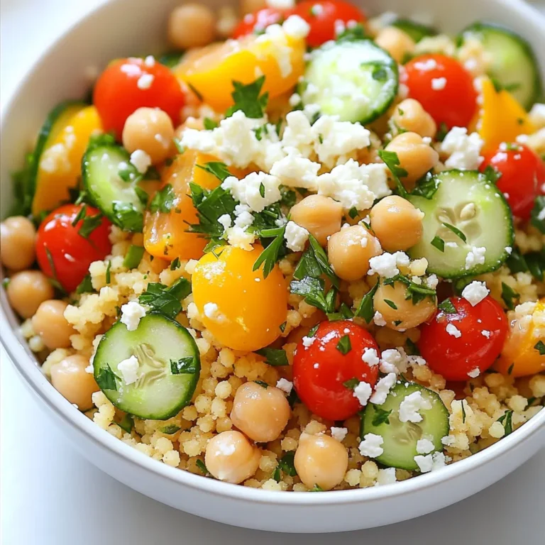 - 1 cup couscous - 1 ¼ cups vegetable broth - 1 tablespoon olive oil - Zest and juice of 1 lemon - 1 teaspoon garlic powder - ½ teaspoon ground cumin - ½ teaspoon salt - 1 cup cherry tomatoes, halved - 1 cucumber, diced - 1 cup canned chickpeas, drained and rinsed - ¼ cup fresh parsley, finely chopped - ¼ cup feta cheese, crumbled (optional) - Freshly ground black pepper to taste Couscous serves as the base of this dish. It cooks quickly and soaks up flavors well. Vegetable broth adds depth, making the couscous rich and savory. The lemon zest and juice brighten the dish, giving it a fresh taste. Garlic powder enhances the flavor without the hassle of chopping garlic. Ground cumin adds warmth and a hint of earthiness. Fresh parsley not only adds color but also a burst of freshness. You can customize your bowls with add-ons. Feta cheese brings a creamy touch. Add nuts for crunch or avocado for creaminess. Other vegetables like bell peppers or spinach can boost nutrition and flavor. If you want protein, grilled chicken, shrimp, or tofu makes a great choice. {{ingredient_image_2}} Start by boiling 1 ¼ cups of vegetable broth in a medium saucepan. Use medium-high heat for this. When the broth bubbles, stir in 1 cup of couscous. Remove the pan from heat right away. Cover it with a lid and let it sit for about 5 minutes. This allows the couscous to soak up all the broth. After 5 minutes, use a fork to fluff the couscous. This makes it light and fluffy. Now it’s time to add some flavor. To the fluffed couscous, add 1 tablespoon of olive oil, the zest and juice of 1 lemon, 1 teaspoon of garlic powder, ½ teaspoon of ground cumin, and ½ teaspoon of salt. Mix all these ingredients well. The lemon juice adds brightness while the cumin adds warmth. You want every grain of couscous to get coated in these tasty flavors. In a large bowl, combine 1 cup of halved cherry tomatoes, 1 diced cucumber, and 1 cup of drained and rinsed chickpeas. Add ¼ cup of finely chopped parsley to the bowl. Gently mix these veggies together. Next, pour your seasoned couscous into this bowl of vegetables. Toss everything together gently so the ingredients blend well. Taste your mixture. If it needs more flavor, add freshly ground black pepper or more lemon juice. Serve warm or let it cool. For an extra treat, sprinkle crumbled feta cheese on top. Enjoy your delicious Lemon Herb Couscous Bowls! To cook couscous well, start with the right broth. Using vegetable broth adds flavor. Bring 1 ¼ cups of broth to a boil. Stir in 1 cup of couscous, then remove it from heat. Cover it and let it sit for about 5 minutes. This step allows the couscous to absorb the broth. After 5 minutes, fluff it with a fork. Add olive oil, lemon zest, lemon juice, garlic powder, cumin, and salt. Mix it well for a tasty base. If you have leftovers, store them in an airtight container. Cool the couscous bowl before sealing it. This helps keep it fresh. You can refrigerate it for up to 3 days. If you want to enjoy it later, consider freezing it. Place it in a freezer-safe bag. Remove as much air as you can. Frozen couscous can last for about a month. Lemon Herb Couscous Bowls pair well with many dishes. Try serving them with grilled chicken or shrimp for protein. You can also add a fresh salad on the side. A simple green salad with a lemon vinaigrette works great. For a vegetarian option, serve it with roasted vegetables. Don’t forget to sprinkle some extra feta cheese on top if you like! Pro Tips Use Fresh Herbs: Fresh herbs like parsley and mint can elevate the flavor of your couscous bowls significantly. Don't hesitate to experiment with different herbs for a unique twist! Chill for Flavor: Allowing the couscous bowls to chill in the fridge for about 30 minutes can enhance the flavors, making it a great dish to prepare in advance. Customize Your Veggies: Feel free to add or substitute vegetables based on what's in season or your personal preference. Bell peppers, red onions, or avocado would work beautifully! Perfect Your Texture: For a creamier texture, consider mixing in a dollop of Greek yogurt or a splash of tahini before serving. This adds richness and a lovely tang! {{image_4}} You can make Lemon Herb Couscous Bowls even better by adding protein. Here are some ideas: - Grilled chicken breast adds great flavor and texture. - Shrimp cooked in garlic and lemon pairs well with the couscous. - For a plant-based option, try adding cooked lentils for protein. - Tofu, marinated and pan-fried, is another tasty choice. These options help create a balanced meal while keeping it fresh. Get creative with your vegetable choices. Here are some great options: - Bell peppers add sweetness and crunch. - Spinach or kale gives a nice green touch and extra nutrients. - Roasted zucchini or eggplant can add depth of flavor. - Avocado slices lend creaminess and healthy fats. Mix and match to suit your taste and what you have on hand. If you need a gluten-free version, no worries! Here are some swaps: - Use quinoa instead of couscous for a similar texture. - Rice is another good option; try jasmine or basmati. - Cauliflower rice is a light choice that’s very trendy. These alternatives keep the dish just as delicious and satisfying. Store leftover couscous bowls in an airtight container. Keep them in the fridge. They stay fresh for about 3 to 5 days. Make sure to separate any toppings like feta before storing. This keeps everything fresh and tasty. You can freeze couscous bowls if you want to save them longer. Use freezer-safe containers or bags. They can last up to 3 months in the freezer. When reheating, thaw in the fridge overnight. Then, warm them in a pot or microwave. Add a splash of water for moisture. The shelf life of each ingredient varies. Couscous can last for years if kept dry. Fresh veggies like tomatoes and cucumber stay good for about a week in the fridge. Chickpeas, canned or dry, last for a long time. Check the expiration dates for canned goods. Fresh herbs like parsley should be used within a few days for the best flavor. Yes, you can make these bowls ahead of time. Prepare the couscous and veggies separately. Store them in airtight containers in the fridge. When ready to eat, mix everything together. This also lets the flavors blend well. You can use quinoa or rice if you don’t have couscous. Both provide a nice texture. Quinoa adds more protein, while rice is a classic choice. You could even try orzo pasta for a fun twist. To make the dish vegan, simply skip the feta cheese. This dish is already packed with flavor. You can add more veggies or nuts for extra taste and protein. In this post, we explored making tasty lemon herb couscous bowls. We outlined the key ingredients you need and gave easy steps for cooking. You learned tips to perfect your couscous and how to store leftovers. We also discussed fun variations to try. These bowls are versatile and simple to enjoy. Whether you choose meat or veggies, you can create a dish that suits your taste. Enjoy making and sharing these delicious meals!