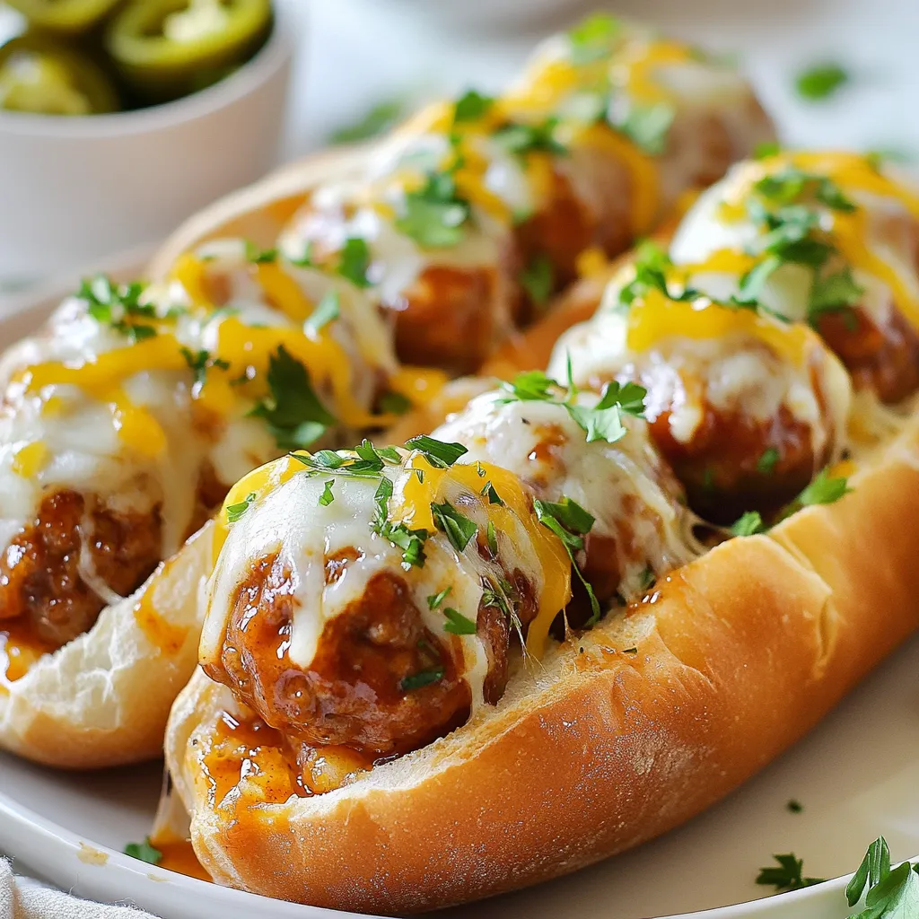 To make Tangy BBQ Meatball Subs, you need a few simple ingredients. Here’s what you will need: - 1 lb ground beef - 1/2 cup breadcrumbs - 1/4 cup grated Parmesan cheese - 1/4 cup fresh parsley, finely chopped - 1 large egg - 1 teaspoon garlic powder - 1 teaspoon onion powder - Salt and freshly ground black pepper, to taste - 1 cup tangy BBQ sauce (choose your preferred brand) - 4 soft sub rolls - 1 cup shredded mozzarella cheese - Optional: Pickled jalapeños, for a spicy kick These ingredients combine to create a delicious and satisfying meal. The ground beef serves as the base, while the breadcrumbs and cheese add texture. Fresh parsley brings a burst of flavor. The egg helps hold the meatballs together. Spices like garlic and onion powder enhance the taste. I love the tangy BBQ sauce because it ties everything together. The sub rolls are perfect for holding the meatballs, and the mozzarella cheese melts beautifully on top. If you like spice, pickled jalapeños are a great addition. With these ingredients, you're ready to create a tasty dish that everyone will enjoy! {{ingredient_image_2}} - Preheat your oven to 400°F (200°C). - Prepare a baking sheet by lining it with parchment paper. This keeps the meatballs from sticking. - In a large bowl, mix 1 lb ground beef, 1/2 cup breadcrumbs, 1/4 cup grated Parmesan cheese, 1/4 cup chopped parsley, 1 large egg, 1 teaspoon garlic powder, 1 teaspoon onion powder, and a pinch of salt and pepper. - Use your hands to mix until everything is well combined. - Place the baking sheet in the oven and bake for 15-20 minutes. The meatballs should be fully cooked, with a golden-brown outside. - While the meatballs bake, pour 1 cup of BBQ sauce into a saucepan. Heat it on medium until warm, stirring often. - Once the meatballs are done, take them out. Carefully move them to the saucepan with the BBQ sauce. Gently stir to coat each meatball evenly. Adjusting BBQ Sauce You can change the taste of your BBQ sauce. Add more spices to make it spicier. A splash of vinegar can give it more tang. If you want it sweeter, mix in some honey or brown sugar. Taste as you go to find your perfect blend. Recommended Meatball Seasoning For great meatballs, use garlic powder and onion powder. These spices add depth. Fresh herbs like parsley brighten up the flavor. Don't forget to add salt and pepper to enhance all the flavors. You can also try adding Italian seasoning for a twist. Best Practices for Toasting To toast sub rolls, cut them open but don’t slice all the way through. Place them cut side up on a baking sheet. Toast in the oven at 400°F for about 5 minutes. Check to avoid burning. This gives you a warm, crispy roll. Alternative Options for Crispy Rolls If you want a different crunch, try using ciabatta or hoagie rolls. These breads hold up well and add extra flavor. You can also grill the rolls for a charred taste. Just make sure they get nice and crispy for the best bite. Presentation Tips Serve your meatball subs on a large platter. Garnish with fresh parsley for a pop of color. You can also sprinkle extra cheese on top for a fancy look. Arrange pickled jalapeños on the side for those who like heat. Complementary Side Dishes Pair your subs with a fresh salad or crispy fries. Coleslaw adds a nice crunch and balances the flavors. You can also serve baked beans for some extra heartiness. These sides make your meal more complete and enjoyable. Pro Tips Use Fresh Ingredients: For the best flavor, use fresh herbs and quality ground beef. Fresh parsley will elevate the taste of your meatballs significantly. Customize Your BBQ Sauce: Experiment with different BBQ sauces or even make your own for a unique twist. Adding a bit of honey or mustard can enhance the flavor profile. Meatball Size Matters: Ensure your meatballs are uniform in size for even cooking. About 1 inch in diameter is ideal for a perfect sub. Perfectly Melted Cheese: For the best cheese melt, consider covering the subs with aluminum foil for the first few minutes in the oven before uncovering them to brown the cheese. {{image_4}} You can switch the ground beef for turkey or chicken. Both options are leaner. They will still taste great with BBQ sauce. For cheese, try cheddar or pepper jack for a fun twist. These cheeses bring a unique flavor and texture. Want more flavor? Add spices like smoked paprika or cayenne pepper to the meatball mix. This gives them a nice kick! You can also use different BBQ sauces. Choose sweet, spicy, or tangy, depending on your taste. Each sauce changes the flavor of the subs. If you're gluten-free, use gluten-free breadcrumbs. They work just as well. For vegetarians, substitute meat with lentils or black beans. You can also use store-bought veggie meatballs. These swaps keep the taste delicious for everyone! - Refrigeration Guidelines: Store leftovers in the fridge. Use an airtight container. They stay fresh for up to three days. - Recommended Storage Containers: Glass containers work best. They seal tightly and keep food safe. Plastic containers are fine too, but check for leaks. - Best Methods for Reheating: Use the oven for best results. Preheat to 350°F (175°C). Place the subs on a baking sheet. Heat for about 10 minutes. - Keeping Meatballs Moist: Add a little BBQ sauce to the meatballs. This keeps them from drying out during reheating. Cover the subs with foil for even heat. - Freezing for Later Use: You can freeze meatballs and sauce separately. Use freezer-safe bags or containers. They last up to three months. - Thawing Instructions: Thaw in the fridge overnight. For a quick option, use the microwave. Heat in short bursts to avoid cooking them. You can use oats or crushed crackers instead of breadcrumbs. Both options work well. Oats add fiber, while crackers give a nice crunch. Just replace the breadcrumbs with the same amount of your chosen substitute. This keeps your meatballs together without losing flavor. Yes! You can try marinara, teriyaki, or a spicy hot sauce. Each sauce brings a new taste. For a sweet twist, use honey mustard. Experiment with different flavors to find your favorite. You can serve meatball subs with a side salad or coleslaw. Both add freshness. Sweet potato fries or regular fries also make a great match. For a fun twist, try pickles or chips on the side. To keep meatballs juicy, do not overmix the meat. Use fresh ingredients, and don’t skip the egg. The egg helps bind and add moisture. Also, consider adding a bit of milk or broth to the meat mixture. Yes, you can make the meatballs and sauce ahead of time. Store them in the fridge for up to two days. When ready to serve, heat them and fill the subs. This saves time for busy days or gatherings. Making these BBQ meatball subs is simple and fun. We covered the right ingredients, step-by-step instructions, tips, and variations to try. You can customize your subs to fit any taste. Whether you prefer different meats or sauces, there are endless options. Remember, proper storage helps you enjoy leftovers later. These tasty subs can please any group. Don’t be afraid to experiment and make them your own. Enjoy your cooking adventure!