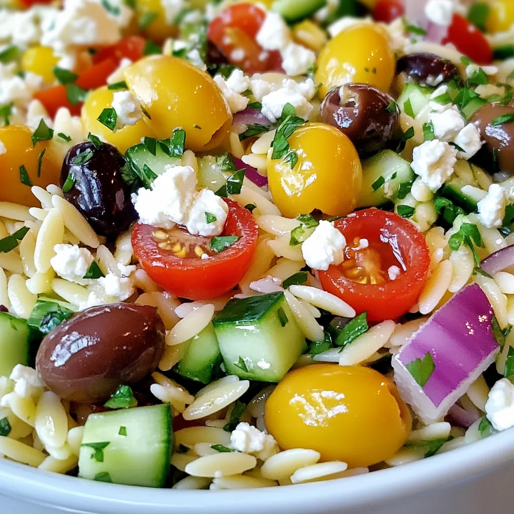 To make a tasty Mediterranean Orzo Salad, gather the following ingredients: - 1 cup orzo pasta - 1 cup cherry tomatoes, halved - 1 cucumber, diced into bite-sized pieces - 1/2 red onion, finely chopped - 1/2 cup Kalamata olives, pitted and sliced - 1/2 cup feta cheese, crumbled for creaminess - 1/4 cup fresh parsley, chopped for freshness - 1/4 cup extra virgin olive oil for richness - 2 tablespoons freshly squeezed lemon juice for zest - 1 teaspoon dried oregano for aromatic flavor - Salt and freshly ground pepper to taste You can easily swap ingredients for different flavors or dietary needs. Here are some ideas: - Orzo Pasta: Use quinoa or farro for a gluten-free option. - Cherry Tomatoes: Substitute with diced bell peppers or sun-dried tomatoes for a unique twist. - Cucumber: Zucchini or radishes make crunchy alternatives. - Red Onion: Use green onions or shallots for a milder taste. - Kalamata Olives: Any type of olives will work. Try green olives for a different flavor. - Feta Cheese: Use goat cheese or a vegan cheese for dairy-free options. - Fresh Parsley: Basil or mint can add a fresh kick. - Extra Virgin Olive Oil: Avocado oil provides a different richness. - Lemon Juice: Lime juice can also add a zesty touch. - Dried Oregano: Italian seasoning gives a similar flavor profile. This salad is not just delicious; it’s also nutritious! Here’s a quick look at what you get per serving: - Calories: Approximately 280 - Protein: 8g - Carbohydrates: 30g - Fat: 14g - Fiber: 3g - Sodium: 350mg (varies with added salt) This dish is a great way to get healthy fats, fresh veggies, and satisfying carbs. Enjoy its taste and the good nutrients it offers! {{ingredient_image_2}} To cook orzo, start by boiling a large pot of salted water. Use a generous amount of water; this helps the orzo cook evenly. Once the water reaches a rolling boil, add one cup of orzo pasta. Cook it according to the package instructions. You want it to be al dente, which means it should still have a slight bite. This usually takes about 8 to 10 minutes. After cooking, drain the orzo in a colander. Rinse it under cold water to stop the cooking process and cool it down. This step is crucial for a fresh salad. Set the orzo aside to cool completely before mixing it with the vegetables. While the orzo cooks, prep your vegetables. First, take a cup of cherry tomatoes. Cut each tomato in half. This will help release their juice into the salad. Next, grab one cucumber. Dice it into bite-sized pieces. Aim for uniformity to make every bite delightful. Then, finely chop half a red onion. This adds a nice crunch and flavor. After that, slice half a cup of Kalamata olives. Finally, chop a quarter cup of fresh parsley. This will add a pop of color and freshness to your salad. Make sure all your veggies are ready before mixing. To make the dressing, grab a small bowl. Whisk together a quarter cup of extra virgin olive oil. Add two tablespoons of freshly squeezed lemon juice for brightness. Then, sprinkle in one teaspoon of dried oregano for flavor. Finally, add salt and freshly ground pepper to taste. Taste the dressing and adjust as needed. If it’s too tangy, add a bit more olive oil. If it needs more zest, squeeze in extra lemon juice. The goal is a balanced dressing that enhances the salad's flavors. This dressing will tie all the ingredients together beautifully. To cook orzo pasta well, start with lots of salted water. Use a big pot for this. Bring the water to a boil before adding the orzo. Cook it according to the package's time to get that perfect al dente bite. After draining, rinse it with cold water. This stops the cooking and keeps it firm. Let it cool down completely. This step ensures your salad does not get mushy. Add extra zest to your Mediterranean orzo salad! Try mixing in different herbs, like fresh basil or mint. These herbs add a nice twist. You can also use sun-dried tomatoes for a deeper flavor. For a bit of heat, add some crushed red pepper flakes. If you want a creamy touch, a bit more feta cheese can help. Taste as you go to find what you love best! Meal prep makes this salad quick and easy. Cook the orzo and chop the veggies ahead of time. Keep them in separate containers in the fridge. Make the dressing in advance too. Store it in a jar, and shake before using. When you’re ready to eat, just mix everything together. This way, you can enjoy a fresh Mediterranean orzo salad anytime! Pro Tips Cook Orzo Perfectly: To achieve the best texture, ensure that the orzo is cooked al dente. This will prevent it from becoming mushy when combined with the other ingredients. Fresh Ingredients Matter: Use the freshest vegetables and herbs you can find. They will enhance the flavor and overall appeal of your salad. Customize Your Add-Ins: Feel free to add other Mediterranean ingredients like bell peppers, artichokes, or even grilled chicken to make this salad your own. Chill for Flavor: Allowing the salad to chill for at least 30 minutes lets the flavors meld together, making each bite even more delicious. {{image_4}} You can easily add protein to your Mediterranean orzo salad. Chicken, shrimp, or chickpeas work well. For chicken, grill or roast it first. Dice it into bite-sized pieces before mixing it in. If shrimp is your choice, sauté it with garlic and lemon. Cook until just pink, then toss it in. Chickpeas are a great vegan option. Just rinse and drain canned chickpeas, then add them straight in. All these options make the salad hearty and satisfying. This salad is great year-round, but you can change ingredients based on the season. In spring, try adding artichoke hearts or asparagus. These vegetables add a fresh crunch. For summer, consider sweet corn or bell peppers for a pop of color. You can also use fresh herbs like basil or mint. These add bright flavors and make the salad feel light and refreshing. Seasonal changes keep your dish exciting and tasty. If you're looking for vegan options, you can swap out the feta cheese. Try using crumbled tofu or a store-bought vegan feta. These alternatives give you a similar texture without dairy. For dressings, replace the regular olive oil with a plant-based option. You can use tahini or avocado oil. Both add unique flavors while keeping everything vegan. This way, everyone can enjoy the dish, no matter their diet. To keep your Mediterranean Orzo Salad fresh, store it in an airtight container. This helps prevent any odors from other foods in your fridge. If you plan to enjoy it later, do not add the dressing until you're ready to serve. The dressing can make the orzo soggy over time. Keep the salad in the fridge and eat it within three days for the best taste. Freezing Mediterranean Orzo Salad isn’t the best choice. The vegetables will lose their crunch and become mushy upon thawing. However, if you want to freeze it, separate the orzo from the veggies and dressing. You can freeze plain orzo for up to three months. When ready to use, thaw it in the fridge overnight and mix it with fresh vegetables and dressing. If you've stored your salad in the fridge and want to enjoy it warm, you can reheat the orzo. Heat a small pot over low heat and add a splash of water or olive oil. Add the orzo and stir until warmed through. Avoid reheating the vegetables or feta, as they taste best when fresh. After reheating, mix everything back together and serve immediately for a delicious meal. Mediterranean Orzo Salad stays fresh in the fridge for about three to five days. Keep it in an airtight container to preserve its flavors. After a few days, the veggies may soften, but it will still taste good. Yes, you can make Mediterranean Orzo Salad ahead of time. I often prepare it a day before serving. The salad tastes even better after sitting in the fridge. The flavors meld together, making each bite delicious. This salad pairs well with grilled chicken or fish for protein. You can also serve it with warm pita bread or hummus for a fun twist. For a vegetarian option, add roasted vegetables or chickpeas to your meal. Mediterranean Orzo Salad brings fresh flavors to your table with easy steps. We covered ingredients, cooking tips, and meal variations. You learned how to store and reheat leftovers effectively. Remember, this dish can adapt to your taste and what’s in season. Enjoy making this salad and share it with friends. It’s a fun way to eat healthy and delicious food. Keep exploring new ideas to make it your own. Happy cooking!