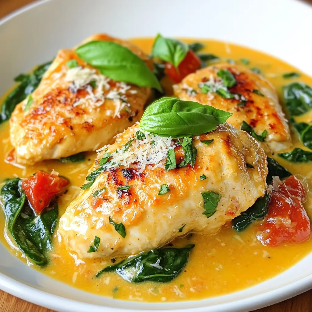 - 2 boneless, skinless chicken breasts - 1 tablespoon olive oil - 3 cloves garlic, minced - 1 can (14 oz) diced tomatoes (with juices) - 1 cup fresh spinach, roughly chopped - 1 cup heavy cream - 1 teaspoon Italian seasoning - Salt and black pepper to taste - 1/2 cup grated Parmesan cheese - Fresh basil leaves for garnish To make this creamy tomato spinach chicken, you need a few key items: - A large skillet - A cutting board - A knife - A stirring spoon - A measuring cup for the cream - A spatula for flipping the chicken These tools help you cook the chicken evenly and mix the sauce well. Using the right equipment makes cooking easier and more fun! {{ingredient_image_2}} Start by heating the olive oil in a large skillet over medium heat. While the oil warms, season the chicken breasts with salt and black pepper on both sides. This adds flavor and enhances the dish. Carefully place the chicken in the skillet. Cook for about 6-7 minutes on each side until it turns golden brown. The chicken should be cooked through and juicy. Once done, take the chicken out of the skillet and set it aside on a plate. In the same skillet, add the minced garlic. Sauté it for about 30 seconds. Stir often until the garlic becomes fragrant and slightly golden. This step is key for great flavor. Now, pour in the can of diced tomatoes, juices included. Stir in the Italian seasoning as well. Let the mixture simmer for 3-4 minutes. This helps the flavors blend together nicely. After that, reduce the heat to low. Add the heavy cream and grated Parmesan cheese. Stir until the cheese melts and the sauce becomes creamy. Next, add the roughly chopped spinach to the skillet. Cook it gently, stirring until it wilts. This usually takes about 2-3 minutes. Once the spinach is ready, return the cooked chicken to the skillet. Spoon the creamy tomato spinach sauce over the chicken. Heat everything together for another 2-3 minutes to warm up the chicken. Finally, taste the sauce and adjust seasoning if needed. Enjoy this dish warm, garnished with fresh basil leaves for a lovely finish. To make the sauce smooth, add heavy cream slowly. Stir well as you pour it in. This helps it mix evenly. The diced tomatoes give the sauce a nice flavor. Use good-quality canned tomatoes for the best taste. If you want more flavor, add a pinch of sugar to balance the acidity. Don’t forget to taste as you go! Adjust salt and pepper based on your liking. Cook the chicken over medium heat. This helps it cook evenly. Season both sides well. Don't rush this step; a nice golden crust is key. Cook it for about 6-7 minutes on each side. Use a meat thermometer to check if it reaches 165°F. Let the chicken rest on a plate for a few minutes. This keeps it juicy. For a stunning look, use shallow bowls. Place the creamy chicken in the center and pour sauce around it. Add a sprinkle of Parmesan on top. A few basil leaves will add color and freshness. This small touch makes a big difference. Serve with a side of crusty bread for a complete meal. Pro Tips Chicken Tenderness: To ensure your chicken stays juicy and tender, avoid overcooking. Use a meat thermometer; the internal temperature should reach 165°F (75°C). Freshness Matters: Whenever possible, use fresh spinach instead of frozen for better texture and flavor in your dish. Customize Your Sauce: Experiment with herbs and spices; adding a pinch of red pepper flakes can give your creamy sauce a nice kick! Perfect Presentation: For a beautiful presentation, serve the creamy chicken in shallow bowls, garnishing with extra grated Parmesan and fresh basil leaves. {{image_4}} You can switch out chicken for other proteins. Shrimp works great in this dish. Just cook the shrimp for a few minutes until they turn pink. You can also use firm tofu for a plant-based option. Slice tofu into cubes and sauté until golden brown. Both options add a fresh twist to the creamy sauce. For a vegetarian take, skip the chicken and add more veggies. Try mushrooms, zucchini, or bell peppers. Sauté these in the olive oil until soft. You can also add chickpeas for extra protein. These swaps keep the dish hearty and satisfying without meat. Want to boost flavors? Add a pinch of red pepper flakes for heat. A splash of balsamic vinegar can add a tangy kick. Fresh herbs like thyme or oregano enhance the aroma. You can also swap regular Parmesan for a smoked variety for a deeper taste. These small changes can make a big difference in your dish! You can keep leftovers of your creamy tomato spinach chicken in the fridge. Place the chicken and sauce in an airtight container. It stays fresh for about 3 to 4 days. Make sure it cools down before sealing. This helps prevent moisture buildup and keeps your meal tasty. If you want to store it longer, freezing is a good option. To freeze, let the dish cool completely. Then, transfer it to a freezer-safe container or bag. It can last for up to 3 months in the freezer. When ready to eat, thaw it in the fridge overnight before reheating. Reheating is simple! You can use the microwave or stovetop. For the microwave, place a portion in a bowl and heat for about 2-3 minutes. Stir halfway through for even heating. If using the stovetop, warm it in a skillet over low heat. Add a splash of cream if the sauce seems thick. Enjoy your dish just like the first time! Yes, you can use other cheeses. Mozzarella or feta cheese work great too. They add a unique flavor. If you want a stronger taste, try cheddar. Just remember, the cheese should melt well to keep the sauce creamy. This dish pairs well with many sides. You can serve it with rice or pasta for a filling meal. A simple salad can add freshness. Garlic bread is also a wonderful choice to soak up the sauce. Choose what you enjoy most! To make it healthier, use less cream or a lighter version. You can swap heavy cream for Greek yogurt. This keeps the dish creamy but reduces calories. Adding more spinach or other veggies boosts nutrition too. Always feel free to adjust to fit your taste and health goals! In this post, we explored how to make a delicious creamy tomato spinach chicken skillet. We covered the key ingredients and cooking gear you need. I shared step-by-step instructions for cooking chicken and preparing the sauce. We also discussed tips for perfecting your dish and ways to add variety. Finally, we looked at how to store leftovers and answered common questions. With these insights, you'll impress yourself and others with this tasty meal. Enjoy cooking and have fun experimenting!