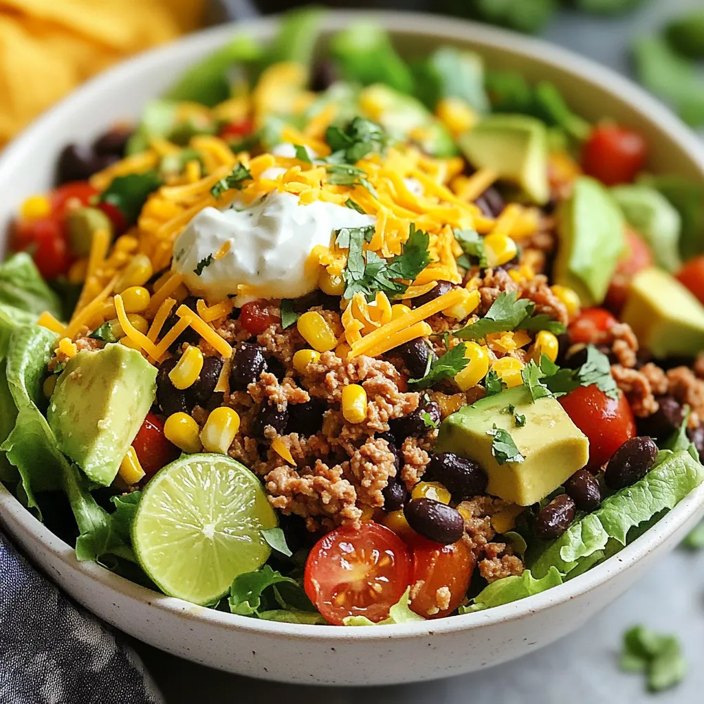 - 1 lb ground turkey or beef - 1 packet taco seasoning - 1 can black beans, drained and rinsed - 1 cup corn kernels (fresh or frozen) - 1 large head romaine lettuce, chopped into bite-sized pieces - 1 cup cherry tomatoes, halved - 1 ripe avocado, diced To create a great loaded taco salad, the main ingredients are key. Ground turkey or beef brings protein and flavor. I prefer ground turkey for a lighter option. Black beans and corn add texture and fiber, making this salad filling. Romaine lettuce gives a nice crunch, while cherry tomatoes and avocado add freshness. - 1 cup shredded cheese (cheddar or Mexican blend) - 1/2 cup sour cream or Greek yogurt - 1/4 cup fresh cilantro, finely chopped - Juice of 1 lime Toppings make your salad shine. Cheese adds richness, and I like using cheddar or a Mexican blend. Avocado and sour cream provide creaminess. Fresh herbs like cilantro bring bright flavor. A squeeze of lime juice ties everything together with a zesty touch. - Tortilla chips for added crunch - Additional seasonings for extra flavor - Substitute proteins or vegan options Optional add-ins can take your salad to the next level. Crunchy tortilla chips add texture that everyone loves. You can try adding more seasonings if you like bold flavors. If you want a vegan option, use beans or tofu instead of meat. {{ingredient_image_2}} First, heat a large skillet over medium heat. Add one pound of ground turkey or beef. Cook until the meat turns brown and is no longer pink, which takes about seven to ten minutes. If you see excess fat, gently drain it off. Next, sprinkle in one packet of taco seasoning. Pour in about two-thirds of a cup of water as the packet directs. Stir well to mix everything together. Let it simmer on low heat for five minutes. This lets the flavors blend nicely. Once done, take it off the heat and set it aside. In a big mixing bowl, combine the chopped romaine lettuce, one can of drained and rinsed black beans, and one cup of corn kernels. You can use fresh or frozen corn, depending on what you have. Then, add one cup of halved cherry tomatoes and one diced ripe avocado. Stir gently to mix the veggies without mashing the avocado. When the meat has finished cooking, add it to the bowl with the veggies. Carefully stir to combine all the tasty ingredients. In a separate small bowl, whisk together half a cup of sour cream or Greek yogurt with the juice of one lime. This adds a nice zing. Season the dressing with salt and pepper to taste. This step is key for flavor. Drizzle the creamy dressing over the salad and gently toss all the ingredients. Make sure everything is well coated and ready to serve. To ensure even cooking of meat, use medium heat. Break the meat into small pieces as it cooks. This helps it brown nicely. If you see excess fat, drain it off to keep the dish light. For seasoning, sprinkle the taco mix evenly while the meat cooks. This way, every bite gets great flavor. When mixing the salad, gently fold the ingredients together. This keeps the avocado from getting mushy. A mixed salad distributes flavors well, but layers can look pretty. You can build layers of lettuce, beans, corn, and meat for a fun presentation. For serving, use large salad bowls. This makes it easy for everyone to dig in. Add extra slices of avocado on top for color. A few whole tortilla chips nestled in the salad add crunch. Finish with a lime wedge on the side for a fresh touch. Pro Tips Fresh Ingredients: Use the freshest produce possible for the best flavor in your salad. Look for vibrant, crisp lettuce and ripe avocados. Customize Your Protein: Feel free to substitute ground turkey or beef with shredded chicken, tofu, or a plant-based meat alternative for a different twist. Layer Flavors: Consider adding additional spices or hot sauce to the meat mixture for a bolder flavor profile that suits your taste. Make Ahead: Prepare the salad components in advance and store them separately in the fridge. Combine and dress just before serving to keep everything fresh. {{image_4}} You can switch up the protein in your loaded taco salad. Ground turkey or beef works great, but chicken or tofu can also shine. - For chicken, grill or sauté it until golden brown. Shred it and mix it in. - Tofu offers a great vegetarian option. Press it, cube it, and sauté until crispy. For those going meatless, try using lentils or quinoa instead. They add texture and protein too. Dressing can make or break your salad. While I love the creamy sour cream, there are many ways to mix it up. - Try ranch dressing for a different flavor. - A zesty vinaigrette can add a tangy punch. You can also customize flavors with spices. Add chili powder for heat or garlic powder for depth. Just a pinch can change everything. Make your taco salad fresh by adding seasonal veggies. - In summer, add cucumber or bell peppers for crunch. - In fall, roasted sweet potatoes can bring warmth and sweetness. Changing ingredients based on availability keeps the salad exciting. Use what’s fresh at the market. This way, every salad is a new adventure! Store your loaded taco salad in an airtight container. This keeps it fresh and tasty. Place it in the fridge right after serving. It will stay good for about 3 days. You can enjoy it again for lunch or dinner! If you want to keep it longer, you can freeze it. Yes, you can freeze loaded taco salad. However, some components do not freeze well. The lettuce and avocado may become mushy. To freeze, store the meat and beans separately. Use a freezer-safe bag or container. When you are ready to eat, thaw it in the fridge overnight. To reheat, warm the meat mixture in a skillet. Do not reheat the salad with fresh veggies. Add fresh toppings after reheating to keep them crunchy. You can prepare many of the ingredients ahead of time. Cook the meat and mix the beans and corn. Store these in the fridge for up to 3 days. Wash and chop the lettuce, tomatoes, and avocado right before serving. Keep the components separate for the best flavor. This way, you can mix them together fresh. It makes your salad taste great every time! You can make your own taco seasoning at home. Mix these spices for a tasty blend: - 1 tsp chili powder - 1 tsp cumin - 1 tsp paprika - 1/2 tsp garlic powder - 1/2 tsp onion powder - 1/2 tsp oregano - Salt and pepper to taste If you want different flavors, try using chili flakes or smoked paprika. You can also use store-bought spice mixes labeled for tacos. They work well in a pinch. Yes, you can prep the salad ahead of time. Keep the veggies fresh by storing them separately. Here are some tips: - Use airtight containers for veggies. - Chop lettuce and store it dry. - Mix beans and corn in another container. Add toppings right before serving. This keeps everything crunchy and fresh. Save the creamy dressing in a small jar. Pour it just before you eat. Yes, loaded taco salad can be gluten-free. Choose gluten-free taco seasoning and check all labels. Here are some tips to ensure your meal stays gluten-free: - Use certified gluten-free tortilla chips. - Check the labels on canned beans and corn for gluten. Avoid cross-contamination by washing all utensils and cutting boards. This keeps your salad safe and delicious! This loaded taco salad blends ground turkey or beef, beans, and fresh veggies. Topped with cheese, avocado, and zesty dressing, it’s a crowd-pleaser. Remember to mix flavors and colors for the best presentation. Consider trying protein alternatives or seasonal veggies to keep it fresh. Storage tips help you save leftovers, and meal prep makes it easy during busy weeks. Experiment with your own flair, and enjoy a delicious meal that fits your taste perfectly!