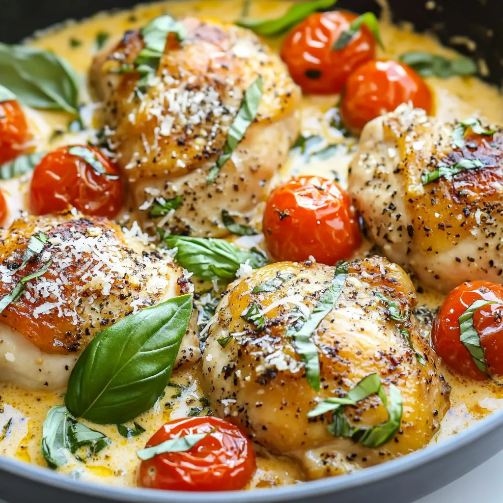 - 4 boneless, skinless chicken thighs - 2 tablespoons olive oil - 1 cup cherry tomatoes, halved - 3 cloves garlic, minced - 1 cup heavy cream - 1 teaspoon dried basil - 1 teaspoon dried oregano - Salt and pepper to taste - Fresh basil leaves for garnishing - Grated Parmesan cheese for serving - Spinach for serving - Garlic bread as a side - Large skillet - Cooking utensils (spatula, tongs) - Measuring cups and spoons When I make Creamy Tomato Chicken Skillet, I always gather my main ingredients first. I love the juicy chicken thighs and sweet cherry tomatoes. The garlic adds a nice punch, while the heavy cream makes everything rich and creamy. I like to sprinkle in dried herbs like basil and oregano for a bit of warmth. Don't forget the salt and pepper! They really bring out the flavors. If I want to make it extra special, I add spinach for a fresh touch. Garlic bread makes a perfect side to soak up that delicious sauce. I also grab my tools: a large skillet for cooking and some measuring cups for accuracy. This way, I can focus on creating a dish that impresses everyone at the table. {{ingredient_image_2}} - Heat the olive oil in a large skillet over medium-high heat. - Season the chicken thighs with salt and pepper. Start by heating the olive oil. You want it hot but not smoking. Once the oil shimmers, add your seasoned chicken thighs. This step locks in flavor right away. - Sear for 5-7 minutes on each side until golden brown. - Check for an internal temperature of 165°F (74°C). Now, let the chicken sear. Golden brown is your goal. Use a meat thermometer to check if it’s done. If it reads 165°F, it’s safe to take out. Place it on a plate to rest while you make the sauce. - Sauté minced garlic for about 30 seconds. - Add cherry tomatoes and cook until softened. - Stir in heavy cream, basil, and oregano. In the same skillet, add minced garlic. Sauté it for about 30 seconds. You want it fragrant, not burnt. Then, toss in halved cherry tomatoes. Cook them until they soften and blister, about 3-4 minutes. Now pour in heavy cream. Add dried basil and oregano. Stir this mix and let it simmer for 3-5 minutes. It should thicken nicely. - Reintroduce the chicken into the skillet. - Simmer for an additional 2-3 minutes. Bring the chicken back to the skillet. Nestle it in the creamy sauce. Spoon the sauce over the chicken. Let it simmer for another 2-3 minutes. This warms the chicken and coats it in flavor. - Use fresh herbs instead of dried for a brighter taste. Fresh basil makes a big difference. - Add a pinch of red pepper flakes for heat. This adds a nice kick to the dish. - Stir constantly to avoid scorching the cream. This helps keep the sauce smooth and rich. - Adjust heat as necessary to maintain a gentle simmer. Too high a heat can ruin the sauce. - Serve with sautéed spinach or garlic bread. Both pair well with the creamy sauce. - Use rustic plates for appealing presentation. It makes your meal look even more inviting. Pro Tips Use Fresh Ingredients: Whenever possible, opt for fresh cherry tomatoes and herbs. They will enhance the flavor and freshness of the dish significantly. Don’t Rush the Searing: Allow the chicken thighs to sear without moving them too much. This helps achieve a nice golden crust, which adds depth to the overall flavor. Adjust Creaminess: For a lighter version, feel free to substitute half of the heavy cream with chicken broth. This will still keep the sauce flavorful while reducing the richness. Garnish for Presentation: Fresh basil and Parmesan not only enhance flavor but also add a beautiful touch to your dish. Consider adding a drizzle of balsamic reduction for extra visual appeal. {{image_4}} You can easily swap chicken thighs for chicken breasts. Chicken breasts are leaner and cook faster. If you want a different texture, try diced tomatoes in place of cherry tomatoes. Diced tomatoes give a heartier feel to the dish. For a dairy-free option, use coconut cream instead of heavy cream. This will keep the dish creamy and rich without dairy. You can also add more veggies, like bell peppers or zucchini, for extra nutrition. These veggies add color and flavor while boosting health benefits. To give this dish a Mediterranean feel, add some Italian seasonings. Dried oregano and basil work well here. If you want more depth, include a splash of white wine in the sauce. This will enhance the flavors and add a nice twist to the dish. Store leftovers in an airtight container for up to 3 days. This keeps the dish fresh and tasty. I recommend letting it cool down before sealing. This helps maintain the creaminess. To reheat, use a skillet over low heat. This method keeps the cream sauce smooth. If the sauce thickens, add a splash of cream. This simple step brings back its rich texture. You can freeze this dish in a freezer-safe container for up to 2 months. Make sure it’s cool before you freeze it. When ready to eat, thaw it in the refrigerator. This method ensures even reheating later. Prep time is 10 minutes. Cooking takes about 20 minutes. The total time is 30 minutes. Yes, you can use frozen chicken. Just make sure it is fully thawed before cooking for even doneness. You can serve it with pasta, rice, or a fresh salad. These sides balance the rich sauce. Yes, this recipe can fit many diets. You can make it gluten-free, dairy-free, or low-carb. Just swap out the ingredients as needed. In this blog post, we explored how to make a delicious Creamy Tomato Chicken Skillet. We discussed the main ingredients and optional additions that enhance flavor. I shared step-by-step cooking instructions, tips to perfect the sauce, and variations to meet different diets. Remember, this recipe is easy to adjust based on your tastes. Whether you serve it with spinach or garlic bread, you can create a meal that's satisfying and fun. Enjoy making this dish and sharing it with loved ones!