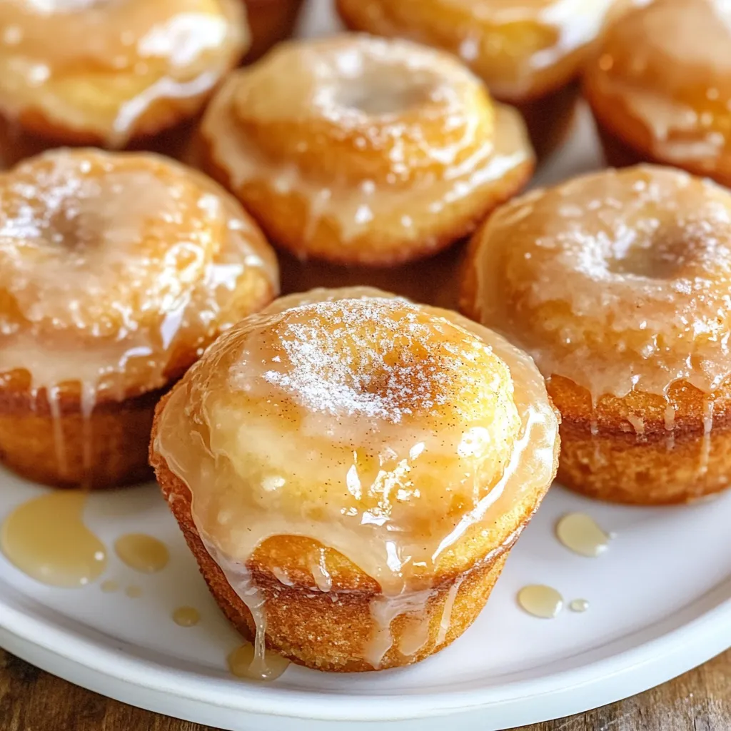 - 1 ½ cups all-purpose flour - ½ cup granulated sugar - ¼ cup packed brown sugar - 1 tablespoon baking powder - ½ teaspoon ground nutmeg - ½ teaspoon ground cinnamon - ½ teaspoon salt - 1 large egg - 1 cup whole milk - ¼ cup unsalted butter, melted - 1 teaspoon vanilla extract - ½ cup maple syrup (for glazing) - 1 cup powdered sugar (for glazing) Gathering the right ingredients is key for your Maple Glazed Donut Muffins. Start with the dry ingredients. You need all-purpose flour for texture and structure. Granulated and brown sugars add sweetness and depth. Baking powder gives your muffins that lovely rise. Ground nutmeg and cinnamon bring warmth and spice, while salt balances the flavors. Next, let’s move to the wet ingredients. A large egg helps bind everything together. Whole milk keeps the muffins moist and fluffy. Melted unsalted butter adds richness, while vanilla extract brings a lovely aroma. For the glaze, we use maple syrup and powdered sugar. This will create a sweet, sticky topping that is hard to resist. Make sure to measure everything carefully. This will help your muffins turn out perfect every time. {{ingredient_image_2}} First, preheat your oven to 350°F (175°C). This step is key for even baking. Next, prepare your muffin tin. You can grease it with non-stick spray or use muffin liners. This makes it easy to take out the muffins later. In a big bowl, add the following dry ingredients: - 1 ½ cups all-purpose flour - ½ cup granulated sugar - ¼ cup packed brown sugar - 1 tablespoon baking powder - ½ teaspoon ground nutmeg - ½ teaspoon ground cinnamon - ½ teaspoon salt Whisk these ingredients well. This helps to mix them evenly. Getting this right makes sure every muffin tastes great. Now, take another bowl. Crack one large egg into it. Add 1 cup whole milk, ¼ cup melted unsalted butter, and 1 teaspoon vanilla extract. Whisk these together until the mix is smooth. This step adds flavor and moisture to the muffins. Carefully pour the wet mix into the dry mix. Use a spatula or wooden spoon to stir. Only mix until you see no dry flour. Over-mixing can make the muffins tough instead of light and fluffy. Use a spoon or ladle to fill each muffin cup about ¾ full with batter. This helps them bake evenly. Place the muffin tin in the oven. Bake for 18-20 minutes. A toothpick should come out clean when done. While the muffins bake, make the maple glaze. In a small bowl, whisk together ½ cup maple syrup and 1 cup powdered sugar. Keep whisking until it is smooth and lump-free. After baking, let the muffins cool in the tin for about 5 minutes. Then, move them to a wire rack. While they are still warm, dip the tops into the maple glaze. Let any extra glaze drip back into the bowl. For a sweet twist, sprinkle a mix of cinnamon and sugar on top while the glaze is still wet. To make your muffins light, focus on mixing. Start with fresh ingredients. When you mix dry and wet items, do it gently. Over-mixing leads to dense muffins. Just mix until you see no dry flour. This keeps air in the batter. To keep your muffins fresh, store them in an airtight container. They stay good for up to three days at room temperature. If you want them to last longer, freeze them. Wrap each muffin in plastic wrap. Place them in a freezer bag or container. They will keep for about three months. Pair your maple glazed donut muffins with coffee or tea. The warm flavors match perfectly. For a fun twist, serve them with fresh fruit or berries. This adds color and freshness to your plate. You can even drizzle leftover glaze on top for extra sweetness. Pro Tips Use Fresh Ingredients: For the best flavor, ensure your baking powder is fresh and your spices are not past their prime. Don’t Overmix: Mix the batter until just combined to keep the muffins light and fluffy. Overmixing can lead to dense muffins. Cool Before Glazing: Allow the muffins to cool slightly before dipping in the glaze to prevent it from melting off. Experiment with Flavors: Feel free to add chocolate chips or nuts to the batter for an extra flavor twist! {{image_4}} You can easily add flavors to your maple glazed donut muffins. Mix in some nuts for a crunch. Chopped walnuts or pecans work well. You can also add chocolate chips for sweetness. Dark or milk chocolate both taste great. Try adding ½ cup of your choice to the batter before baking. This makes each bite even more exciting! While maple glaze is delicious, you can try different glazes. A chocolate glaze brings a rich taste. To make it, melt ½ cup of chocolate chips with a little cream. For a vanilla glaze, mix 1 cup of powdered sugar with 2 tablespoons of milk and a splash of vanilla. Each glaze gives a unique twist to the muffins. If you need to make these muffins gluten-free, swap the all-purpose flour with a gluten-free blend. Ensure it has a good binding agent. For a vegan version, replace the egg with a flax egg. Mix 1 tablespoon of flaxseed meal with 2.5 tablespoons of water. Let it sit until it thickens. Use almond or oat milk instead of whole milk. These adjustments keep your muffins tasty for everyone! Maple glazed donut muffins taste best when fresh. You can store them at room temperature. They will stay good for about 2-3 days. To keep them fresh, place muffins in an airtight container. You can also use a zip-top bag. Make sure to remove as much air as possible. This helps prevent them from getting dry. If you live in a hot or humid place, store them in the fridge. This keeps them fresh a bit longer. Freezing is a great way to save leftover muffins. To freeze them, first let them cool completely. Then, wrap each muffin in plastic wrap. After that, place them in a freezer bag. Label the bag with the date. Muffins can last up to 3 months in the freezer. When you want to eat one, take it out and let it thaw at room temperature. You can also warm it in the microwave for 10-15 seconds. Enjoy the sweet taste again! To make your muffins moist, add a bit of sour cream or yogurt. These ingredients boost moisture and add creaminess. You can also try using buttermilk instead of whole milk. It makes the muffins tender and rich. Lastly, be sure not to over-bake them. Overbaking dries them out. Yes, you can make these muffins ahead of time. Bake them and let them cool completely. Then, store them in an airtight container. You can keep them at room temperature for up to two days. For longer storage, freeze them. Just thaw at room temperature when ready to enjoy. If you don’t have maple syrup, you can use honey or agave nectar. Both options will provide sweetness. You could also use a simple glaze made of powdered sugar and milk. Just mix them until smooth for a quick substitute. These muffins last about two days at room temperature. If you store them in the fridge, they last about a week. For best results, keep them in an airtight container. If frozen, they can last up to three months. Just remember to thaw them before serving. In this blog post, I discussed how to make light and fluffy muffins. We covered essential dry and wet ingredients and included step-by-step baking instructions. I shared tips to keep your muffins fresh and tasty while offering fun variations and storage tips. In my final thoughts, remember that baking is about joy and creativity. Experiment with flavors and techniques to make these muffins your own. Enjoy the tasty results and share them with friends!