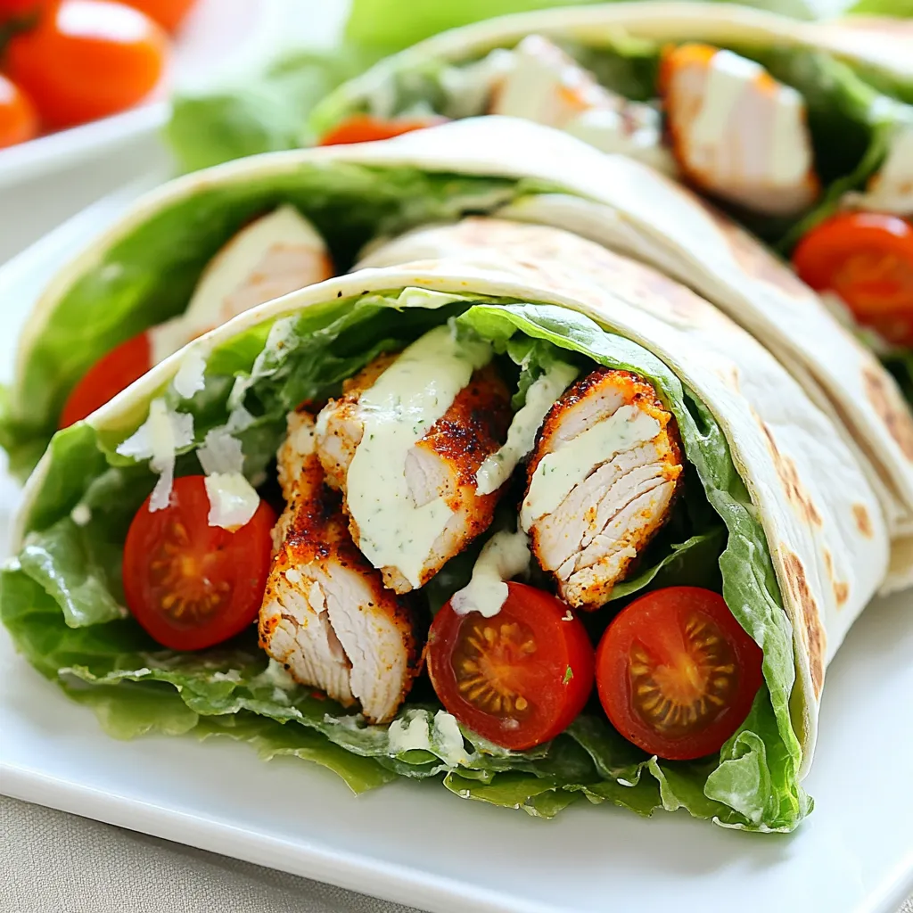 For the best Cajun Chicken Caesar Wraps, gather these simple ingredients: - 2 boneless, skinless chicken breasts - 2 tablespoons Cajun seasoning - 1 tablespoon olive oil - 4 large tortillas (whole wheat or flour) - 1 cup romaine lettuce, finely chopped - ½ cup cherry tomatoes, halved - ½ cup Caesar dressing (store-bought or homemade) - ¼ cup freshly grated Parmesan cheese - Salt and freshly ground pepper to taste - Fresh parsley for garnish (optional) These ingredients come together to create a tasty meal that is easy to prepare. The Cajun seasoning gives the chicken a spicy kick. Fresh romaine lettuce and cherry tomatoes add crunch and color. You can choose whole wheat or flour tortillas based on your preference. The Caesar dressing and Parmesan cheese bring in creamy and cheesy elements. This makes every bite a delight. If you want to add a pop of color, use fresh parsley as a garnish. Gathering these items is the first step to enjoying a flavorful meal. The ingredients are common and easy to find. They ensure your wraps are not just filling but also packed with flavor. {{ingredient_image_2}} Start by patting the chicken breasts dry with paper towels. This helps the seasoning stick. Next, rub the chicken with olive oil. Use enough to coat both sides. Then, sprinkle Cajun seasoning on the chicken. Make sure to cover it well for full flavor. Finally, add a pinch of salt and ground pepper. Heat a large skillet over medium heat. Wait until it’s hot before adding the chicken. Cook each breast for about 6-7 minutes on one side. Flip it over and cook for the same time on the other side. The chicken is done when it is no longer pink inside. Check that the internal temperature reaches 165°F (75°C). Once cooked, move the chicken to a cutting board to rest for a few minutes. After resting, slice the chicken into thin strips. Aim for bite-sized pieces to fit nicely in your wrap. Slicing helps keep the chicken juicy and flavorful. Lay out the tortillas on a clean surface. Start with a layer of chopped romaine lettuce in the center. Then, add half of the halved cherry tomatoes. Next, place the sliced Cajun chicken on top. Drizzle Caesar dressing over everything. Finish by sprinkling freshly grated Parmesan cheese on top. To wrap the tortillas, first fold in the sides. This keeps the filling from spilling out. Then, roll the tortilla tightly from the bottom up. Make sure it’s fully wrapped. Repeat this for the other tortillas. Cut each wrap in half diagonally for easy eating. Place the wraps on a serving platter. You can drizzle extra Caesar dressing on top for added flavor. If you like, add fresh parsley as a garnish. This makes the dish look nice and colorful. To cook chicken that is juicy and flavorful, start with dry chicken breasts. Pat them with paper towels first. Then, rub them with olive oil and Cajun seasoning. This helps the spices stick. Heat your skillet on medium heat before adding the chicken. Cook for 6-7 minutes on each side. You want the inside to reach 165°F. Let the chicken rest for a few minutes after cooking. This keeps it moist. Marinades can really boost the taste of your chicken. You can mix olive oil, lemon juice, and Cajun seasoning for a simple marinade. Let the chicken sit in it for at least 30 minutes. This adds depth to the flavor. If you have more time, marinate it overnight. The longer you marinate, the better the taste. Choosing the right tortilla can change your wrap game. Flour tortillas are soft and chewy, great for holding fillings. Whole wheat tortillas add fiber and a nutty taste. You can also try spinach or tomato tortillas for color. Each type adds a unique touch to your Cajun chicken Caesar wraps. Pro Tips Resting the Chicken: Allowing the chicken to rest for a few minutes after cooking helps retain its juices, making it more tender and flavorful when sliced. Cajun Spice Level: Adjust the amount of Cajun seasoning according to your spice preference. For a milder flavor, use less seasoning or choose a milder blend. <strong.Wrap Variations: Feel free to add other ingredients such as avocado, bell peppers, or cucumbers for extra crunch and flavor in your wraps. <strong.Storing Leftovers: If you have leftover wraps, store them in an airtight container in the refrigerator. Enjoy them within 2 days for the best taste and freshness. {{image_4}} You can easily switch the chicken for other proteins. Try shrimp, beef, or tofu. Each option brings unique flavors. For shrimp, season them with Cajun spice and cook until pink. For beef, use thin slices of steak, cooked to your liking. Tofu is a great choice for a meat-free meal. Just press it to remove water, then cube and season. Each protein change keeps the wrap exciting. To make this wrap vegetarian, skip the chicken. Instead, try grilled vegetables like zucchini, bell peppers, or eggplant. You can also use chickpeas for protein. Toss them with Cajun seasoning and roast for flavor. For a creamy touch, add avocado slices or hummus inside the wrap. This way, you keep the taste but make it plant-based. Feel free to load up on more veggies in your wrap. Carrots, cucumbers, and bell peppers add crunch and color. You can even toss in some spinach for extra greens. Adding vegetables boosts the nutrition in your meal. Plus, it makes your wraps more fun and colorful. Mix and match your favorite veggies to find the best combo! To keep your Cajun chicken Caesar wraps fresh, wrap them tightly in foil or plastic wrap. Place them in an airtight container if you prefer. Store leftovers in the fridge for up to three days. Make sure to eat them cold or reheat them before enjoying. You can freeze these wraps for later. To do this, wrap each one in foil or plastic wrap. Then, place the wrapped wraps in a freezer bag. They will stay good for about two months. When you are ready to eat them, move them to the fridge overnight to thaw. To reheat, unwrap the wrap and place it on a plate. Microwave for one to two minutes or until hot. You can also heat them in a skillet. Just warm it over medium heat for three to five minutes, flipping halfway. Enjoy your delicious, warm wrap! If you don’t have Cajun seasoning, use a mix of spices. Combine paprika, garlic powder, and black pepper. You can also add cayenne for heat. This mix gives you a similar flavor and spice level. Yes, you can make these wraps ahead. Cook the chicken and prepare the veggies. Store them in separate containers. When ready to eat, just assemble the wraps. They taste great fresh! Serve these wraps with a fresh salad or sweet potato fries. You could also pair them with a light soup, like tomato basil. These sides balance the flavors and make a full meal. To make Caesar dressing, mix together mayonnaise, lemon juice, minced garlic, and Dijon mustard. Add grated Parmesan cheese and a splash of Worcestershire sauce. Stir until smooth. This dressing is creamy and full of flavor! Yes, these wraps can be healthy. They include lean chicken, fresh veggies, and whole wheat tortillas. Just be mindful of the Caesar dressing. You can use less or choose a lighter version for a healthier meal. This blog post explored making delicious Cajun chicken Caesar wraps. We covered key ingredients, from tender chicken breasts to fresh veggies. Step-by-step, I explained cooking methods and wrapping techniques. I shared tips for great flavors, variations like vegetarian options, and how to store leftovers. Now, you can enjoy tasty wraps that suit your taste and needs. Experiment with the recipe and make it your own! Happy cooking!