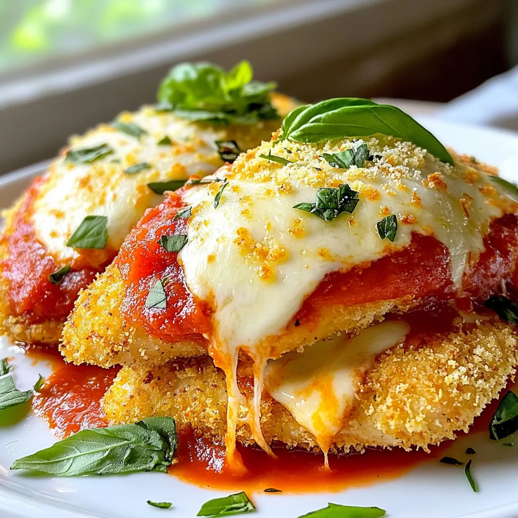 To make a tasty Air Fryer Chicken Parmesan, you need: - 2 boneless, skinless chicken breasts - 1 cup Italian-style breadcrumbs - 1/2 cup grated Parmesan cheese - 1 teaspoon garlic powder - 1 teaspoon dried oregano - 1 teaspoon dried basil - Salt and pepper, to taste - 1 large egg, beaten - 1 cup marinara sauce - 1 cup shredded mozzarella cheese These ingredients create a crispy and cheesy dish you will love. You can add these to boost taste: - Fresh basil leaves for garnish - Red pepper flakes for heat - Lemon zest for brightness - Extra cheese like provolone or fontina These extras can make your dish even more special. If you don't have some items, here are swaps: - Use chicken thighs instead of breasts for more flavor. - Swap breadcrumbs for crushed cornflakes for crunch. - Use nutritional yeast instead of cheese for a vegan option. - Choose marinara sauce or any favorite pasta sauce. These substitutes will still give you a great result! {{ingredient_image_2}} To start, set your air fryer to 380°F (193°C). Let it heat for about 5 minutes. Preheating makes the chicken crispy and golden. In a medium bowl, mix the following: - 1 cup Italian-style breadcrumbs - 1/2 cup grated Parmesan cheese - 1 teaspoon garlic powder - 1 teaspoon dried oregano - 1 teaspoon dried basil - Salt and pepper to taste Stir these ingredients well. This mix adds great flavor to the chicken. Next, take the chicken breasts and place them between two sheets of plastic wrap. Use a meat mallet to pound them to 1/2 inch thick. This helps the chicken cook evenly. Dip each chicken breast into the beaten egg first. Then, coat it with the breadcrumb mixture. Press the crumbs firmly onto the chicken for a good coating. Lightly spray the air fryer basket with cooking oil. Place the breaded chicken in a single layer, leaving space between each piece. Air fry the chicken for 10 minutes. Flip them halfway through. This ensures both sides cook well and reach 165°F (74°C). After cooking, carefully take the chicken out. Spoon marinara sauce over each piece. Then, sprinkle shredded mozzarella cheese on top. Return the chicken to the air fryer and cook for another 3-5 minutes. You want the cheese to melt and bubble nicely. Finally, let the chicken rest for a couple of minutes. If you like, garnish it with fresh basil leaves for extra flavor. Enjoy your tasty Air Fryer Chicken Parmesan! To get a great crispy coating, follow these tips: - Even Thickness: Pound your chicken to 1/2 inch. This helps cook the chicken evenly. - Dry the Chicken: Make sure the chicken is dry before breading. Moisture will make it soggy. - Press Firmly: When coating with breadcrumbs, press down firmly. This helps them stick better. - Use Oil: Lightly spray the chicken with oil before cooking. This promotes crispiness. For juicy and safe chicken, follow these temperature guidelines: - Preheat Air Fryer: Set it to 380°F. Preheating helps the chicken cook evenly. - Cook to 165°F: Always check the internal temperature. Use a meat thermometer for accuracy. - Halfway Flip: Flip the chicken halfway through cooking. This ensures both sides are golden brown. Using an air fryer can be fun. Here are some best practices: - Avoid Overcrowding: Place chicken in a single layer. This allows hot air to circulate well. - Check Manual: Each air fryer is different. Always check your specific model’s instructions. - Adjust Cooking Time: If your chicken breasts are thicker, cook them longer. Use your meat thermometer to check. - Experiment with Flavors: Try different spices in the breadcrumb mix for variety. Adjust to your taste! Pro Tips Even Thickness: Ensure the chicken breasts are pounded to an even thickness to promote uniform cooking. Breadcrumbs Adherence: Press the breadcrumbs firmly onto the chicken to ensure they stick well during cooking. Cooking Oil: Lightly spray or brush the air fryer basket with cooking oil to prevent sticking and enhance crispiness. Resting Time: Allow the chicken to rest for a couple of minutes after cooking for juicier meat and optimal flavor. {{image_4}} You can change the cheese for more flavor. Instead of mozzarella, try provolone or gouda. Both melt well and add a unique taste. You can also mix cheeses. For a sharper flavor, add some cheddar or asiago. Want a crispy top? Sprinkle some panko breadcrumbs before air frying. This gives a crunchy texture and extra taste. Adding veggies makes this dish even better. Slice some zucchini or bell peppers. You can layer these on top of the chicken before the sauce and cheese. You can also make it a hearty meal with spinach or mushrooms. They cook fast in the air fryer and add nutrients. If you like, throw in some sun-dried tomatoes for a sweet touch. Need a gluten-free option? Use gluten-free breadcrumbs instead of Italian-style ones. They work just as well and keep the crunch. If you’re dairy-free, swap the cheeses for dairy-free alternatives. Nutritional yeast can give that cheesy flavor without the dairy. You can also use egg substitutes like flaxseed meal mixed with water. This keeps the breading process intact for a tasty meal. To keep your leftover chicken parmesan fresh, place it in an airtight container. Make sure it cools down first. Store it in the fridge for up to three days. This way, you can enjoy it again soon. To reheat your chicken parmesan, use the air fryer. Set it to 350°F (175°C). Heat for about 5-7 minutes. This method keeps the chicken crispy. You can also use a microwave, but it may not stay as crunchy. If you want to freeze chicken parmesan, let it cool completely first. Wrap each piece tightly in plastic wrap. Then, place them in a freezer bag. Label the bag with the date. It can last up to three months in the freezer. When you're ready to eat, thaw it in the fridge overnight before reheating. Yes, you can use frozen chicken breasts. Just be sure to thaw them fully before cooking. This helps them cook evenly and stay juicy. I recommend placing them in the fridge overnight. If you need to thaw faster, you can use the microwave on the defrost setting. Air Fryer Chicken Parmesan pairs well with many sides. You can serve it with pasta or a fresh garden salad. Garlic bread also makes a great addition. If you want a veggie side, try steamed broccoli or roasted zucchini. To check if the chicken is cooked, use a meat thermometer. The inside should reach 165°F (74°C). If you don't have a thermometer, cut into the chicken. It should be white and the juices should run clear. Yes, you can! If you don’t have an air fryer, bake the chicken in an oven. Preheat your oven to 400°F (200°C). Place the breaded chicken on a baking sheet and bake for about 20-25 minutes. Add the marinara sauce and cheese in the last few minutes. To store leftover chicken parmesan, place it in an airtight container. Keep it in the fridge for up to 3 days. If you want to keep it longer, you can freeze it for up to 3 months. Just make sure to wrap it well to avoid freezer burn. Air fryer chicken Parmesan is easy and fun to make. We covered main and optional ingredients, plus substitutes for flavor. The step-by-step guide took you through preheating to serving. Tips helped you achieve a crispy texture and perfect doneness. Variations let you customize for taste or diet. Lastly, I shared storage and reheating methods. I hope you feel ready to make this tasty dish soon! Enjoy every bite.