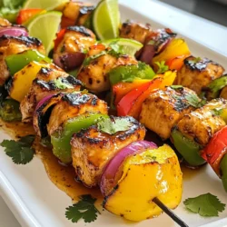 - 1.5 lbs boneless, skinless chicken breasts - 1/4 cup honey - 1/4 cup freshly squeezed lime juice - 1 red bell pepper - 1 green bell pepper - 1 large red onion - 2 tablespoons extra virgin olive oil - 3 cloves garlic, finely minced - 1 teaspoon ground cumin - 1/2 teaspoon smoked paprika - Salt and freshly cracked black pepper, to taste - You can use wooden or metal skewers. - Soak wooden skewers in water for 30 minutes before grilling. This keeps them from burning. {{ingredient_image_2}} To start, grab a large mixing bowl. In it, whisk together the honey, lime juice, olive oil, minced garlic, ground cumin, smoked paprika, salt, and pepper. Mix until smooth. This marinade is key. It adds flavor and helps tenderize the chicken. Letting the marinade sit for a bit allows the flavors to blend. I recommend letting it rest for about 10 minutes. Take your cubed chicken pieces and add them to the bowl. Make sure each piece is coated well in the marinade. This step is crucial for great taste. Cover the bowl with plastic wrap or a lid. Place it in the fridge. For the best flavor, marinate for at least 30 minutes. If you have time, letting it sit for up to 2 hours works wonders. While the chicken marinates, preheat your grill or grill pan over medium-high heat. It should be nice and hot when you're ready to cook. Now, assemble your kebabs. Start by taking a skewer and threading on a piece of chicken. Then add a piece of red pepper, followed by a piece of green pepper, and a wedge of onion. Repeat this pattern. It makes the kebabs colorful and fun! Once your grill is hot, place the kebabs on it. Cook them for about 10 to 12 minutes. Turn them often to ensure even cooking. This helps achieve those beautiful grill marks. You want the chicken to reach an internal temperature of 165°F (75°C). Use a meat thermometer for accuracy. After removing the kebabs from the grill, let them rest for about 5 minutes. This step is important. It allows the juices to redistribute, making the meat juicy and tender. For serving, arrange the kebabs on a large platter. Garnish with lime wedges and fresh cilantro for a bright look. A cool yogurt dip or tzatziki pairs nicely, too! To get the best grill marks, preheat your grill to medium-high heat. Place the kebabs on the grill and don’t move them for a few minutes. This helps create those lovely marks. Turn the kebabs every few minutes for even cooking. To ensure chicken is fully cooked, check its internal temperature. Use a meat thermometer to make sure it reaches 165°F (75°C). This keeps the chicken safe and juicy. Marination is key to great flavor. The honey and lime juice work together to tenderize the chicken. This makes it juicy and full of taste. Marinate for at least 30 minutes, but for the best flavor, try overnight. You can use a zip-lock bag to make it easy. Arranging kebabs nicely can impress your guests. Place them on a large platter, with lime wedges and fresh cilantro on the side. This adds color and freshness. For an extra touch, serve with a cool yogurt dip or tzatziki. It pairs well and adds a nice contrast to the sweet and tangy chicken. Pro Tips Marinate Longer for More Flavor: For the best flavor, marinate the chicken for at least 2 hours, or even overnight if possible. This allows the spices and the honey-lime mixture to penetrate the meat deeply. Skewer for Easy Grilling: When threading the kebabs, alternate chicken pieces with vegetables to ensure even cooking and a vibrant presentation. This also helps the veggies to soak up the marinade flavors. Check for Doneness: Always use a meat thermometer to check that the chicken reaches an internal temperature of 165°F (75°C). This ensures the chicken is fully cooked and safe to eat. Rest Before Serving: Allow the kebabs to rest for about 5 minutes after grilling. This helps to redistribute the juices, resulting in a juicier and more flavorful chicken. {{image_4}} You can switch the chicken with shrimp or tofu. Shrimp cooks quickly and adds a nice flavor. Tofu absorbs the marinade well, making it tasty for vegetarians. For veggies, try zucchini, cherry tomatoes, or mushrooms. Each brings a unique twist to the dish. Feel free to mix and match your favorites for a fun kebab experience! Want to spice things up? Add chili powder for heat. It gives a nice kick without overpowering the dish. You can also try different marinades. Teriyaki sauce adds a sweet and savory touch. Soy sauce with ginger and garlic offers a great alternative too. Experiment with herbs like cilantro or basil for bright flavors. These small changes can make a big difference! Grilling is fun, but you can bake the kebabs in the oven too. Set your oven to 400°F (200°C) and cook for about 20 minutes. Broiling is another option for indoor cooking. Place the kebabs under the broiler for 10-12 minutes, turning halfway through. Each method offers a unique flavor and texture. Choose what works best for you! To keep your honey lime chicken kebabs fresh, store them properly. First, let them cool down to room temperature. Then, place the kebabs in an airtight container. This keeps moisture in and prevents odors from other foods. You can also wrap them tightly in plastic wrap. Refrigerate your leftovers right away. They will stay good for about 3 to 4 days. When reheating, you have two options: microwave or oven. The microwave is quick but can dry out the chicken. If you use it, heat in short bursts and check often. The oven is a better choice for juicy kebabs. Preheat it to 350°F (175°C). Place the kebabs on a baking sheet, cover them with foil, and heat for about 10 minutes. This helps keep them moist and flavorful. If you want to store kebabs for longer, freezing is great. Wrap each kebab in plastic wrap, then place them in a freezer bag. Be sure to remove as much air as possible. This helps avoid freezer burn. When you’re ready to eat them, take the kebabs out of the freezer and thaw overnight in the fridge. Reheat them using the oven method for the best taste. I suggest marinating the chicken for at least 30 minutes. For deeper flavor, let it sit for up to 2 hours. The longer the chicken marinates, the more the flavors blend. Honey and lime add a sweet and tangy taste that really enhances the chicken. Yes, you can use other meats! Shrimp, pork, or even tofu work great. Each option brings its own unique taste. Just adjust the marination time. Shrimp needs less time, while pork may need longer. Try serving the kebabs with rice, quinoa, or a fresh salad. Grilled vegetables also complement the flavors well. You could also add a cool yogurt dip or tzatziki for extra zest. To check if the chicken is ready, use a meat thermometer. The internal temperature should reach 165°F (75°C). If you don’t have a thermometer, cut into a piece. The meat should be opaque and juices should run clear. Yes, you can prepare the kebabs ahead. Marinate the chicken and assemble the kebabs. Store them in the fridge for up to 24 hours before grilling. This saves time and lets the flavors develop even more. This guide covered everything from ingredients to methods for perfect honey lime chicken kebabs. Preparing your marinade, marinating the chicken, and grilling with care led to delicious results. Remember, the right marinade makes a big difference in flavor. You can also play around with ingredients for fun variations. Store your leftovers wisely for tasty meals later. Enjoy these kebabs with your favorite sides, knowing you’ve mastered a great dish!