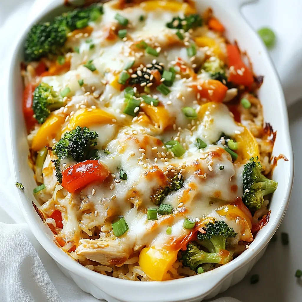 - 2 cups cooked jasmine rice - 1 pound chicken breast, diced into bite-sized pieces - 1 cup fresh broccoli florets - 1 cup bell peppers, diced (mix red, yellow, and green) - 1 cup shredded carrots - 1/2 cup green onions, sliced, plus extra for garnish - 1 cup shredded mozzarella cheese - 1/2 cup teriyaki sauce - 1 teaspoon sesame oil - 1 tablespoon low-sodium soy sauce - Salt and black pepper, to taste - Sesame seeds, for garnish Using fresh, high-quality ingredients makes a big difference. Fresh chicken tastes better than frozen. Crisp vegetables give a nice crunch. Good teriyaki sauce enhances all flavors. Always choose ingredients you trust and enjoy. You can swap jasmine rice for brown rice or quinoa for a healthier option. For chicken, try tofu or shrimp for a twist. If you don’t have broccoli, use snap peas or green beans. You can replace mozzarella with cheddar or a dairy-free cheese. Soy sauce can be replaced with coconut aminos for a gluten-free option. {{ingredient_image_2}} Making Teriyaki Chicken Rice Casserole is simple and fun. You will need to gather all your ingredients and prepare them first. This dish takes about 15 minutes to prep and 25 minutes to cook. You will love the mix of flavors and how easy it is to make. 1. Preheat your oven to 375°F (190°C). This step helps the casserole cook evenly. 2. In a large skillet, heat 1 teaspoon of sesame oil over medium heat. Add 1 pound of diced chicken breast with a sprinkle of salt and pepper. Cook for 6-8 minutes, stirring often, until the chicken turns golden brown. 3. Next, add 1 cup of broccoli florets, 1 cup of diced bell peppers, and 1 cup of shredded carrots to the skillet. Stir for 4-5 minutes until the veggies get soft but still have a little crunch. 4. Now, mix in 2 cups of cooked jasmine rice, 1/2 cup of teriyaki sauce, and 1 tablespoon of low-sodium soy sauce. Stir well to coat everything evenly with sauce and heat through. 5. Carefully pour the chicken and rice mix into a greased 9x13 inch casserole dish. Spread it out to make an even layer. 6. Top with 1 cup of shredded mozzarella cheese, covering the whole surface. 7. Bake in the oven for 20-25 minutes. You want the cheese to be melted, bubbly, and golden brown. 8. After baking, let the casserole sit for 5 minutes. Garnish with sliced green onions and sesame seeds before serving. - Use a meat thermometer to check the chicken. It should reach 165°F to be safe. - Keep stirring the chicken to avoid burning. This helps it cook evenly. - If you like your veggies crunchier, cook them for less time. - Add more teriyaki sauce if you want a stronger flavor. - For a fun twist, serve with pickled ginger on the side. To boost flavor, add fresh herbs like cilantro or basil. A squeeze of lime can brighten the dish. You can also increase the amount of teriyaki sauce for a bolder taste. A splash of rice vinegar adds a nice tang. Let the dish rest after baking for better flavor melding. For juicy chicken, start with a hot skillet. Use sesame oil, as it adds a lovely nutty taste. Cook the chicken until golden brown. This helps lock in moisture. Don't overcrowd the pan; this ensures even cooking. Allow the chicken to rest briefly before mixing it with other ingredients. Cook vegetables just until tender. This keeps them crisp and bright. Start with harder veggies like carrots, then add softer ones like bell peppers. Stir frequently to prevent burning. Keep an eye on the time; it should take 4-5 minutes for perfect texture. Remember, you want them to complement the chicken and rice, not become mushy. Pro Tips Marinate for More Flavor: For an extra burst of flavor, marinate the diced chicken in teriyaki sauce for at least 30 minutes before cooking. This will infuse the chicken with a delicious taste and make it even more tender. Use Fresh Ingredients: Opt for fresh vegetables whenever possible to enhance the overall flavor and texture of the casserole. Fresh broccoli, bell peppers, and carrots will give a vibrant color and crunch that frozen options may lack. Customize Your Veggies: Feel free to mix and match vegetables based on your preference or what you have on hand. Snap peas, zucchini, or even baby corn can be great additions to this dish! Check for Doneness: Make sure to keep an eye on the casserole while it bakes. Oven temperatures can vary, so check for that golden, bubbly cheese around the 20-minute mark to avoid overcooking. {{image_4}} You can switch up the chicken in this casserole. Use diced turkey or firm tofu for a tasty change. Shrimp also works well. Just cook shrimp until pink, then mix it in. For a heartier option, try beef or pork chunks. Each protein adds unique flavor. Feel free to get creative with veggies. Snap peas or zucchini give a fresh crunch. You can use spinach for a healthy twist. Cauliflower and asparagus are great choices, too. Mix and match to suit your taste. Each veggie adds color and nutrition. If you need gluten-free, choose tamari instead of soy sauce. You can also find gluten-free teriyaki sauce at stores. For low-sodium, look for reduced-sodium soy sauce. Always check labels for hidden sodium. These swaps keep your dish healthy without losing flavor. Store any leftover Teriyaki Chicken Rice Casserole in an airtight container. Let it cool down first. This helps keep the flavors fresh. You can place it in the fridge for up to four days. Keep an eye on it for any signs of spoilage. Reheat the casserole in the oven for the best results. Preheat your oven to 350°F (175°C). Cover the dish with foil to keep it moist. Heat for about 15-20 minutes or until it's hot throughout. You can also use the microwave. Place a portion in a microwave-safe bowl and cover it. Heat for 2-3 minutes, checking and stirring halfway through. To freeze the casserole, first, let it cool completely. Then, place it in a freezer-safe container. You can also wrap it tightly in plastic wrap and foil. This keeps it protected from freezer burn. It can last up to three months in the freezer. When you're ready to eat, thaw it in the fridge overnight before reheating. Yes, you can make this casserole ahead. Prepare the dish up to the baking step. Cover it tightly and store it in the fridge for up to 24 hours. When ready to bake, just pop it in the oven. You may need to add a few extra minutes to the cooking time. This casserole pairs well with many sides. Consider serving it with a fresh green salad. You can also serve steamed edamame or a side of pickled ginger for extra flavor. If you want more carbs, try some warm bread or rolls. Yes, you can easily make this dish vegetarian. Substitute the chicken with tofu or tempeh for protein. Use a plant-based teriyaki sauce and add more vegetables like mushrooms or zucchini. This way, you keep the flavor while making it suitable for vegetarians. We covered the key ingredients needed for the Teriyaki Chicken Rice Casserole. We discussed the importance of using good-quality ingredients and shared possible substitutes. I also outlined step-by-step instructions and offered helpful tips to ensure success. You learned about variations for different diets and how to store leftovers safely. In summary, cooking is about creativity and enjoyment. Feel confident experimenting with flavors and techniques to make this dish your own.