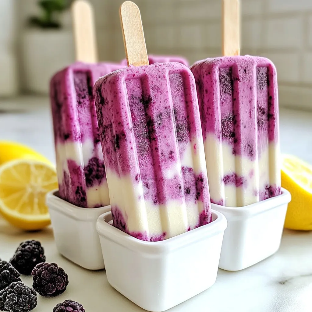- 2 cups fresh blackberries - 1 cup plain Greek yogurt - 1/2 cup honey or agave syrup - 1/2 cup fresh lemon juice - 1 teaspoon vanilla extract - A pinch of salt - Blender - Fine mesh sieve (optional) - Mixing bowls - Popsicle molds - Popsicle sticks The ingredients for Blackberry Lemon Yogurt Popsicles are simple yet fresh. You need two cups of blackberries for a rich flavor. Next, grab one cup of plain Greek yogurt to make it creamy. A half cup of honey or agave syrup adds sweetness. You will also need half a cup of fresh lemon juice for a tangy kick. One teaspoon of vanilla extract brings warmth to the mix. A pinch of salt helps to enhance all the flavors. For equipment, you need a blender to puree the blackberries. A fine mesh sieve is optional but can help if you want a smooth texture. Mixing bowls are essential for combining the yogurt and other ingredients. Popsicle molds will shape your treats, and popsicle sticks will help you enjoy them easily. Gather these items, and you are ready to make a tasty summer treat! {{ingredient_image_2}} - Rinse 2 cups of fresh blackberries under cool water. - Place them in a blender with 1/2 cup of honey or agave syrup. - Blend on high until smooth. - If you want a smooth texture, strain through a fine mesh sieve. - Use a spatula to push the mixture through and discard the seeds. - In a bowl, combine 1 cup of plain Greek yogurt with 1/2 cup of fresh lemon juice. - Add 1 teaspoon of vanilla extract and a pinch of salt. - Whisk until the mixture is smooth and creamy. - Take your popsicle molds and add a layer of yogurt mixture at the bottom. - Next, add a layer of blackberry puree. - Alternate the layers, ending with yogurt on top. - Use a skewer or toothpick to swirl the layers gently. - Insert popsicle sticks into the molds. - Freeze for at least 4-6 hours until solid. - To release the popsicles, run warm water over the molds for a few seconds. To achieve a creamy texture in your popsicles, use full-fat Greek yogurt. It gives a rich and smooth base. Mix the yogurt well with lemon juice and vanilla until it is completely smooth. You want no lumps for a perfect bite. For a seedless puree, blend the blackberries until smooth. Then, pour the mixture through a fine mesh sieve. Use a spatula to push the puree through. This way, you get all the flavor without the seeds. Discard the seeds left in the sieve. You can mix in other fruits like strawberries or raspberries for added flavor. These fruits pair well with blackberry and lemon. If you want to switch things up, try adding a bit of mango for a tropical twist. For sweetness, adjust the amount of honey or agave syrup to your taste. If you prefer less sweetness, start with less and add more if needed. This helps you create a popsicle that suits your palate. For a fun serving idea, use a colorful plate or a rustic wooden board. It makes your popsicles look even more inviting. You can add fresh blackberries and lemon slices around the popsicles for a beautiful display. Garnishing with fresh fruits not only looks nice but also adds extra flavor. It’s a small touch that makes a big difference. Use your creativity to make your popsicles stand out! Pro Tips Use Frozen Blackberries: If fresh blackberries are not available, you can substitute them with frozen blackberries. Just thaw them slightly before blending for a smooth puree. Sweetness Adjustment: Taste the blackberry puree before layering. Depending on your preference, you can add more honey or agave syrup to achieve your desired sweetness. Layering Technique: For an eye-catching marbled effect, pour the layers slowly into the molds. This allows for better control over the swirling without mixing them too much. Storage Tips: To keep popsicles fresh for longer, wrap them individually in plastic wrap or store them in an airtight container after removing them from the molds. {{image_4}} You can swap blackberries for strawberries or raspberries. These fruits add sweetness and bright color. If you want a tropical twist, try mango or coconut. Mango gives a rich flavor, while coconut adds a creamy texture. Mix and match to find your favorite. For a dairy-free treat, use plant-based yogurt. Almond or coconut yogurt works well. You can also use agave syrup or maple syrup as sweeteners. These options fit various dietary needs while keeping your pops cool and tasty. Add fresh herbs like mint or basil for a unique flavor. Mint pairs perfectly with lemon, giving a fresh taste. You can also mix in spices like ginger or cinnamon. These spices add warmth and depth to your popsicles. Experiment with these flavors for a fun twist! To keep your popsicles fresh, follow these tips: - Use airtight containers or freezer-safe bags. - Make sure the popsicles are fully frozen before storing them. - Avoid overcrowding in the freezer to allow for good air flow. For optimal freshness, consume your popsicles within 2-3 months. They will still taste good, but the texture may change after that time. To safely defrost your popsicles, here’s what you should do: - Remove the popsicle from the freezer. - Let it sit at room temperature for a few minutes. - Alternatively, run warm water over the mold for a few seconds. To prevent freezer burn, store the popsicles well. Make sure the molds are tightly sealed. If you see ice crystals on the popsicles, they may have been stored too long. Enjoy them fresh for the best taste! Blackberry Lemon Yogurt Popsicles need at least 4-6 hours to freeze. I suggest checking them after six hours to ensure they are solid. If you want to be safe, leave them overnight. The longer they freeze, the easier they will be to enjoy. Yes, you can use frozen blackberries! They work well if you can’t find fresh ones. Just blend them directly from the freezer. You might need to add a bit more honey or agave syrup for sweetness. Frozen blackberries can make the popsicles a bit thicker, but they taste just as good! To release the popsicles, run warm water over the outside of the molds. This helps loosen them. Do it for just a few seconds. If they still stick, gently twist the stick while pulling it out. This should do the trick without breaking your popsicles. You’ve learned how to make delicious Blackberry Lemon Yogurt Popsicles. By blending and layering simple ingredients, you create a tasty treat. Remember to play with flavors and textures, using different fruits or mixes. Proper storage ensures they stay fresh. These tips will help you enjoy your homemade popsicles all summer. Dive into this fun recipe, impress your friends, and satisfy your sweet cravings. Enjoy every creamy, fruity bite!