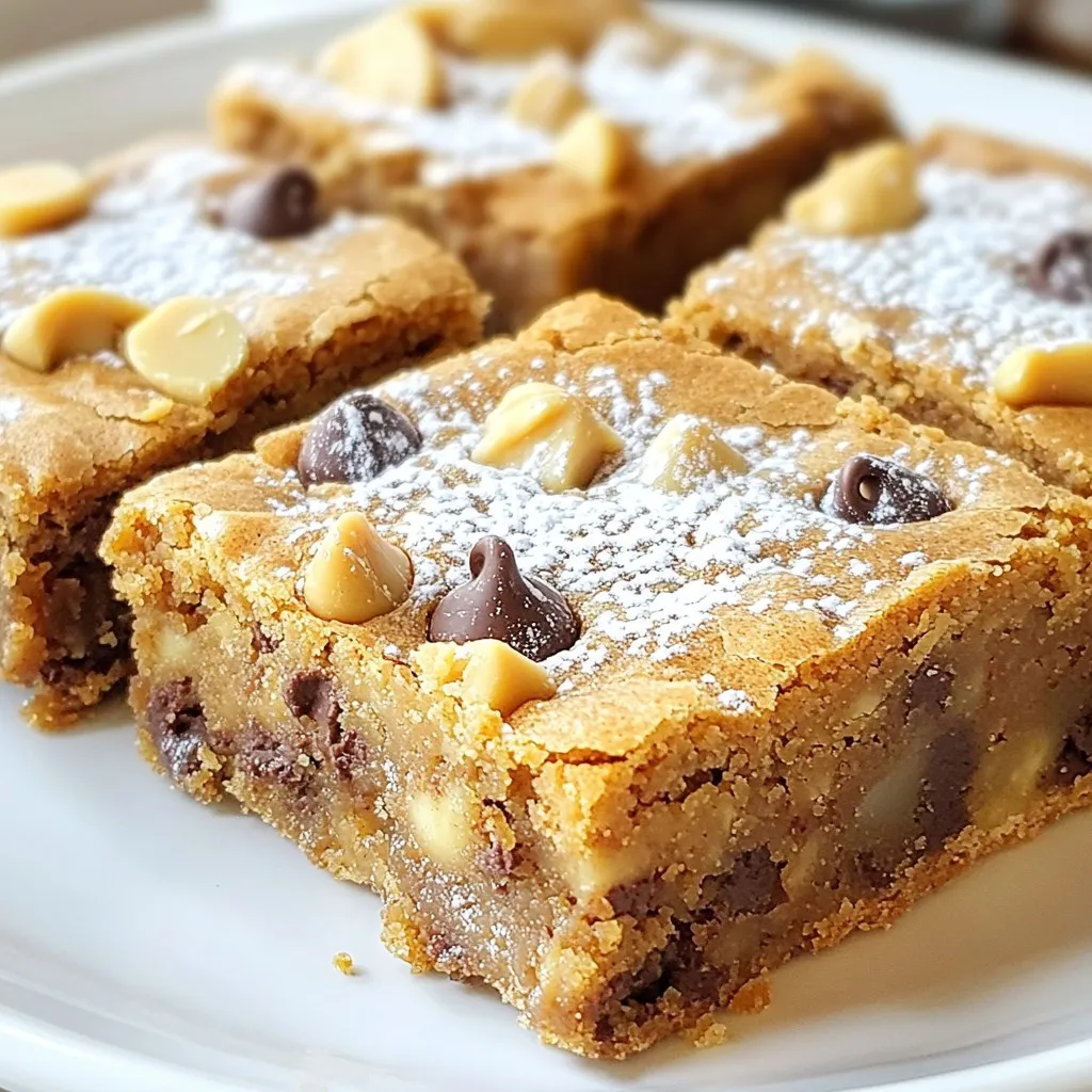 - 1 cup creamy peanut butter - 1/2 cup packed brown sugar - 1/2 cup granulated sugar - 1 large egg - 1 teaspoon vanilla extract - 1/2 teaspoon baking powder - 1/4 teaspoon salt - 1 cup all-purpose flour - 1/2 cup chocolate chips (semi-sweet or milk chocolate) - 1/4 cup chopped nuts (optional) You can use almond butter instead of peanut butter. It gives a nice twist. For a vegan option, swap the egg for a flax egg or applesauce. You can try coconut sugar or monk fruit as sugar alternatives. Both options keep your blondies sweet without refined sugar. Choosing the right chocolate chips matters. Semi-sweet chocolate gives a rich taste. Milk chocolate adds sweetness. For peanut butter, creamy works best. It blends smoothly into the batter, making your blondies soft and chewy. {{ingredient_image_2}} 1. Preheat your oven to 350°F (175°C). This step warms the oven for even baking. 2. Prepare an 8x8-inch baking pan. You can grease it or line it with parchment paper. This makes it easier to lift out the blondies after they bake. 3. In a large mixing bowl, combine 1 cup of creamy peanut butter, 1/2 cup of packed brown sugar, and 1/2 cup of granulated sugar. Use a strong spatula or mixer to blend until smooth. 1. In another bowl, whisk together 1/2 teaspoon of baking powder, 1/4 teaspoon of salt, and 1 cup of all-purpose flour. Whisking well helps avoid lumps in your mix. 2. Gradually add the dry mix to the peanut butter blend. Fold gently to keep your blondies soft. Overmixing can make them tough. 3. Carefully fold in 1/2 cup of chocolate chips and, if you want, 1/4 cup of chopped nuts. This ensures they spread evenly without overworking the batter. 1. Pour the batter into your prepared pan. Use a spatula to spread it evenly. 2. Bake for about 20-25 minutes. Check for golden edges and a toothpick inserted into the center. It should come out clean or with a few moist crumbs. 3. Once baked, remove the pan from the oven. Let the blondies cool completely in the pan on a wire rack. Cooling is key for cutting nice squares. To get that soft, chewy texture, avoid overmixing. When you mix too much, the blondies can turn out tough. I recommend mixing just until the dry ingredients are combined. Precise measurements are key too. Use a kitchen scale for accuracy. This small step can make a big difference in your final treat. For a stunning presentation, slice the blondies into neat squares. Arrange them on a clean platter. You can dust them with powdered sugar for flair. Pairing these blondies with ice cream takes dessert to the next level. A scoop of vanilla ice cream or a drizzle of chocolate sauce adds extra joy. Overbaking is a big mistake. Keep an eye on the timer. The blondies should be golden brown and a toothpick should come out clean or with a few crumbs. Not cooling before cutting is another pitfall. Let them cool in the pan. This helps set the texture and makes cutting easier. Pro Tips Use Room Temperature Ingredients: Ensure your egg and peanut butter are at room temperature for optimal mixing, resulting in a smoother batter. Don’t Overmix: When combining the dry ingredients with the wet, mix just until incorporated to keep the blondies tender and chewy. Check for Doneness: Use a toothpick to test for doneness; it should come out with a few moist crumbs for the perfect fudgy texture. Cool Before Cutting: Allow the blondies to cool completely in the pan to set properly before slicing for clean edges and a better texture. {{image_4}} You can switch up flavors in your blondies. Try using different types of chocolate chips. Semi-sweet chocolate gives a rich taste. Milk chocolate adds a sweet touch. If you want a fun twist, add white chocolate chips! Spices can also change the game. A sprinkle of cinnamon adds warmth. Nutmeg brings a cozy flavor that pairs well with peanut butter. Mix and match until you find your favorite blend! If you're gluten-free, you can still enjoy these blondies. Use almond flour or coconut flour instead of all-purpose flour. These options keep the blondies soft and tasty. For vegan blondies, replace the egg with a flaxseed egg or applesauce. Use dairy-free chocolate chips, and you're set! These swaps keep the flavor while meeting dietary needs. Change your blondies with the seasons. In fall, add pumpkin puree and warm spices. This combo creates a lovely, festive treat. In summer, toss in fresh berries like raspberries or blueberries. They add a burst of flavor and color. Each season brings a new chance to make these blondies special! To keep your blondies fresh, store them in an airtight container. This helps prevent them from drying out. You can layer parchment paper between the blondies to stop them from sticking together. Keep them at room temperature for up to a week. If you want them to last longer, consider freezing. Freezing blondies is simple. First, let them cool completely. Then, wrap each blondie in plastic wrap. Place them in a zip-top bag or airtight container. You can freeze them for about three months. When you want to enjoy them, thaw them overnight in the fridge or at room temperature. To reheat blondies, use the oven for the best texture. Preheat your oven to 350°F (175°C). Place the blondies on a baking sheet. Heat them for about 5-10 minutes. This warms them up and keeps them soft. You can also use the microwave, but heat them in short bursts to avoid drying them out. Peanut butter chocolate chip blondies last about five days when stored well. Keep them in an airtight container at room temperature. Look for signs of spoilage, like dryness or mold. If they feel hard or stale, it’s best to toss them. Yes, you can use natural peanut butter. It gives a different texture, as it may be less creamy. Natural peanut butter can also make your blondies a bit drier. If you choose natural, stir it well to mix in the oils before using. Blondies and brownies are both delicious treats, but they differ in flavor and texture. Blondies are sweeter and have a rich, buttery taste from the brown sugar. They are often chewy and soft. Brownies, on the other hand, have cocoa powder, giving them a deep chocolate flavor and denser texture. In this blog post, we explored a tasty peanut butter chocolate chip blondie recipe. We covered ingredients, substitutions, and tips to make them perfect. With variations for dietary needs and seasonal flavors, you can customize these treats. Proper storage and reheating keep them fresh and delicious. Remember, practice makes perfect in baking. Enjoy making these blondies your own, and share them with friends. They'll love the taste and texture just as much as you will!