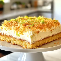 - Dry ingredients: - 2 cups all-purpose flour - 1 ½ cups granulated sugar - 1 cup shredded coconut (sweetened or unsweetened) - 1 teaspoon baking powder - ½ teaspoon baking soda - ½ teaspoon salt - Wet ingredients: - 1 cup unsweetened coconut milk - ½ cup vegetable oil - 3 large eggs - Zest of 2 limes - ½ cup freshly squeezed lime juice - 1 teaspoon vanilla extract - Frosting ingredients: - 1 cup unsalted butter, softened - 4 cups powdered sugar - ¼ cup coconut milk - Zest of 1 lime - 1 tablespoon freshly squeezed lime juice - 1 cup toasted coconut flakes This cake uses simple yet vibrant ingredients. The dry ingredients create a rich base. Flour, sugar, and coconut add both sweetness and texture. Baking powder and soda help the cake rise. The wet ingredients bring moisture and flavor. Coconut milk gives a creamy taste. Lime zest and juice add a bright burst. This perfect blend creates a wonderful cake. The frosting is just as exciting. Butter makes it creamy. Powdered sugar adds sweetness. Coconut milk keeps it smooth. Lime zest and juice give a fresh kick. Toasted coconut flakes on top add a crunchy finish. Each ingredient plays a part in making this cake a delight. You’ll love how all the flavors come together! {{ingredient_image_2}} Start by heating your oven to 350°F (175°C). This step is key to getting a nice rise on the cake. Next, grab a 9x13 inch baking pan. Grease it well and line the bottom with parchment paper. This paper stops the cake from sticking. Trust me, it makes removing the cake much easier. In a large mixing bowl, combine the following dry items: - 2 cups all-purpose flour - 1 ½ cups granulated sugar - 1 cup shredded coconut - 1 teaspoon baking powder - ½ teaspoon baking soda - ½ teaspoon salt Use a whisk to blend these together. Make sure there are no lumps. This mix gives your cake its base. In another bowl, mix the wet ingredients. You will need: - 1 cup unsweetened coconut milk - ½ cup vegetable oil - 3 large eggs - Zest of 2 limes - ½ cup freshly squeezed lime juice - 1 teaspoon vanilla extract Whisk these until smooth. This mix adds flavor and moisture to your cake. Now, pour the wet mix into the bowl with the dry ingredients. Stir gently with a spatula. Mix until just combined. You might see a few lumps, and that's okay. Overmixing can make your cake tough. Pour the batter into your prepared pan. Spread it out evenly with a spatula. Bake for 30-35 minutes. To check if it’s done, insert a toothpick into the center. It should come out clean. Let it cool for 10 minutes. Then, move the cake to a wire rack to cool completely. In a large bowl, beat 1 cup of softened unsalted butter on medium speed. Keep mixing until it’s creamy. Gradually add 4 cups of powdered sugar, mixing on low speed. After that, add: - ¼ cup coconut milk - Zest of 1 lime - 1 tablespoon freshly squeezed lime juice Now, increase the speed to high. Beat until the frosting is fluffy and holds peaks. Once the cake is cool, it’s time to frost. Use a spatula to spread the lime coconut frosting evenly over the cake. Aim for a smooth, even layer. To make your cake look great, sprinkle 1 cup of toasted coconut flakes on top. This adds a nice crunch and extra flavor. When serving, slice the cake into generous pieces. It’s delicious chilled or at room temperature. Enjoy it with fresh lime wedges on the side for a pop of color. To keep your cake moist, use unsweetened coconut milk. It adds rich flavor and moisture. Make sure you do not overbake the cake. Check it around 30 minutes with a toothpick. If it comes out clean, it is ready. Let it cool in the pan for a bit, then move it to a wire rack. This helps prevent soggy bottoms. If you want to make this cake dairy-free, swap coconut milk with almond or oat milk. You can also use flax eggs instead of regular eggs. Mix one tablespoon of ground flaxseed with three tablespoons of water to replace one egg. For a gluten-free option, use a gluten-free flour blend. Just make sure it has a good binding agent. To make your frosting creamy, start with softened butter. If it feels too thick, add more coconut milk one tablespoon at a time. Mix well after each addition. If it is too runny, add more powdered sugar. This way, you can find the right balance for smooth, spreadable frosting that looks great on your cake! Pro Tips Use Fresh Ingredients: For the best flavor, use fresh limes for zest and juice. This will enhance the cake's citrus notes significantly. Don't Overmix: When combining wet and dry ingredients, mix just until combined. Overmixing can lead to a dense cake, so a few lumps are okay! Cool Completely: Ensure the cake is completely cooled before frosting. This will prevent the frosting from melting and give you a beautiful, smooth finish. Toast the Coconut Flakes: For added flavor and crunch, toast your coconut flakes in a dry skillet over medium heat until golden brown before garnishing. {{image_4}} You can choose between sweetened or unsweetened coconut for this cake. Sweetened coconut adds a nice sweetness. It works well if you like a sweeter cake. Unsweetened coconut offers a more natural flavor. It lets the lime shine through. I prefer unsweetened for a fresh taste, but the choice is yours. Want to mix up the flavor? You can add lemon or orange zest to the cake. These fruits pair well with coconut and lime. Lemon brings a bright, tangy taste. Orange adds a sweet, citrus twist. You can also use a splash of coconut extract for a deeper flavor. Be creative and find what you like best! If you need a gluten-free version, swap the all-purpose flour for a gluten-free blend. Many blends work well, so check the package for advice. For a vegan cake, replace the eggs with flax eggs or applesauce. Use plant-based butter for the frosting and choose coconut milk with no added ingredients. These swaps keep the cake tasty and enjoyable for everyone. To keep your Coconut Lime Sheet Cake fresh, store it in an airtight container. Place a layer of plastic wrap over the top before sealing. This helps prevent the cake from drying out. If you have leftover frosting, store it in a separate container. It can last for a few days when sealed well. To freeze the cake, first let it cool completely. Cut it into squares or keep it whole. Wrap each piece in plastic wrap, then place them in a freezer-safe bag. Make sure to remove as much air as possible. For thawing, simply leave the cake in the fridge overnight or at room temp for a few hours. Avoid microwaving, as it can make the cake dry. When stored properly, the Coconut Lime Sheet Cake lasts about 3 to 4 days at room temperature. If kept in the fridge, it can last up to a week. The frosting also lasts about the same time in the fridge. If you freeze the cake, it can stay fresh for up to three months. Enjoy the flavors even after a while! Yes, you can make this cake ahead of time. Bake the cake and let it cool completely. Wrap it tightly in plastic wrap and store it in the fridge for up to three days. You can also freeze the cake for longer storage. Just make sure to wrap it well to avoid freezer burn. Frost it just before serving for the best taste. If you need a substitute for coconut milk, there are great options. Almond milk or soy milk work well for a lighter choice. If you want a richer taste, use whole milk or cream. You can also mix water with some coconut cream for a similar flavor. Always choose what fits your diet best. To check if the cake is done, use a toothpick. Insert it into the center of the cake. If it comes out clean or with a few crumbs, the cake is ready. If the toothpick has wet batter on it, give it a few more minutes in the oven. Keep an eye on it to avoid overbaking. Yes, you can use a different frosting if you like. Cream cheese frosting adds a tangy twist. Whipped cream can make it light and fluffy. You can even use chocolate frosting for a fun change. Just make sure the frosting complements the coconut and lime flavors. In this post, we explored how to make a delicious lime coconut cake, focusing on ingredients, step-by-step instructions, and tips for success. We covered everything from mixing dry and wet ingredients to creating a creamy frosting. Remember, you can customize your cake with different flavors or dietary needs. By following these guidelines, you'll bake a moist cake that impresses everyone. Enjoy sharing your tasty creation, and don’t forget to savor each bite!