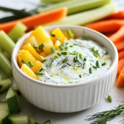 To make this tasty Greek yogurt ranch dip, you will need: - 1 cup plain Greek yogurt - 1/2 cup mayonnaise - 1 tablespoon fresh dill, finely chopped - 1 tablespoon fresh chives, finely chopped - 1 teaspoon garlic powder - 1 teaspoon onion powder - 1 teaspoon dried parsley - 1 tablespoon fresh lemon juice - Salt and freshly ground pepper, to taste These key ingredients give the dip its rich and creamy base. The Greek yogurt brings tanginess, while mayonnaise adds smoothness. Fresh herbs like dill and chives pack a punch of flavor. Garlic and onion powder boost the taste, making every bite delightful. You can jazz up your dip with these optional ingredients: - An assortment of chopped fresh vegetables like carrots, celery, and bell peppers These veggies not only add crunch but also bring more color to your dish. You can use them as dippers or mix them into the dip for a fun twist. Greek yogurt is not just tasty; it is also good for you. It is high in protein, which helps build muscles. It is lower in fat compared to sour cream, making it a healthier choice. Greek yogurt also contains probiotics, which are great for gut health. This means you can enjoy your dip while also taking care of your body. Plus, it helps you feel full, so you can snack guilt-free. {{ingredient_image_2}} To start, grab a medium-sized bowl. Add 1 cup of plain Greek yogurt and 1/2 cup of mayonnaise. Whisk these two ingredients together. You want them to become creamy and smooth. This mix forms the base of your ranch dip. Now it's time to add flavor. Chop 1 tablespoon each of fresh dill and fresh chives. Add them to the bowl. Then, sprinkle in 1 teaspoon of garlic powder, 1 teaspoon of onion powder, and 1 teaspoon of dried parsley. These herbs and spices give the dip its ranch taste. Next, pour in 1 tablespoon of fresh lemon juice. This juice brightens the dip and adds zest. Mix everything well until it&rsquo;s smooth. Now, taste your dip. Season with salt and freshly ground pepper as you like. For the best flavor, cover the bowl with plastic wrap. Place it in the fridge for at least 30 minutes. This time helps the flavors blend nicely. When you are ready to serve, place the dip on a nice platter. You can surround it with chopped fresh veggies like carrots and celery for dipping. To get the creamiest texture, start with full-fat Greek yogurt. This gives your dip a rich and smooth feel. Mix the yogurt with mayonnaise for extra creaminess. Whisk them together well until smooth. Letting the dip sit in the fridge also helps the flavors blend and the texture become silkier. Seasoning is key to making this dip shine. Taste it after mixing and adjust the salt and pepper to your liking. If you love a stronger taste, add more garlic or onion powder. Fresh herbs like dill and chives can be increased for a bolder flavor. Don't be shy about experimenting! A great presentation makes your dip even more inviting. Serve it in a pretty bowl. Garnish the top with a sprinkle of fresh herbs. Surround the bowl with colorful veggie sticks like carrots and bell peppers. This not only looks good but also adds crunch and freshness to every bite. Pro Tips Chill for Best Flavor: Allowing the dip to chill in the refrigerator for at least 30 minutes not only enhances the flavors but also gives it a better texture. Fresh Herbs Make a Difference: Using fresh herbs like dill and chives elevates the dip's flavor profile significantly compared to dried herbs. Customize Your Seasoning: Don&rsquo;t hesitate to adjust the salt, pepper, and lemon juice to suit your taste preferences; a little tweak can transform the dip. Presentation is Key: Serve the dip in a colorful bowl and surround it with a variety of vibrant vegetables for a visually appealing platter that invites guests to dig in. {{image_4}} If you want a dairy-free dip, use coconut yogurt instead of Greek yogurt. It gives a nice, creamy texture. You can also mix in some tahini for added flavor. This way, you still get a tasty dip without dairy. To spice things up, add some hot sauce or cayenne pepper. This makes the dip bold and exciting. For an herbal twist, try using fresh basil or cilantro. These herbs change the taste and give a fresh feel. You can even mix in a bit of smoked paprika for a unique flavor. Serve your dip in a fun way! Instead of a bowl, try using a hollowed-out bell pepper or cucumber. This not only looks good but also adds more crunch. Pair the dip with an assortment of veggies. Carrot sticks, celery, and bell peppers work great. For a fun twist, serve it with chips or whole-grain crackers. To keep your Greek yogurt ranch dip fresh, place it in an airtight container. Make sure the lid seals tight. This will help prevent any odors from the fridge from getting in. If you have leftovers, do not let them sit out for too long. Always return the dip to the fridge right after serving. When stored properly, your Greek yogurt ranch dip can last about 3-5 days in the fridge. If you notice any change in color or smell, it's best to throw it away. Always use your senses to check if the dip is still good. Freezing Greek yogurt ranch dip is not always the best idea. The dip can separate when thawed. However, if you want to freeze some, store it in a freezer-safe container. Leave some space at the top as the dip may expand. When ready to use, thaw it in the fridge overnight. Stir well before serving to bring back some creaminess. Yes, you can use low-fat Greek yogurt. It will still taste great. The dip may be a bit lighter in texture. I prefer full-fat yogurt for creaminess. Low-fat yogurt keeps the flavor, just not as rich. The dip lasts about four to five days in the fridge. Make sure to store it in a sealed container. This keeps it fresh and safe to eat. If you notice any off smells, toss it out. This dip pairs well with many dishes. Try it with fresh veggies like carrots, celery, and bell peppers. It also goes great with chips and crackers. You can use it as a spread on sandwiches or wraps too. Greek yogurt ranch dip is easy to make and packed with flavor. We covered key ingredients, optional add-ins, and the health perks of Greek yogurt. Next, I shared steps to prepare the dip, tips for the best texture, and ideas for a great presentation. You can also try variations for different tastes and ways to store leftovers. Always feel free to experiment! This dip is a tasty choice for any gathering and pairs well with many dishes. Enjoy crafting your perfect ranch dip!