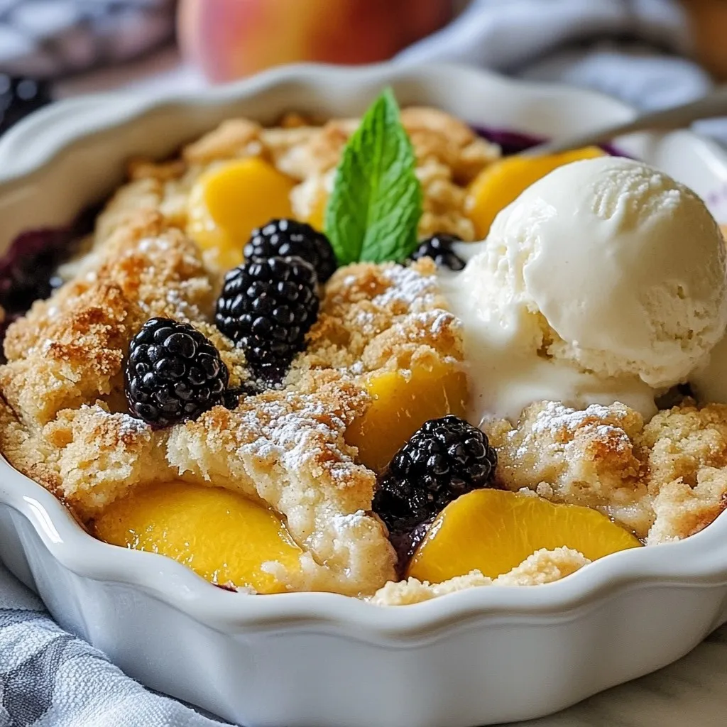 For a delicious blackberry peach cobbler, you need two cups of fresh blackberries. These berries burst with juice and flavor. You also want two cups of fresh peaches, peeled and sliced into wedges. This fruity mix adds sweetness and tartness to your dish. You will use half a cup of granulated sugar, divided into two parts. One part sweetens the fruit, while the other sweetens the batter. Add one tablespoon of freshly squeezed lemon juice to brighten the flavor. A teaspoon of vanilla extract gives warmth, while a teaspoon of ground cinnamon adds spice. Use a quarter teaspoon of sea salt to balance the sweetness. For the batter, gather one cup of all-purpose flour. This creates a nice base for the cobbler. Add one tablespoon of baking powder to help it rise. Melt a quarter cup of unsalted butter and let it cool slightly. You’ll need three-quarters of a cup of milk to moisten the batter. If you want an extra flavor boost, include half a teaspoon of almond extract, though this step is optional. {{ingredient_image_2}} First, turn on your oven to 375°F (190°C). This helps the cobbler bake evenly. Next, take a 9x13 inch baking dish and grease it lightly with butter or cooking spray. This step keeps the cobbler from sticking. Grab a large mixing bowl. Add 2 cups of fresh blackberries and 2 cups of sliced peaches. Then, sprinkle in 1/4 cup of granulated sugar. Add 1 tablespoon of lemon juice, 1 teaspoon of vanilla extract, 1 teaspoon of ground cinnamon, and 1/4 teaspoon of sea salt. Gently toss the fruit with your hands or a spatula until every piece is coated. Now, pour this fruit mixture into your greased baking dish. In another bowl, whisk together 1 cup of all-purpose flour, 1 tablespoon of baking powder, and the remaining 1/4 cup of sugar. In a separate bowl, mix 1/4 cup of melted butter, 3/4 cup of milk, and 1/2 teaspoon of almond extract if you want extra flavor. Pour this wet mix into the dry ingredients. Stir gently until just combined. Don't overmix! This keeps your cobbler light. Carefully spoon the batter over the fruit in the baking dish. It’s okay if the batter doesn’t cover all the fruit. It will spread while baking. Place the dish in your preheated oven and bake for 35 to 40 minutes. Look for a golden brown top and check with a toothpick. It should come out clean. Once done, let the cobbler cool for 10 to 15 minutes before serving. This helps the flavors blend nicely. To get the best texture for your cobbler, follow a few simple steps. First, do not overmix your batter. Overmixing makes it tough. You want a light and fluffy topping. When you spoon the batter over the fruit, let it be uneven. This helps create a nice, rustic look. As it bakes, the batter will spread and cover the fruit perfectly. Bake until the top is golden brown. A toothpick should come out clean from the center. Serving your cobbler warm makes it even better. I love adding a scoop of vanilla ice cream on top. The cold ice cream melts slightly, mixing with the warm fruit. You can also use whipped cream if you prefer. For a fun twist, add a sprinkle of cinnamon or a dash of nutmeg. Fresh mint leaves can brighten up the plate, too. Serve it with coffee or tea for a cozy treat. Want to make your cobbler even tastier? Try adding almond extract. It brings out the fruit’s flavors. A pinch of nutmeg or a splash of orange juice can also give a nice twist. For a fun twist, mix in some chopped nuts for crunch. You can even throw in a handful of oats for extra texture. These additions give your cobbler a unique flair that everyone will love. Pro Tips Choose Ripe Fruits: For the best flavor, make sure your peaches and blackberries are ripe. Look for peaches that are slightly soft to the touch and blackberries that are deep in color and plump. Experiment with Spices: Feel free to add other spices like nutmeg or cardamom to the fruit mixture for a unique twist on flavor. These spices complement the sweetness of the fruits beautifully. Don’t Overmix the Batter: When combining the wet and dry ingredients, stir just until combined. Overmixing can lead to a dense cobbler instead of a light and fluffy topping. Serving Suggestions: Serve warm with a scoop of vanilla ice cream or a dollop of whipped cream. A sprinkle of cinnamon or a drizzle of caramel sauce can elevate the dessert even further! {{image_4}} You can change the fruit in this cobbler. Try using blueberries, cherries, or even apples. Each fruit gives a new taste and look. For instance, cherries add a tart flavor, while apples offer a sweet crunch. Just keep the same amount of fruit. This way, the cobbler will still bake well. If you need a gluten-free version, swap the all-purpose flour. Use a gluten-free flour blend instead. Make sure it has a good balance of starches and fibers. This swap helps keep the texture light and fluffy. Also, check that your baking powder is gluten-free. It’s easy to enjoy this dessert without gluten! You can make your cobbler more special with spices or extracts. A bit of nutmeg or ginger adds warmth. If you want a nutty flavor, use almond extract or even coconut extract. Just a small amount can change the whole dish. Experiment with what you like best! To keep your blackberry peach cobbler fresh, let it cool first. Cover it tightly with plastic wrap or foil. You can also place it in an airtight container. Store it in the fridge for up to three days. This helps the flavors stay vibrant and delicious. When you're ready to enjoy your leftover cobbler, preheat your oven to 350°F (175°C). Place the cobbler in an oven-safe dish. Cover it with foil to prevent it from getting too brown. Heat it for about 15 to 20 minutes, or until it's warmed through. For a quick option, you can microwave a slice for 30 to 60 seconds. Just watch it so it doesn’t get too hot. You can freeze blackberry peach cobbler for later use! First, let it cool completely. Then, cut it into individual servings. Wrap each piece tightly in plastic wrap, and then place them in a freezer-safe bag. Make sure to label the bag with the date. You can freeze it for up to three months. When you're ready to eat, thaw it in the fridge overnight. Reheat as mentioned above for a tasty dessert anytime! Yes, you can use frozen fruit. Just remember to thaw it first. Drain any extra juice to avoid a soggy cobbler. Frozen fruit may also make the cobbler a bit juicier. This can create a different texture but still tastes great. You can tell the cobbler is done when the top is golden brown. Insert a toothpick in the center; it should come out clean. The edges will also bubble and look set. If it is still wet, bake for a few more minutes. I love to serve it warm with a scoop of vanilla ice cream. Whipped cream is also a great choice. You can add fresh blackberries as a garnish. Mint leaves add a nice touch too! Enjoying it with a cup of coffee or tea works well too! This blog covers all you need for a perfect blackberry peach cobbler. You learned about essential ingredients, step-by-step baking methods, and tips for the best texture. We also explored delicious variations and smart storage techniques. Remember, using fresh fruit improves taste and texture. Enjoy experimenting with flavors and serving ideas. Baking can be both fun and rewarding. Now, grab those fruits and create a warm dessert everyone will love.