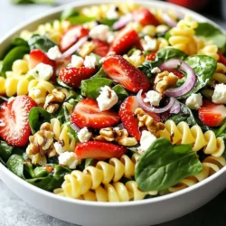- 8 oz whole wheat fusilli pasta - 4 cups fresh spinach, thoroughly washed and coarsely chopped - 2 cups ripe strawberries, hulled and sliced into thin pieces - &frac12; cup feta cheese, crumbled - &frac14; cup red onion, sliced thinly - &frac12; cup walnuts, roughly chopped - &frac14; cup high-quality olive oil - 2 tablespoons balsamic vinegar - 1 tablespoon honey or maple syrup for a vegan option - Sea salt and freshly cracked black pepper, to taste This salad brings together some great flavors and textures. The whole wheat fusilli pasta adds a nice heartiness. I love using fresh spinach because it&rsquo;s full of nutrients and adds a vibrant green color. Ripe strawberries bring a sweet touch that brightens the dish. Feta cheese adds a creamy and salty flavor. Red onion gives a nice crunch and a bit of bite. Walnuts add a great crunch and nutty flavor, making each bite exciting. For the dressing, I use high-quality olive oil. The balsamic vinegar brings a tangy note that pairs well with the sweetness of the strawberries. Honey or maple syrup balances the tang, making it perfect. Don&rsquo;t forget the sea salt and black pepper to enhance all the flavors. {{ingredient_image_2}} To start, bring a large pot of salted water to a boil. Use enough water to let the pasta move freely. Once the water is boiling, add 8 oz of whole wheat fusilli pasta. Stir it gently to keep it from sticking. Cook the pasta for about 10-12 minutes until it&rsquo;s al dente. This means it should be firm but not hard. After cooking, drain the pasta well. Rinse it under cold running water to stop the cooking. This step cools the pasta and keeps it from clumping together. While the pasta cooks, we can make the dressing. In a small bowl, combine &frac14; cup of high-quality olive oil, 2 tablespoons of balsamic vinegar, and 1 tablespoon of honey or maple syrup. Add a pinch of sea salt and freshly cracked pepper for flavor. Whisk these ingredients together until they blend into a smooth mix. If you like it sweeter, add more honey or maple syrup. For a saltier taste, adjust with a bit more salt. Now, it&rsquo;s time to put it all together. In a large mixing bowl, combine the cooled pasta with 4 cups of coarsely chopped spinach, 2 cups of sliced strawberries, &frac12; cup of crumbled feta cheese, &frac14; cup of thinly sliced red onion, and &frac12; cup of roughly chopped walnuts. Gently mix the ingredients so that the strawberries stay whole. After mixing, drizzle the dressing over the salad. Use a spatula or big spoon to toss everything together gently. This ensures all ingredients get coated without crushing the strawberries. Next, cover the bowl with plastic wrap or place the salad in an airtight container. Chill it in the refrigerator for at least 30 minutes. This chilling time lets the flavors blend nicely. Chilling the salad is key. It lets the flavors mix well. After you make the salad, cover it and place it in the fridge for at least 30 minutes. This step makes every bite taste better. You can also adjust the seasoning to fit your taste. Try adding more salt or pepper if needed. A pinch of extra honey can make it sweeter, too. To make the salad look great, consider garnishing it. Add whole strawberries on top for a pop of color. A sprinkle of feta can make it more appealing. Serve the salad in bright bowls or on a large platter. This way, it draws attention at any meal. Enjoy the vibrant colors and textures of this fresh, wholesome pasta salad! Pro Tips Cook Pasta Al Dente: Ensure the pasta is cooked al dente for the best texture. It should be firm to the bite, which prevents it from becoming mushy when mixed with the other ingredients. Use Fresh Ingredients: Fresh spinach and ripe strawberries elevate the flavor and nutrition of your pasta salad. Always choose seasonal produce for the best taste. Make Ahead: Prepare the salad a few hours in advance or the day before. Chilling it allows the flavors to meld together beautifully, enhancing the overall taste. Experiment with Nuts: While walnuts add a nice crunch, feel free to substitute with other nuts like pecans or almonds for a different flavor profile and texture. {{image_4}} You can switch up the pasta type if you want. Try gluten-free pasta or even zoodles. These options add a new twist and fit different diets. For those who need a dairy-free option, swap feta with vegan cheese or avocado. This keeps the creaminess without the dairy. If you want more crunch, you can use almonds or sunflower seeds instead of walnuts. Both add a nice texture and flavor to the salad. If strawberries are out of season, try blueberries or mango. These fruits give a sweet touch and keep the salad bright. You can also add fresh herbs like basil or mint. They add a fresh taste that makes the salad pop. A pinch of chili flakes can bring some heat if you like it spicy. Mixing in these flavors makes each bite exciting. To keep your salad fresh, store it in an airtight container. Glass containers work well, but plastic ones are fine too. Make sure the lid seals tightly. This keeps out air and moisture. You can store the salad in the fridge for up to three days. The pasta may soak up the dressing over time, so it&rsquo;s best enjoyed within the first two days. Can you freeze the salad? I don&rsquo;t recommend freezing this salad. The fresh strawberries and spinach lose texture when thawed. The pasta can become mushy too. If you want to enjoy it later, consider freezing the dressing separately. For thawing, just move the dressing to the fridge a day before you serve it. This helps it return to a good consistency. When ready to eat, mix it with freshly made pasta and greens. This keeps the flavors bright and fresh. You can serve this salad with grilled chicken or shrimp. Both add protein and flavor. A simple side of garlic bread complements it well, too. If you want something lighter, enjoy it with a bowl of fresh fruit. For a full meal, pair it with a crisp white wine. Each option brings out the freshness of the salad. To make this salad vegan, use maple syrup instead of honey. Swap feta cheese for a dairy-free cheese or omit it entirely. You can also add avocado for creaminess. This keeps the salad rich and satisfying without dairy. The vibrant flavors of the dressing and fresh ingredients will shine through. Yes, you can use frozen strawberries! Just thaw them first and drain excess water. They might be softer than fresh ones, but they still add great taste. Frozen strawberries often have a sweeter flavor, enhancing the salad. Just remember that the texture may change a bit, but the deliciousness remains. This blog post covered making a tasty Strawberry Spinach Pasta Salad. We discussed key ingredients like whole wheat fusilli, fresh spinach, and ripe strawberries. I gave you step-by-step instructions, tips to enhance flavor, and creative variations. You can store the salad well or even freeze it. Now, as you try this salad, be inventive. Enjoy making it your own and share it with others. Simple yet delicious food brings everyone together. Happy cooking!