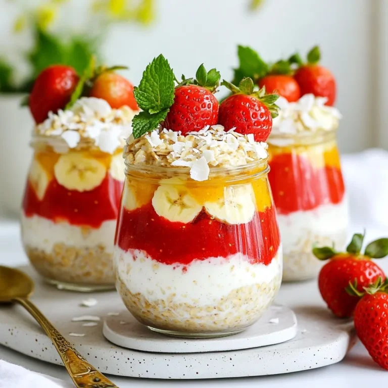 To make delicious Strawberry Coconut Overnight Oats, you need a few simple items. Here’s what you will need: - 1 cup rolled oats - 1 cup coconut milk - 1 ripe banana, mashed - 1 cup fresh strawberries, hulled and sliced - 2 tablespoons unsweetened shredded coconut - 1 tablespoon honey or maple syrup (optional) - 1 teaspoon pure vanilla extract - A pinch of salt - Fresh mint leaves for garnish (optional) These ingredients blend together to create a sweet and creamy treat. The oats soak up the coconut milk overnight. This gives them a soft and nice texture. Strawberries add a burst of flavor, while banana provides natural sweetness. The shredded coconut gives a chewy bite and a hint of tropical taste. If you like your oats sweeter, feel free to add honey or maple syrup. Using fresh mint leaves as a garnish makes your dish look bright and fresh. It also adds a lovely aroma. Enjoy gathering these ingredients! You’re on your way to a tasty breakfast that you can prepare in just a few minutes. {{ingredient_image_2}} Start by grabbing a medium mixing bowl. In this bowl, combine: - 1 cup rolled oats - 1 cup coconut milk - 1 ripe banana, mashed - 2 tablespoons unsweetened shredded coconut - 1 tablespoon honey or maple syrup (optional) - 1 teaspoon pure vanilla extract - A pinch of salt Mix these ingredients well. You want the oats to soak up the coconut milk. Ensure everything is combined nicely. Next, gently fold in: - 1 cup fresh strawberries, hulled and sliced Be careful not to mash the strawberries. You want to keep their shape and juice intact. This will add a nice fruity burst in each bite. Now, it’s time to store your mixture. Carefully divide the oats into two jars. Seal them tightly with their lids. Place the jars in the refrigerator. Let them chill overnight or for at least 4 hours. This soaking time allows the flavors to blend well. When morning comes, it’s time to enjoy your oats. First, give the jars a good stir. If the mixture seems too thick, add a splash of coconut milk. Adjust it to your desired creaminess. Before serving, top your oats with extra sliced strawberries, a sprinkle of shredded coconut, and fresh mint leaves. This makes for a lovely presentation! To make sure your oats are creamy, choose the right coconut milk. Canned coconut milk is thick and rich. If you want a lighter texture, use carton coconut milk. You can adjust the thickness by adding more coconut milk after soaking. If the oats seem too thick, just stir in a splash of coconut milk. This keeps your oats smooth and tasty. You can change the sweetness to fit your taste. Using a ripe banana adds natural sweetness. If you like it sweeter, add honey or maple syrup. Start with one tablespoon and taste it. You can always add more if needed. This way, you make the oats just right for you. Serving your oats in clear jars makes them look great. You can see the layers of strawberries and oats. For garnishing, add sliced strawberries on top. A sprinkle of shredded coconut gives it a nice touch. Don’t forget a mint leaf for some color. It makes your breakfast feel special and inviting. Pro Tips Choose Your Coconut Milk: For a creamier texture, opt for canned coconut milk. If you prefer a lighter option, carton coconut milk works well too! Sweetness Level: Adjust the sweetness to your liking by adding more or less honey or maple syrup based on the ripeness of your banana. Make it Vegan: Substitute honey with maple syrup to make this recipe completely vegan-friendly without compromising on flavor! Batch Preparation: Double the recipe and prepare extra jars for a quick grab-and-go breakfast option throughout the week! {{image_4}} You can easily change the taste of your overnight oats. Adding different fruits can make it fun. Try blueberries for a tart burst, or mango for a sweet twist. You can also mix in some chopped apples or peaches. Each fruit adds its own flavor and color. Feel free to get creative! If you want to make this recipe vegan, swap honey for maple syrup. You can also use plant-based yogurt for a creamier texture. To make it gluten-free, ensure your oats are certified gluten-free. This way, everyone can enjoy these tasty oats without worry. Nuts or seeds can add great texture and nutrients. Consider adding chopped almonds or walnuts for crunch. Sunflower seeds or chia seeds also work well. Just sprinkle them on top before serving. This adds a fun bite and boosts the health benefits. You can store your strawberry coconut overnight oats in the fridge for up to five days. To keep them fresh, make sure to seal the jars tightly. The oats will absorb the liquid over time, so stir them well before you eat. If they seem too thick, add a splash of coconut milk to reach your desired texture. If you want to enjoy your oats later, you can freeze them. Simply place the sealed jars in the freezer. They can stay fresh for up to three months. To eat them, take a jar out and let it thaw in the fridge overnight. You can also heat them in the microwave for a quick breakfast. Just add a little coconut milk to help them soften. For the best storage, use glass jars or airtight containers. Glass jars let you see the colorful layers. This makes your oats look even more tempting! Make sure the lids fit tightly to keep air out. This helps maintain freshness and flavor for your delicious oats. To make this dish, follow these steps: 1. In a bowl, mix 1 cup of rolled oats with 1 cup of coconut milk. 2. Add 1 ripe, mashed banana, 2 tablespoons of shredded coconut, and a pinch of salt. 3. If you want, stir in 1 tablespoon of honey or maple syrup for sweetness. 4. Mix until everything is well blended. 5. Gently fold in 1 cup of sliced strawberries. 6. Divide the mix into two jars or containers. 7. Seal them and place them in the fridge overnight. 8. The next morning, stir the oats. 9. If they are too thick, add a splash of coconut milk. 10. Top with more strawberries, shredded coconut, and fresh mint before serving. Yes, you can use various types of milk. Almond milk, soy milk, or oat milk work well. Each choice gives a unique taste and texture. Coconut milk makes it creamy and rich. Almond milk is nutty and light. Soy milk adds protein and has a smooth flavor. Choose what you like best or what you have at home. If you have leftovers, get creative! You can eat them cold or warm them up. Top them with different fruits, nuts, or seeds. Try adding yogurt for extra creaminess. You can mix in some nut butter for added flavor. Overnight oats can also be used in smoothies for a healthy drink. Enjoy them in many ways! This blog post shared a simple and delicious recipe for strawberry coconut overnight oats. You learned how to mix key ingredients, store them, and enjoy them the next day. Tips on sweetness and presentation help make your dish appealing. Variations let you explore flavors and adapt for diets. Remember, proper storage keeps your oats fresh. Enjoy this healthy breakfast option any day of the week!