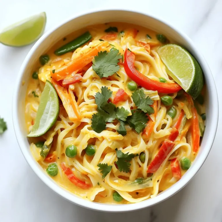 To make Coconut Curry Rice Noodles, you need these key ingredients: - 200g rice noodles - 1 can (400ml) coconut milk - 2 tablespoons red curry paste - 1 tablespoon olive oil - 1 red bell pepper, thinly sliced - 1 carrot, julienned - 1 zucchini, spiralized or sliced - 1 cup snap peas, trimmed - 1 tablespoon soy sauce - 1 tablespoon fresh lime juice - 1 tablespoon fresh ginger, grated - 2 cloves garlic, minced - Fresh cilantro, for garnish - Salt and pepper, to taste These ingredients create a rich, creamy, and flavorful dish that warms the soul. You can add extra ingredients to enhance the flavor: - Fresh basil or mint for a fresh touch - Chopped green onions for added crunch - Sliced chili for heat - Peanuts or cashews for a nutty flavor Feel free to mix and match based on your taste! To prepare this dish, you'll need some basic kitchen tools: - Large pot for cooking rice noodles - Spacious skillet or wok for cooking the curry - Wooden spoon for stirring - Colander for draining noodles - Knife and cutting board for chopping veggies Having these tools will make your cooking process smooth and easy! {{ingredient_image_2}} Start by boiling water in a large pot. Once the water is boiling, add the rice noodles. Cook them based on the package instructions, usually around 5 to 7 minutes. You want them soft but not mushy. Stir the noodles occasionally to prevent sticking. After cooking, drain the noodles in a colander. Rinse them briefly with cool water to stop the cooking. Set them aside while you prepare the curry sauce. Grab a spacious skillet or wok and place it on medium heat. Pour in the olive oil and let it warm up. Add the minced garlic and grated ginger, cooking for about 1 minute. The kitchen will start to smell amazing! Next, stir in the red curry paste. Let it cook for another minute to bring out the rich flavors. Slowly pour in the coconut milk, stirring well. Bring this mixture to a gentle simmer. Let it cook for about 5 minutes so the flavors can meld together nicely. Add the sliced red bell pepper, julienned carrot, spiralized zucchini, and trimmed snap peas to the skillet. Stir everything together. Cook this mix for another 5 to 7 minutes, until the veggies are tender but crisp. Now, gently fold in the drained rice noodles. Toss them with the veggies, ensuring they are well combined. Drizzle in soy sauce and lime juice. Season with salt and pepper to taste. Keep tossing until every noodle is coated in that creamy sauce. Once mixed, let it cool for a few minutes before serving. To get the best flavor in your coconut curry rice noodles, use fresh ingredients. Fresh ginger and garlic give a strong base that makes the dish shine. When cooking, let the red curry paste bloom in the hot oil. This step brings out the spices and makes your sauce rich. Don’t rush the simmering time; let the coconut milk and veggies mix well. A splash of lime juice at the end adds brightness and balances the creaminess. Avoid overcooking the rice noodles. If they become mushy, they won’t hold up in the dish. Cook them just until tender, then drain them right away. Another mistake is not seasoning enough. Taste the dish before serving and adjust the salt and pepper to your liking. Lastly, don’t skip the garnish! Fresh cilantro adds color and flavor that makes your meal pop. Presentation matters, even for home meals. Serve the noodles in individual bowls. Top each bowl with fresh cilantro for a vibrant look. Add a lime wedge on the side; it gives a nice pop of color. You can also sprinkle some sesame seeds or chopped peanuts on top. This adds texture and makes your dish feel gourmet. Pro Tips Fresh Ingredients: Use fresh vegetables for a vibrant flavor and crunch. The freshness enhances the overall taste of the dish. Adjust Spice Levels: If you prefer a milder curry, start with less red curry paste and gradually add more to taste. This way, you control the heat. Perfectly Cooked Noodles: Make sure not to overcook the rice noodles; they should be al dente. They will soften further when mixed with the hot sauce. Garnishing: For an extra flavor boost, consider adding toasted peanuts or sesame seeds on top along with the cilantro. This adds a delightful crunch. {{image_4}} You can easily swap out ingredients to fit your diet. For a gluten-free meal, use tamari instead of soy sauce. If you prefer a nut-free option, skip the peanut garnishes. You can replace rice noodles with quinoa or zucchini noodles for a low-carb dish. You can also use light coconut milk if you want fewer calories. To boost the protein, add tofu, chicken, or shrimp. If you choose tofu, use firm or extra-firm varieties. For a vegetarian option, try chickpeas or lentils. These options soak up the curry flavor well. You can also use cooked chicken if you have leftovers. Just add it when you mix the noodles. You can adjust the spice level to suit your taste. For a milder dish, use less red curry paste. To make it spicier, add more paste or some sliced fresh chili. You can also mix in other spices, like cumin or turmeric, for unique flavors. If you want a tangy twist, add a bit of lime zest or a splash of vinegar. To store leftover Coconut Curry Rice Noodles, let them cool first. Then, place them in an airtight container. Make sure to cover the noodles well. This will keep them fresh. You can store them in the fridge for up to three days. If you want to keep them longer, consider freezing. When reheating, add a splash of water or coconut milk. This keeps the noodles moist and tasty. Heat them in a skillet over medium heat. Stir often to make sure they warm evenly. You can also use a microwave. Just cover them loosely and heat in short bursts. Stir between each burst for even heating. You can freeze Coconut Curry Rice Noodles if you want to save them. First, let them cool completely. Then, place them in a freezer-safe container. Be sure to label the container with the date. They can last up to three months in the freezer. When ready to eat, thaw them overnight in the fridge. Reheat them as mentioned above for the best taste. Yes, you can easily make this dish vegan. Just swap the soy sauce with a vegan version. Use a plant-based red curry paste. Make sure your coconut milk is dairy-free, which it usually is. You can add more veggies or tofu for protein. This way, you keep the flavors rich and satisfying. Coconut Curry Rice Noodles pair well with many sides. Try serving them with fresh spring rolls or a light salad. You can add a side of steamed broccoli or bok choy for more greens. A cooling cucumber salad also works great. Feel free to explore different sides to match your taste. Leftovers can last about 3 to 4 days in the fridge. Make sure to store them in an airtight container. To keep the noodles fresh, add a splash of water when reheating. This helps prevent them from drying out. Enjoy your meal again with just a quick heat! Coconut Curry Rice Noodles offer a rich and tasty meal. We covered key ingredients, steps to cook, and tips to enhance flavor. Remember, small changes can make a big difference. Whether you prefer vegan options or extra spice, your kitchen can create magic. Don’t forget how to store and reheat leftovers for future enjoyment. With these tools and tricks, you can make this dish shine on your table. Enjoy exploring all the tasty variations and personal touches!