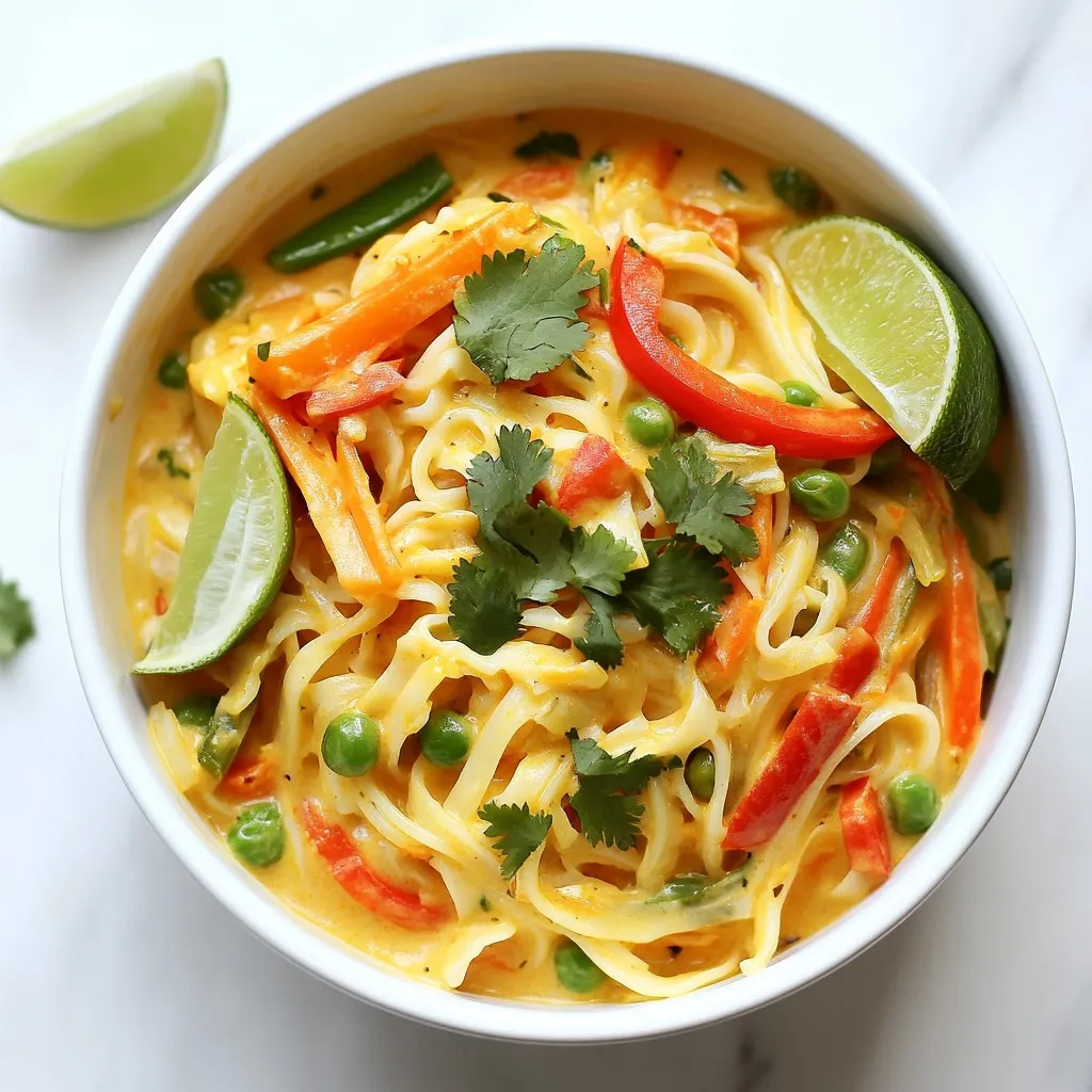 To make Coconut Curry Rice Noodles, you need these key ingredients: - 200g rice noodles - 1 can (400ml) coconut milk - 2 tablespoons red curry paste - 1 tablespoon olive oil - 1 red bell pepper, thinly sliced - 1 carrot, julienned - 1 zucchini, spiralized or sliced - 1 cup snap peas, trimmed - 1 tablespoon soy sauce - 1 tablespoon fresh lime juice - 1 tablespoon fresh ginger, grated - 2 cloves garlic, minced - Fresh cilantro, for garnish - Salt and pepper, to taste These ingredients create a rich, creamy, and flavorful dish that warms the soul. You can add extra ingredients to enhance the flavor: - Fresh basil or mint for a fresh touch - Chopped green onions for added crunch - Sliced chili for heat - Peanuts or cashews for a nutty flavor Feel free to mix and match based on your taste! To prepare this dish, you'll need some basic kitchen tools: - Large pot for cooking rice noodles - Spacious skillet or wok for cooking the curry - Wooden spoon for stirring - Colander for draining noodles - Knife and cutting board for chopping veggies Having these tools will make your cooking process smooth and easy! {{ingredient_image_2}} Start by boiling water in a large pot. Once the water is boiling, add the rice noodles. Cook them based on the package instructions, usually around 5 to 7 minutes. You want them soft but not mushy. Stir the noodles occasionally to prevent sticking. After cooking, drain the noodles in a colander. Rinse them briefly with cool water to stop the cooking. Set them aside while you prepare the curry sauce. Grab a spacious skillet or wok and place it on medium heat. Pour in the olive oil and let it warm up. Add the minced garlic and grated ginger, cooking for about 1 minute. The kitchen will start to smell amazing! Next, stir in the red curry paste. Let it cook for another minute to bring out the rich flavors. Slowly pour in the coconut milk, stirring well. Bring this mixture to a gentle simmer. Let it cook for about 5 minutes so the flavors can meld together nicely. Add the sliced red bell pepper, julienned carrot, spiralized zucchini, and trimmed snap peas to the skillet. Stir everything together. Cook this mix for another 5 to 7 minutes, until the veggies are tender but crisp. Now, gently fold in the drained rice noodles. Toss them with the veggies, ensuring they are well combined. Drizzle in soy sauce and lime juice. Season with salt and pepper to taste. Keep tossing until every noodle is coated in that creamy sauce. Once mixed, let it cool for a few minutes before serving. To get the best flavor in your coconut curry rice noodles, use fresh ingredients. Fresh ginger and garlic give a strong base that makes the dish shine. When cooking, let the red curry paste bloom in the hot oil. This step brings out the spices and makes your sauce rich. Don’t rush the simmering time; let the coconut milk and veggies mix well. A splash of lime juice at the end adds brightness and balances the creaminess. Avoid overcooking the rice noodles. If they become mushy, they won’t hold up in the dish. Cook them just until tender, then drain them right away. Another mistake is not seasoning enough. Taste the dish before serving and adjust the salt and pepper to your liking. Lastly, don’t skip the garnish! Fresh cilantro adds color and flavor that makes your meal pop. Presentation matters, even for home meals. Serve the noodles in individual bowls. Top each bowl with fresh cilantro for a vibrant look. Add a lime wedge on the side; it gives a nice pop of color. You can also sprinkle some sesame seeds or chopped peanuts on top. This adds texture and makes your dish feel gourmet. Pro Tips Fresh Ingredients: Use fresh vegetables for a vibrant flavor and crunch. The freshness enhances the overall taste of the dish. Adjust Spice Levels: If you prefer a milder curry, start with less red curry paste and gradually add more to taste. This way, you control the heat. Perfectly Cooked Noodles: Make sure not to overcook the rice noodles; they should be al dente. They will soften further when mixed with the hot sauce. Garnishing: For an extra flavor boost, consider adding toasted peanuts or sesame seeds on top along with the cilantro. This adds a delightful crunch. {{image_4}} You can easily swap out ingredients to fit your diet. For a gluten-free meal, use tamari instead of soy sauce. If you prefer a nut-free option, skip the peanut garnishes. You can replace rice noodles with quinoa or zucchini noodles for a low-carb dish. You can also use light coconut milk if you want fewer calories. To boost the protein, add tofu, chicken, or shrimp. If you choose tofu, use firm or extra-firm varieties. For a vegetarian option, try chickpeas or lentils. These options soak up the curry flavor well. You can also use cooked chicken if you have leftovers. Just add it when you mix the noodles. You can adjust the spice level to suit your taste. For a milder dish, use less red curry paste. To make it spicier, add more paste or some sliced fresh chili. You can also mix in other spices, like cumin or turmeric, for unique flavors. If you want a tangy twist, add a bit of lime zest or a splash of vinegar. To store leftover Coconut Curry Rice Noodles, let them cool first. Then, place them in an airtight container. Make sure to cover the noodles well. This will keep them fresh. You can store them in the fridge for up to three days. If you want to keep them longer, consider freezing. When reheating, add a splash of water or coconut milk. This keeps the noodles moist and tasty. Heat them in a skillet over medium heat. Stir often to make sure they warm evenly. You can also use a microwave. Just cover them loosely and heat in short bursts. Stir between each burst for even heating. You can freeze Coconut Curry Rice Noodles if you want to save them. First, let them cool completely. Then, place them in a freezer-safe container. Be sure to label the container with the date. They can last up to three months in the freezer. When ready to eat, thaw them overnight in the fridge. Reheat them as mentioned above for the best taste. Yes, you can easily make this dish vegan. Just swap the soy sauce with a vegan version. Use a plant-based red curry paste. Make sure your coconut milk is dairy-free, which it usually is. You can add more veggies or tofu for protein. This way, you keep the flavors rich and satisfying. Coconut Curry Rice Noodles pair well with many sides. Try serving them with fresh spring rolls or a light salad. You can add a side of steamed broccoli or bok choy for more greens. A cooling cucumber salad also works great. Feel free to explore different sides to match your taste. Leftovers can last about 3 to 4 days in the fridge. Make sure to store them in an airtight container. To keep the noodles fresh, add a splash of water when reheating. This helps prevent them from drying out. Enjoy your meal again with just a quick heat! Coconut Curry Rice Noodles offer a rich and tasty meal. We covered key ingredients, steps to cook, and tips to enhance flavor. Remember, small changes can make a big difference. Whether you prefer vegan options or extra spice, your kitchen can create magic. Don’t forget how to store and reheat leftovers for future enjoyment. With these tools and tricks, you can make this dish shine on your table. Enjoy exploring all the tasty variations and personal touches!