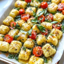 To make a tasty sheet pan garlic butter gnocchi, you'll need the following ingredients: - 1 pound gnocchi (store-bought or homemade) - 4 tablespoons unsalted butter - 5 cloves garlic, finely minced - 1 cup cherry tomatoes, halved - 1 cup fresh spinach, roughly chopped - 1 teaspoon dried Italian herbs (a mix of oregano, basil, and thyme) - Salt and freshly ground black pepper to taste - Freshly grated Parmesan cheese for serving - Fresh basil leaves for garnish Each ingredient plays a key role in creating that rich flavor. The gnocchi serves as a soft and chewy base. Garlic brings a bold taste, while butter adds creaminess. Cherry tomatoes provide sweetness, and spinach adds color and nutrition. The Italian herbs give your dish a warm aroma. Salt and pepper balance everything out. Finally, Parmesan cheese adds a salty kick, and fresh basil gives a fragrant finish. Make sure to gather these items before you start cooking. Enjoy the process of preparing this delightful meal! {{ingredient_image_2}} First, set your oven to 425&deg;F (220&deg;C). This high heat helps the gnocchi turn golden and crispy. Line a large sheet pan with parchment paper. This makes for easy cleanup and helps cook evenly. Next, grab a small saucepan. Melt 4 tablespoons of unsalted butter over medium heat. Once the butter melts, add 5 cloves of finely minced garlic. Saut&eacute; the garlic for 1-2 minutes. You want it fragrant but not burnt. Once done, remove it from heat and set it aside. Now, take your prepared sheet pan. Spread 1 pound of gnocchi evenly across it. Add 1 cup of halved cherry tomatoes and 1 cup of roughly chopped fresh spinach. Make sure everything has space. This helps each piece cook well. Drizzle the garlic butter over the gnocchi and veggies. Toss everything gently using your hands or a spatula. Make sure every piece is coated in that rich butter. Sprinkle 1 teaspoon of dried Italian herbs, salt, and freshly ground black pepper on top. Spread the ingredients into an even layer. Place the sheet pan in the oven. Bake for about 20 minutes. The gnocchi should be golden, and the tomatoes will blister. After baking, stir the dish gently to mix the flavors. Let it cool for a minute before serving. Top with freshly grated Parmesan cheese and garnish with fresh basil leaves. Enjoy it hot for the best taste! For the best gnocchi, start with fresh, high-quality ingredients. Use store-bought gnocchi for ease or make your own for a fun twist. When cooking, boil gnocchi in salted water until they float. This means they are done. After boiling, dry them off gently to help them crisp up in the oven. When you bake them, space them out well on the sheet pan. This helps them become golden and crispy. Toss them with the garlic butter evenly, ensuring each piece gets coated. This step is key for flavor. If you want to switch things up, try using olive oil instead of butter. Olive oil gives a nice, rich flavor and is a bit lighter. You can also use garlic-infused oil for extra garlic taste without the bits. For a vegan option, try a plant-based butter. It works well and keeps the dish creamy. For added flavor, mix in herbs like rosemary or thyme into your butter or oil. You can also use crushed red pepper for a bit of spice! Garnishing adds a nice touch to your dish. Fresh basil leaves bring a bright flavor that really lifts the dish. For a bit of zest, sprinkle some lemon zest on top right before serving. It adds freshness. Don't forget the Parmesan cheese! Freshly grated cheese is best. It melts beautifully and gives a savory finish. For an extra touch, drizzle a little more melted butter on top just before serving for that rich, buttery experience. Pro Tips Use Fresh Ingredients: Fresh spinach and ripe cherry tomatoes will enhance the flavor and texture of your dish, making it more vibrant and delicious. Customize Your Herbs: Feel free to experiment with fresh herbs like basil or parsley instead of dried Italian herbs for a more pronounced flavor profile. Perfecting Gnocchi Texture: For extra crispy gnocchi, consider pan-frying them briefly in the butter before baking to achieve a delightful golden crust. Serving Suggestions: Pair this dish with a light salad or crusty bread to create a well-rounded meal that balances flavors and textures. {{image_4}} You can add many vegetables to your sheet pan meal. Try bell peppers for sweetness. Zucchini adds a nice crunch. Broccoli is also a great choice. Just chop them up and mix them in. You want to keep the cooking time in mind. Cut vegetables thinly to cook well in the oven. This way, you get a colorful and tasty dish. Adding protein makes this dish even heartier. Cooked chicken or sausage pairs well with gnocchi. Shrimp is another tasty option. Just toss it in with the other ingredients. If you want a meat-free option, try chickpeas. They add flavor and nutrition. Make sure to adjust cooking times if you use raw meat. If you need a gluten-free option, look for gluten-free gnocchi. Many brands offer this now. You can also make your own with gluten-free flour. Just follow the same steps for cooking. You won&rsquo;t miss out on taste or texture. This dish can easily fit into a gluten-free diet. Enjoy every bite without worry! After you enjoy your meal, store the leftovers in an airtight container. Let the dish cool completely before sealing it up. This helps keep the gnocchi fresh. Place the container in the fridge. It will stay good for about three days. To reheat, you can use the oven or a microwave. If using the oven, preheat it to 350&deg;F (175&deg;C). Spread the gnocchi on a baking sheet and heat for about 10 minutes. This helps keep them crispy. For the microwave, heat in 30-second bursts until warm. Stir between heating to get even warmth. To freeze, let the dish cool completely. Place it in a freezer-safe container. You can also use freezer bags. Make sure to remove as much air as possible. Label the bag with the date. It can stay in the freezer for about two months. When ready to eat, thaw it overnight in the fridge before reheating. Yes, you can use homemade gnocchi. It can add a fresh touch to your dish. Just make sure your gnocchi is cooked properly. If you make it from scratch, follow a reliable recipe to ensure the right texture. Homemade gnocchi may need a bit more time in the oven to crisp up, so keep an eye on it. You can easily use other greens instead of spinach. Kale or Swiss chard works well. If you want something different, try arugula for a spicy kick. You can even use frozen spinach if fresh isn't available. Just make sure to thaw and drain it well before adding it to your dish. To achieve crispy gnocchi, spread them out evenly on the sheet pan. Do not overcrowd them. The hot oven will help them brown nicely. Drizzling enough garlic butter also helps. Bake at 425&deg;F until golden brown, about 20 minutes. Stir halfway through for even cooking. Yes, you can prep some parts in advance. You can cook the garlic butter and chop the veggies ahead. Just store them in the fridge. When you&rsquo;re ready to bake, toss everything together and pop it in the oven. It&rsquo;s a great way to save time on busy days. This blog post covered a simple and tasty recipe for baked gnocchi. We shared a list of easy-to-find ingredients, step-by-step instructions, and helpful tips for cooking. I also discussed fun variations, storage options, and answered common questions. Try this dish to impress your family or friends. Cooking can be fun and easy with the right steps. Enjoy your meal, and don&rsquo;t forget to experiment!
