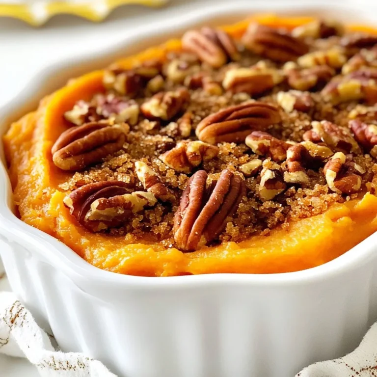 To make a delicious Maple Pecan Sweet Potato Casserole, you will need: - 4 medium sweet potatoes, peeled and cut into 1-inch cubes - 1/2 cup pure maple syrup - 1/4 cup unsalted butter, melted (plus an additional tablespoon for topping) - 1/2 cup milk (or almond milk for a dairy-free alternative) - 1 teaspoon pure vanilla extract - 1/2 teaspoon ground cinnamon - 1/4 teaspoon freshly grated nutmeg - Salt, to taste - 1 cup pecans, coarsely chopped - 1/4 cup packed brown sugar You can easily swap some ingredients to suit your needs. For milk, try almond milk or oat milk for a dairy-free option. If you don’t have pecans, walnuts work well too. You can replace brown sugar with coconut sugar for a healthier option. If you prefer less sweetness, cut the maple syrup by a third. This recipe shines at Thanksgiving but fits everyday meals too. Sweet potatoes are nutritious and filling, making them great year-round. During the holidays, I enjoy using fresh, local ingredients to enhance flavors. In contrast, for everyday cooking, I might grab canned sweet potatoes or generic brands for ease. Whichever you choose, the flavors remain fantastic! {{ingredient_image_2}} Start by peeling and cutting four medium sweet potatoes into 1-inch cubes. Place them in a large pot and cover with water. Add a pinch of salt to enhance flavor. Bring the water to a rolling boil on high heat. Cook the sweet potatoes for about 15 to 20 minutes. They are ready when a fork can easily pierce them. After they are tender, drain the water and let the sweet potatoes cool a bit. In a large mixing bowl, take your cooled sweet potatoes. Use a potato masher or fork to mash them. Aim for a smooth and creamy texture. This step is crucial for a delightful casserole. You want it to be light and fluffy. Now, it's time to make the sweet potato mixture. Add in the following ingredients: - 1/2 cup pure maple syrup - 1/4 cup unsalted butter, melted - 1/2 cup milk (or almond milk) - 1 teaspoon pure vanilla extract - 1/2 teaspoon ground cinnamon - 1/4 teaspoon freshly grated nutmeg - Salt, to taste Mix all these ingredients with the mashed sweet potatoes until everything is creamy and well combined. Preheat your oven to 350°F (175°C). Grease a 9x13 inch baking dish with cooking spray or a bit of butter. Spread the sweet potato mixture evenly across the bottom of the dish. Next, prepare the topping by mixing: - 1 cup coarsely chopped pecans - 1/4 cup packed brown sugar - 1 tablespoon melted butter Toss these together until the pecans are well coated. Evenly sprinkle this mixture over the sweet potato layer. Bake the casserole in the oven for 25 to 30 minutes. It is done when heated through and the topping is golden brown. Let it sit for a few minutes before serving. Enjoy your creation! To get a smooth and creamy texture, mash the sweet potatoes well. If they feel too thick, add a bit more milk. This will help create a velvety base. I suggest using a potato masher or a fork for this. Avoid using a blender, as it can make the mixture too gummy. You can easily change the sweetness to fit your taste. If you want it sweeter, add more maple syrup or brown sugar. Start with one tablespoon at a time until it meets your liking. If you prefer less sweetness, reduce the maple syrup. Always taste as you go to find your perfect balance. You can prepare this casserole a day before. Simply follow the recipe up to the baking step. Cover the assembled dish with plastic wrap and store it in the fridge. When ready to bake, remove the wrap and bake it directly. This saves time and makes serving easier. I love making it ahead for busy days! Pro Tips Choose the Right Sweet Potatoes: Look for sweet potatoes that are firm and have smooth skin. Avoid any with blemishes or soft spots for the best texture and flavor. Perfectly Creamy Mash: For an ultra-smooth consistency, use a ricer or food processor to mash the sweet potatoes instead of a fork or masher. Customize Your Milk: For a richer flavor, consider using coconut milk instead of regular milk. It adds a pleasant creaminess and a hint of tropical sweetness. Toast the Pecans: For added depth of flavor, lightly toast the pecans in a dry skillet before adding them to the topping mixture. This enhances their natural nuttiness. {{image_4}} You can easily make this casserole vegan. Just swap regular milk for almond milk. Use coconut oil instead of butter. This change keeps the dish creamy and tasty. The maple syrup still adds that sweet touch. You won't miss the dairy at all! If you need a nut-free version, leave out the pecans. Instead, use sunflower seeds or pumpkin seeds. These seeds add a nice crunch and flavor. You can also sprinkle some crushed graham crackers on top. This gives a sweet twist without the nuts. Try mixing in different spices for new flavors. Ginger or allspice can add warmth to the dish. A pinch of cayenne pepper gives a nice kick. You can also add a hint of cardamom for a unique taste. Experimenting with spices lets you make each casserole special! To store leftover Maple Pecan Sweet Potato Casserole, wait until it cools. Then, transfer it to an airtight container. You can keep it in the fridge for up to three days. Make sure to cover it well to keep it fresh. If you want to reheat it, the flavors will stay great. When you are ready to enjoy your leftovers, preheat your oven to 350°F (175°C). Place the casserole in a baking dish. Cover it with foil to keep moisture in. Heat for about 20-25 minutes until warm. You could also use a microwave. Just heat in short bursts, stirring in between, until it warms up. If you want to freeze the casserole, do this before baking. Wrap the dish tightly with plastic wrap and then foil. It can last up to two months in the freezer. When ready to bake, let it thaw overnight in the fridge. Bake it as per the original instructions. Enjoy your delicious casserole anytime! Yes, you can. Prepare the casserole up to the baking step. Cover it with foil and store it in the fridge for up to two days. When ready, bake it straight from the fridge. This makes serving easier, especially for holidays or gatherings. If you need a substitute for pecans, try walnuts or almonds. Both offer a nice crunch and flavor. You can also skip nuts entirely if you prefer. The casserole will still taste great without them. Check the casserole at 25 minutes. It should be hot all the way through. Look for a golden brown topping. If it isn’t golden yet, bake for a few more minutes. A knife inserted in the center should come out warm. This guide covers all you need for a sweet potato casserole. We discussed key ingredients and how to swap them for variety. The step-by-step instructions help you cook and bake like a pro. I shared tips for perfect consistency and sweetness, plus ways to prepare ahead. You can try different variations to fit your needs. Don't forget to store leftovers properly! This dish is simple and fun to make for any occasion. Enjoy your cooking journey and share this recipe with friends!