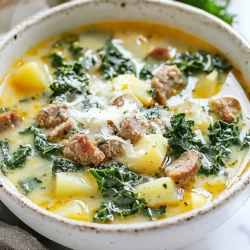 - 1 pound Italian sausage (spicy or mild) - 1 medium onion, finely diced - 3 cloves garlic, minced - 4 cups low-sodium chicken broth - 1 large bunch of kale, chopped - 2 medium Yukon Gold potatoes, diced - 1 can diced tomatoes (14 oz, undrained) - 1 cup heavy cream (or coconut cream) - 1 teaspoon dried thyme - 1 teaspoon dried oregano - Salt, black pepper, and red pepper flakes (optional) I love using fresh ingredients for my Tuscan Sausage Kale Soup. The Italian sausage gives it a rich flavor, while the kale adds a nice touch of color and health. You can choose spicy sausage if you want a kick. For a milder flavor, stick with the mild version. The onion and garlic form a wonderful base for the soup. I always finely dice the onion to ensure it cooks evenly. The minced garlic adds depth and aroma. For the broth, I prefer low-sodium chicken broth. It keeps the soup healthy while allowing me to control the salt. The Yukon Gold potatoes bring creaminess and body to the soup. They really help to thicken it while cooking. I use a can of diced tomatoes in this recipe. The juice from the tomatoes enhances the soup's flavor. Heavy cream, or coconut cream for a dairy-free option, gives the soup a velvety texture. Finally, I season the soup with thyme and oregano. They add warmth and earthiness. Salt, black pepper, and red pepper flakes can be adjusted to your taste. Feel free to make this soup your own! {{ingredient_image_2}} Start by heating a tablespoon of olive oil in a large pot over medium heat. Once the oil is warm, add the finely diced onion. Stir it often until it turns soft and translucent, which takes about five minutes. Next, add the minced garlic to the pot. Cook it for one to two minutes until it smells great and becomes fragrant. Now, crumble the Italian sausage into the pot. Use a wooden spoon to break it apart. Cook the sausage until it is browned and no longer pink, which should take about six to eight minutes. Make sure to mix it well with the onions and garlic. Once the sausage is browned, add the diced Yukon Gold potatoes to the pot. Then pour in the four cups of low-sodium chicken broth and the can of diced tomatoes, including the juices. Stir everything together well. Raise the heat to bring the mixture to a rolling boil. Once it starts boiling, lower the heat to a gentle simmer. Cook this uncovered for about 15 to 20 minutes. You want the potatoes to be fork-tender by the end. After the potatoes are tender, it&rsquo;s time to add the kale. Toss in the chopped kale, along with the dried thyme and oregano. Season it generously with salt and freshly cracked black pepper. Continue cooking for an additional five to ten minutes until the kale wilts and becomes tender. Next, lower the heat again and stir in the heavy cream. Warm it through gently; avoid letting the soup boil again. Taste the soup and adjust the seasoning if needed. If you like a bit of spice, sprinkle in red pepper flakes to your taste just before serving. Selecting the right type of sausage Choosing the right sausage is key. I love using Italian sausage for its rich flavor. You can pick spicy sausage for a kick or mild sausage for a softer taste. Both work well in this soup. How to enhance flavors with seasoning Seasoning brings the soup to life. I recommend using salt, black pepper, and dried herbs. Thyme and oregano add depth. Taste as you go to make sure the flavors balance well. Managing cooking times for vegetables Cooking times are important for texture. Start with the onion and garlic. They need about five minutes to soften. Then, add the potatoes and cook until they are fork-tender, about 15-20 minutes. Finally, stir in the kale and cook until it wilts. Ensuring creamy texture without curdling To keep the cream smooth, add it at the end. Lower the heat before stirring in the cream. This prevents it from boiling, which can cause curdling. Ideal serving suggestions Serve the soup in deep, rustic bowls. This adds to the homey feel. Pair it with crusty artisan bread for dipping. Garnishes to elevate the dish Garnish is your friend! I love adding freshly grated Parmesan cheese. A drizzle of extra virgin olive oil makes it shine. This simple touch makes the dish look and taste gourmet. Pro Tips Choose Your Sausage Wisely: Opt for high-quality Italian sausage for the best flavor. Spicy sausage will add a delightful kick, while mild sausage will create a more balanced taste for those who prefer gentler flavors. Enhance the Kale: If you find kale too tough, consider massaging the leaves with a pinch of salt before adding them to the soup. This will help soften the texture and enhance its flavor. Balance the Creaminess: If you're looking for a lighter version, substitute half of the heavy cream with low-fat milk or plant-based milk to reduce calories while still keeping a creamy texture. Fresh Herbs for a Boost: For an extra layer of flavor, garnish your soup with fresh herbs like parsley or basil just before serving. Fresh herbs can elevate the dish and add a burst of freshness. {{image_4}} You can easily change some ingredients to fit your needs. If you want a dairy-free version, swap heavy cream for coconut cream. This gives a nice, rich flavor without the dairy. For a vegan option, use plant-based sausage and skip the cream. You can also switch up the greens. If you don't have kale, try spinach, Swiss chard, or collard greens. Each green offers a unique taste and texture. Add carrots or celery for more crunch and flavor. To boost flavor, add different herbs. Fresh basil, parsley, or rosemary can make a big difference. You can also mix in spices like cumin or smoked paprika for an extra kick. Want more protein? Try adding cooked beans like cannellini or chickpeas. They add heartiness and pair well with the soup. You can even toss in some diced chicken or shrimp for a different twist. This soup pairs well with crusty bread. A nice slice of sourdough or a warm baguette is perfect. You can also serve it with a fresh salad for a lighter meal. Another fun way to serve the soup is in bread bowls. This adds a fun element and makes for easy clean-up. For a gourmet touch, sprinkle some freshly grated Parmesan on top before serving. Enjoy your soup hot and flavorful! To store leftovers, let the soup cool first. Then, pour it into a sealed container. This keeps it fresh for up to three days in the fridge. When you're ready to eat, reheat the soup on low heat. Stir it often to warm it evenly. You can also use the microwave. Just cover the bowl to avoid splatters. If you want to freeze the soup, follow these steps: 1. Allow the soup to cool completely. 2. Pour it into a freezer-safe container. Leave some space at the top for expansion. 3. Seal the container well and label it with a date. It can stay frozen for up to three months. When you thaw the soup, do it in the fridge overnight. If you're in a hurry, you can use the microwave on the defrost setting. After thawing, reheat the soup on the stove or in the microwave. Stir well to ensure even heat. This soup keeps well when stored properly. In the fridge, it lasts about three days. In the freezer, you can enjoy it for up to three months. To check for spoilage, look for off smells or changes in color. If you see any mold or unusual textures, it&rsquo;s best to toss it. This way, you ensure you always enjoy a safe and tasty meal! Yes, you can make this soup ahead of time. It tastes even better the next day! - Meal Prep Tips: - Cook the soup as directed and let it cool. - Store it in airtight containers in the fridge. - It will stay fresh for about 3 days. A crusty bread pairs well with the soup. The bread helps soak up the broth. - Recommended Pairings: - Serve with a simple green salad for a light touch. - Garlic bread adds extra flavor and crunch. If you want more heat, add red pepper flakes. You can sprinkle them in at the end. - Options for Adding Heat: - Use spicy Italian sausage instead of mild. - Add sliced jalape&ntilde;os or crushed red pepper for extra kick. This blog post shared how to make a tasty Tuscan Sausage Kale Soup. We covered ingredients like Italian sausage, potatoes, and kale. You learned step-by-step cooking methods, plus tips and tricks for perfecting your soup. We also explored variations and how to store leftovers for later use. Enjoy making this comforting dish! It&rsquo;s easy, tasty, and great for sharing with others.