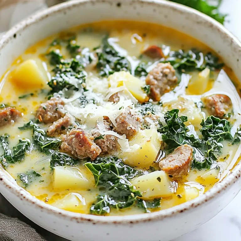- 1 pound Italian sausage (spicy or mild) - 1 medium onion, finely diced - 3 cloves garlic, minced - 4 cups low-sodium chicken broth - 1 large bunch of kale, chopped - 2 medium Yukon Gold potatoes, diced - 1 can diced tomatoes (14 oz, undrained) - 1 cup heavy cream (or coconut cream) - 1 teaspoon dried thyme - 1 teaspoon dried oregano - Salt, black pepper, and red pepper flakes (optional) I love using fresh ingredients for my Tuscan Sausage Kale Soup. The Italian sausage gives it a rich flavor, while the kale adds a nice touch of color and health. You can choose spicy sausage if you want a kick. For a milder flavor, stick with the mild version. The onion and garlic form a wonderful base for the soup. I always finely dice the onion to ensure it cooks evenly. The minced garlic adds depth and aroma. For the broth, I prefer low-sodium chicken broth. It keeps the soup healthy while allowing me to control the salt. The Yukon Gold potatoes bring creaminess and body to the soup. They really help to thicken it while cooking. I use a can of diced tomatoes in this recipe. The juice from the tomatoes enhances the soup's flavor. Heavy cream, or coconut cream for a dairy-free option, gives the soup a velvety texture. Finally, I season the soup with thyme and oregano. They add warmth and earthiness. Salt, black pepper, and red pepper flakes can be adjusted to your taste. Feel free to make this soup your own! {{ingredient_image_2}} Start by heating a tablespoon of olive oil in a large pot over medium heat. Once the oil is warm, add the finely diced onion. Stir it often until it turns soft and translucent, which takes about five minutes. Next, add the minced garlic to the pot. Cook it for one to two minutes until it smells great and becomes fragrant. Now, crumble the Italian sausage into the pot. Use a wooden spoon to break it apart. Cook the sausage until it is browned and no longer pink, which should take about six to eight minutes. Make sure to mix it well with the onions and garlic. Once the sausage is browned, add the diced Yukon Gold potatoes to the pot. Then pour in the four cups of low-sodium chicken broth and the can of diced tomatoes, including the juices. Stir everything together well. Raise the heat to bring the mixture to a rolling boil. Once it starts boiling, lower the heat to a gentle simmer. Cook this uncovered for about 15 to 20 minutes. You want the potatoes to be fork-tender by the end. After the potatoes are tender, it’s time to add the kale. Toss in the chopped kale, along with the dried thyme and oregano. Season it generously with salt and freshly cracked black pepper. Continue cooking for an additional five to ten minutes until the kale wilts and becomes tender. Next, lower the heat again and stir in the heavy cream. Warm it through gently; avoid letting the soup boil again. Taste the soup and adjust the seasoning if needed. If you like a bit of spice, sprinkle in red pepper flakes to your taste just before serving. Selecting the right type of sausage Choosing the right sausage is key. I love using Italian sausage for its rich flavor. You can pick spicy sausage for a kick or mild sausage for a softer taste. Both work well in this soup. How to enhance flavors with seasoning Seasoning brings the soup to life. I recommend using salt, black pepper, and dried herbs. Thyme and oregano add depth. Taste as you go to make sure the flavors balance well. Managing cooking times for vegetables Cooking times are important for texture. Start with the onion and garlic. They need about five minutes to soften. Then, add the potatoes and cook until they are fork-tender, about 15-20 minutes. Finally, stir in the kale and cook until it wilts. Ensuring creamy texture without curdling To keep the cream smooth, add it at the end. Lower the heat before stirring in the cream. This prevents it from boiling, which can cause curdling. Ideal serving suggestions Serve the soup in deep, rustic bowls. This adds to the homey feel. Pair it with crusty artisan bread for dipping. Garnishes to elevate the dish Garnish is your friend! I love adding freshly grated Parmesan cheese. A drizzle of extra virgin olive oil makes it shine. This simple touch makes the dish look and taste gourmet. Pro Tips Choose Your Sausage Wisely: Opt for high-quality Italian sausage for the best flavor. Spicy sausage will add a delightful kick, while mild sausage will create a more balanced taste for those who prefer gentler flavors. Enhance the Kale: If you find kale too tough, consider massaging the leaves with a pinch of salt before adding them to the soup. This will help soften the texture and enhance its flavor. Balance the Creaminess: If you're looking for a lighter version, substitute half of the heavy cream with low-fat milk or plant-based milk to reduce calories while still keeping a creamy texture. Fresh Herbs for a Boost: For an extra layer of flavor, garnish your soup with fresh herbs like parsley or basil just before serving. Fresh herbs can elevate the dish and add a burst of freshness. {{image_4}} You can easily change some ingredients to fit your needs. If you want a dairy-free version, swap heavy cream for coconut cream. This gives a nice, rich flavor without the dairy. For a vegan option, use plant-based sausage and skip the cream. You can also switch up the greens. If you don't have kale, try spinach, Swiss chard, or collard greens. Each green offers a unique taste and texture. Add carrots or celery for more crunch and flavor. To boost flavor, add different herbs. Fresh basil, parsley, or rosemary can make a big difference. You can also mix in spices like cumin or smoked paprika for an extra kick. Want more protein? Try adding cooked beans like cannellini or chickpeas. They add heartiness and pair well with the soup. You can even toss in some diced chicken or shrimp for a different twist. This soup pairs well with crusty bread. A nice slice of sourdough or a warm baguette is perfect. You can also serve it with a fresh salad for a lighter meal. Another fun way to serve the soup is in bread bowls. This adds a fun element and makes for easy clean-up. For a gourmet touch, sprinkle some freshly grated Parmesan on top before serving. Enjoy your soup hot and flavorful! To store leftovers, let the soup cool first. Then, pour it into a sealed container. This keeps it fresh for up to three days in the fridge. When you're ready to eat, reheat the soup on low heat. Stir it often to warm it evenly. You can also use the microwave. Just cover the bowl to avoid splatters. If you want to freeze the soup, follow these steps: 1. Allow the soup to cool completely. 2. Pour it into a freezer-safe container. Leave some space at the top for expansion. 3. Seal the container well and label it with a date. It can stay frozen for up to three months. When you thaw the soup, do it in the fridge overnight. If you're in a hurry, you can use the microwave on the defrost setting. After thawing, reheat the soup on the stove or in the microwave. Stir well to ensure even heat. This soup keeps well when stored properly. In the fridge, it lasts about three days. In the freezer, you can enjoy it for up to three months. To check for spoilage, look for off smells or changes in color. If you see any mold or unusual textures, it’s best to toss it. This way, you ensure you always enjoy a safe and tasty meal! Yes, you can make this soup ahead of time. It tastes even better the next day! - Meal Prep Tips: - Cook the soup as directed and let it cool. - Store it in airtight containers in the fridge. - It will stay fresh for about 3 days. A crusty bread pairs well with the soup. The bread helps soak up the broth. - Recommended Pairings: - Serve with a simple green salad for a light touch. - Garlic bread adds extra flavor and crunch. If you want more heat, add red pepper flakes. You can sprinkle them in at the end. - Options for Adding Heat: - Use spicy Italian sausage instead of mild. - Add sliced jalapeños or crushed red pepper for extra kick. This blog post shared how to make a tasty Tuscan Sausage Kale Soup. We covered ingredients like Italian sausage, potatoes, and kale. You learned step-by-step cooking methods, plus tips and tricks for perfecting your soup. We also explored variations and how to store leftovers for later use. Enjoy making this comforting dish! It’s easy, tasty, and great for sharing with others.