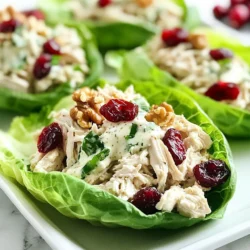 - 2 cups cooked chicken breast, shredded - 1/2 cup dried cranberries - 1/3 cup walnuts, chopped - 1 head of romaine or butter lettuce - 1/4 cup plain Greek yogurt - 2 tablespoons mayonnaise - 1 tablespoon Dijon mustard - 1 tablespoon honey - 1/4 teaspoon salt - 1/4 teaspoon black pepper - 1/2 teaspoon garlic powder - Finely chopped celery - Diced apple This recipe starts with a simple yet tasty mix of chicken, cranberries, and walnuts. I love using cooked chicken breast as it keeps the dish lean and packed with protein. You can shred it easily, and it blends well with the sweet and tart cranberries. Dried cranberries add a burst of flavor. Their sweetness contrasts nicely with the walnuts' crunch. I chop the walnuts to make them easier to eat in the salad. For the dressing, I choose plain Greek yogurt for creaminess. It adds protein and keeps the dish light. Mayonnaise adds richness, while Dijon mustard gives a bit of zing. Honey balances the flavors, and spices like salt, pepper, and garlic powder round out the taste. For extra crunch, I often add finely chopped celery or diced apple. These are not required but can enhance the salad's texture. Finally, you will need a head of romaine or butter lettuce. These leaves serve as the perfect wrap for the chicken salad, making each bite refreshing. {{ingredient_image_2}} - In a large mixing bowl, combine 2 cups of shredded chicken, 1/2 cup dried cranberries, and 1/3 cup chopped walnuts. - In a separate bowl, mix 1/4 cup plain Greek yogurt, 2 tablespoons mayonnaise, 1 tablespoon Dijon mustard, 1 tablespoon honey, 1/4 teaspoon salt, 1/4 teaspoon black pepper, and 1/2 teaspoon garlic powder. - Pour the yogurt mixture over the chicken mixture. Stir gently to coat all ingredients well. Taste it and adjust the seasoning if needed. You can add chopped celery or diced apple for extra crunch. - Lay out the leaves of romaine or butter lettuce on a serving platter. - Spoon the chicken salad mixture onto the center of each leaf. - Carefully fold each lettuce leaf around the filling to create a wrap. Serve these wraps right away. - Garnish the wraps with extra walnuts and dried cranberries for a nice touch. - Serve with lemon wedges to add a little zing. - Use rotisserie chicken for convenience. This saves time and adds flavor. - Let the salad chill for an hour. This helps the flavors blend well. - Adjust sweetness and seasoning to your taste. Everyone has different preferences. - This dish is perfect as a light lunch or appetizer. It is both tasty and healthy. - Pair it with a side of fresh fruit or crunchy vegetable sticks. This adds more color to your meal. - Use fresh herbs like parsley or chives. They add a burst of flavor and color. - Drizzle balsamic glaze on top for a gourmet touch. This elevates the dish beautifully. Pro Tips Use Fresh Ingredients: For the best flavor, use freshly cooked chicken and high-quality dried cranberries and walnuts. Experiment with Add-ins: Feel free to customize the salad by adding chopped celery, diced apples, or even grapes for a unique twist. Chill Before Serving: Letting the chicken salad chill in the refrigerator for 30 minutes before serving enhances the flavors and improves texture. Perfect Lettuce Selection: Romaine or butter lettuce works best for wraps, but you can also try endive for a crunchy alternative. {{image_4}} You can switch the chicken for turkey or tofu. Both options offer great taste. If you're in a hurry, use canned chicken. It saves time and still tastes good. Want a twist? Add curry powder for a unique flavor. You can also mix in diced grapes. They add a sweet touch that pairs well with the salad. Romaine is great, but you can use spinach or collard greens. They give a different crunch and flavor. You might also add bell peppers for extra crunch. These options keep your wraps exciting and fresh! Keep any leftover chicken salad in an airtight container in your fridge. It stays fresh for 2-3 days. After that, it may lose some of its great taste and texture. Always check for any odd smells or changes before eating. I do not recommend freezing this chicken salad. When it thaws, the texture changes, making it less enjoyable to eat. For the best taste and texture, make the chicken salad fresh every time. These wraps are best served cold. If you want to reheat, gently take the filling out and store it separately. Assemble the wraps again just before serving. This keeps the lettuce crisp and fresh. Yes, it is ideal to prepare a few hours in advance for best taste. This allows the flavors to blend nicely. You can store it in the fridge until you are ready to serve. Use low-fat Greek yogurt and reduce or omit mayonnaise. This change cuts down on calories while keeping it creamy. You can also add more veggies to bulk it up without extra calories. Absolutely! Experiment with pecans, almonds, or even sunflower seeds. Each nut brings a different flavor and crunch. Feel free to mix and match based on your taste. This dish is high in protein, healthy fats, and packed with vitamins from greens and fruits. The chicken provides protein, while the walnuts add healthy fats. Cranberries bring antioxidants, making this salad both tasty and nutritious. This chicken salad wraps recipe combines simple ingredients for a tasty dish. You start with shredded chicken, cranberries, walnuts, and crisp lettuce. The yogurt-based dressing adds flavor without too many calories. You can enjoy it as a light meal or snack. In summary, I encourage you to customize this recipe to suit your tastes. Consider different proteins, nuts, or herbs. This versatile dish is not just healthy; it&rsquo;s fun to make and share. Enjoy your tasty and fresh creation!