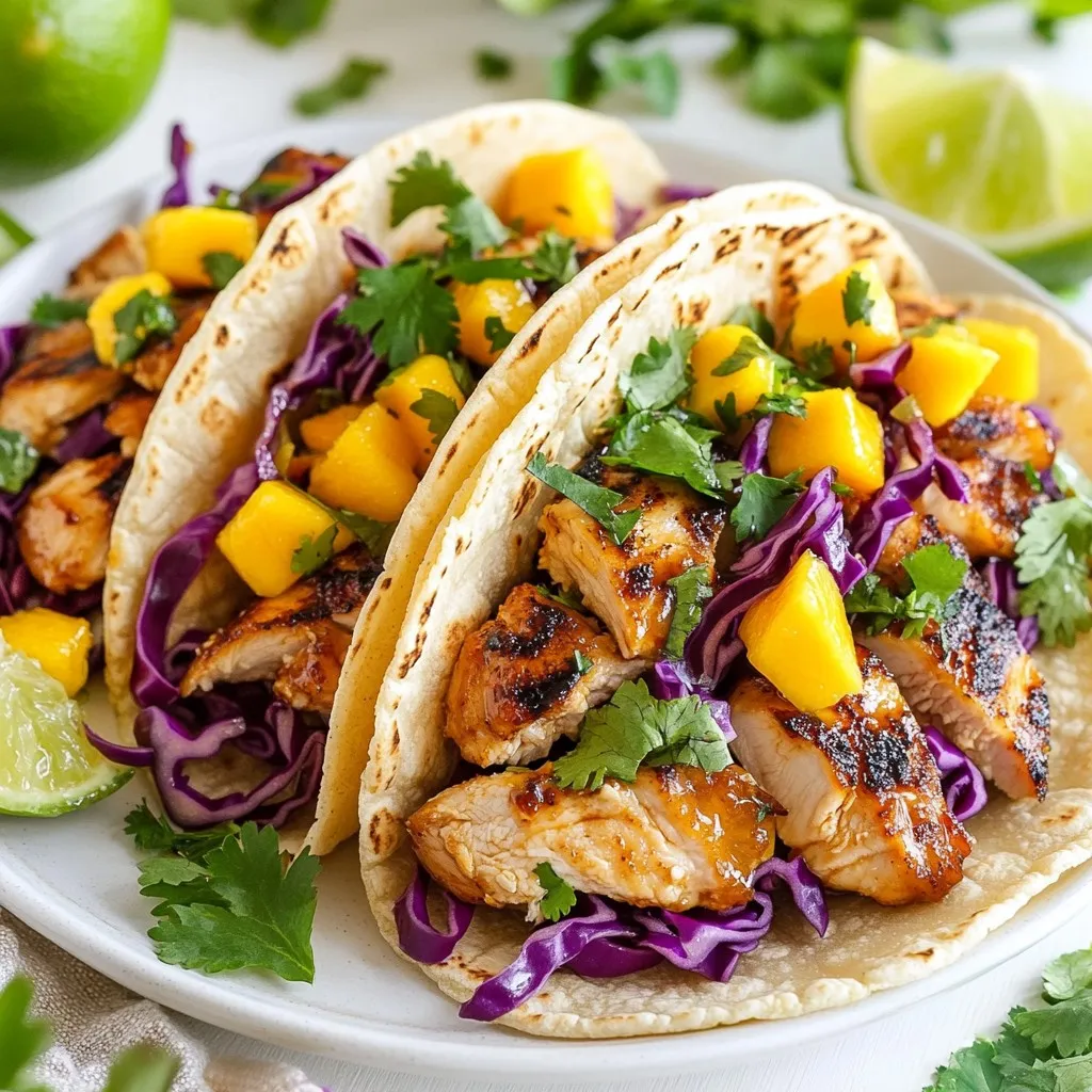 - 2 boneless, skinless chicken breasts - 1/4 cup honey - 1/4 cup freshly squeezed lime juice - 2 cloves garlic, finely minced - 1 teaspoon chili powder - 1 teaspoon ground cumin - 1/2 teaspoon salt - 1/4 teaspoon freshly cracked black pepper To create these tasty tacos, you start with two chicken breasts. They should be boneless and skinless for the best bite. The flavor comes from a simple marinade. Mix together honey, lime juice, minced garlic, and spices. This gives the chicken a sweet and tangy taste. The chili powder adds a little heat, while cumin gives it depth. Don’t forget the salt and pepper for seasoning. - 8 small corn tortillas - 1 cup shredded red cabbage - 1/2 cup ripe mango, diced - 1/4 cup fresh cilantro, chopped - Lime wedges, for serving For toppings, use shredded red cabbage. It adds crunch and color. Diced ripe mango brings sweetness that pairs well with the chicken. Fresh cilantro adds a burst of freshness. To serve, warm up small corn tortillas. This makes them soft and easier to fold. Lime wedges on the side will add a zesty kick. Enjoy these tacos with your favorite salsa for extra flavor! {{ingredient_image_2}} To make the marinade, start in a medium bowl. Combine 1/4 cup honey and 1/4 cup freshly squeezed lime juice. Add 2 minced garlic cloves, 1 teaspoon chili powder, and 1 teaspoon ground cumin. Then, sprinkle in 1/2 teaspoon salt and 1/4 teaspoon black pepper. Whisk well until the mixture is smooth. This marinade gives the chicken a sweet and tangy flavor that you will love. Take 2 boneless, skinless chicken breasts and place them in a large resealable plastic bag. Pour the marinade over the chicken. Seal the bag tightly to prevent leaks. Gently massage the marinade into the chicken. This ensures that every part gets coated. Refrigerate the chicken for at least 30 minutes or up to 2 hours for richer flavors. Once your chicken has marinated, it’s time to cook. Preheat your grill or skillet over medium-high heat. Remove the chicken from the marinade, discarding any leftover marinade. Grill the chicken for about 6-7 minutes on each side. Use a meat thermometer to check for an internal temperature of 165°F (75°C). After grilling, let the chicken rest for 5 minutes. This keeps the juices locked in. While the chicken rests, warm your corn tortillas. You can place them on the grill or in a dry skillet. Heat them for about 30 seconds on each side. The goal is to make them soft and pliable. Warm tortillas help prevent breaking when you fill them. Now, it's time to build your tacos. Slice the rested chicken into thin strips against the grain. Start by laying down a base of shredded red cabbage on each tortilla. Add a generous spoonful of diced mango on top. Then, layer the sliced chicken. Finish with a sprinkle of fresh chopped cilantro. Serve with lime wedges on the side for an extra kick. Enjoy every bite! For the best flavor, let the chicken marinate for at least 30 minutes. You can marinate it for up to 2 hours if you want a stronger taste. The honey and lime juice work well to tenderize the meat while adding a sweet and tangy zing. Grill the chicken on medium-high heat. Cook for 6-7 minutes on each side until it reaches 165°F. After grilling, let the chicken rest for 5 minutes. This step helps keep the juices locked inside, making each bite tender and juicy. Try adding extra toppings for fun. Diced avocado or jalapeños can add creaminess or heat. A drizzle of spicy mayo or yogurt can bring a nice twist too. Don't forget to serve your tacos with lime wedges for that zesty kick! Pro Tips Marinate for Maximum Flavor: For the best taste, let the chicken marinate for a full 2 hours. This allows the flavors to penetrate the meat deeply, resulting in a more flavorful taco. Rest the Chicken: Allowing the grilled chicken to rest for 5 minutes before slicing helps retain its juices, ensuring each bite is moist and tender. Customize the Toppings: Feel free to get creative with your taco toppings! Avocado, diced jalapeños, or a drizzle of spicy crema can add extra layers of flavor and texture. Heat the Tortillas: Warming the corn tortillas on the grill or in a skillet is essential. This not only makes them more pliable but also enhances their flavor, giving your tacos a delicious finish. {{image_4}} You can change the chicken to other meats. Try turkey, shrimp, or tofu for a twist. For seasoning, swap chili powder with smoked paprika for a different flavor. You can also add a bit of lime zest for extra zing. If you want a spicier kick, add diced jalapeños to the marinade. If you need to keep it gluten-free, use corn tortillas. For a low-calorie option, skip the tortillas and serve the chicken in lettuce wraps. You can use lean chicken breast or even grilled veggies for a lighter meal. Adjust the honey amount if you want fewer sugars. Taco bowls are great if you want to skip the tortillas. Just layer the chicken, cabbage, and mango in a bowl. Add rice or quinoa for a filling base. Lettuce wraps are also fun. Use large leaves for a fresh and crunchy wrap. This keeps it light and refreshing! To store your Honey Lime Chicken Tacos, first let them cool. Place the chicken and toppings in separate airtight containers. You can refrigerate the chicken for up to four days. If you want to keep it longer, freeze the chicken for up to three months. For best results, wrap the tortillas in foil or plastic wrap before freezing. This helps prevent freezer burn. When it's time to enjoy your leftovers, reheat the chicken gently. You can use a skillet over low heat. Add a splash of water to keep it moist. Cover the skillet to trap steam. This keeps the chicken juicy. For the tortillas, warm them in a dry skillet for about 30 seconds on each side. You can also wrap them in a damp paper towel and microwave for 15-20 seconds. This way, they stay soft and pliable. Enjoy your tasty tacos again! Yes, you can use other meats. Try pork, beef, or shrimp. Each meat brings its own flavor. For pork, use tenderloin or shoulder. For beef, choose flank steak or ground beef. Shrimp cooks fast and works well too. Adjust cooking times based on the meat you choose. The best way is to check the internal temperature. Use a meat thermometer. The chicken should reach 165°F (75°C). This ensures it is safe to eat. Cut into the thickest part; it should be white, not pink. Checking temperature helps avoid undercooked chicken. You can keep it for up to 2 hours. Beyond that, the chicken may lose texture. For food safety, do not exceed 24 hours. If you want to marinate longer, freeze it. Thaw in the fridge before cooking. This keeps it fresh and safe to eat. Yes, you can make the marinade ahead of time. Store it in the fridge for up to 2 days. This allows flavors to blend well. Just give it a stir before using. It saves time on cooking day and ensures great taste. In this guide, I covered how to make delicious tacos. We discussed key ingredients and marinating techniques. You learned how to cook chicken and warm tortillas properly. I also shared tips for perfect flavor and options for dietary needs. In closing, these tacos can be a fun and tasty meal. Experiment with toppings and ingredients to find your favorite version. Enjoy the cooking process and share your tacos with friends!