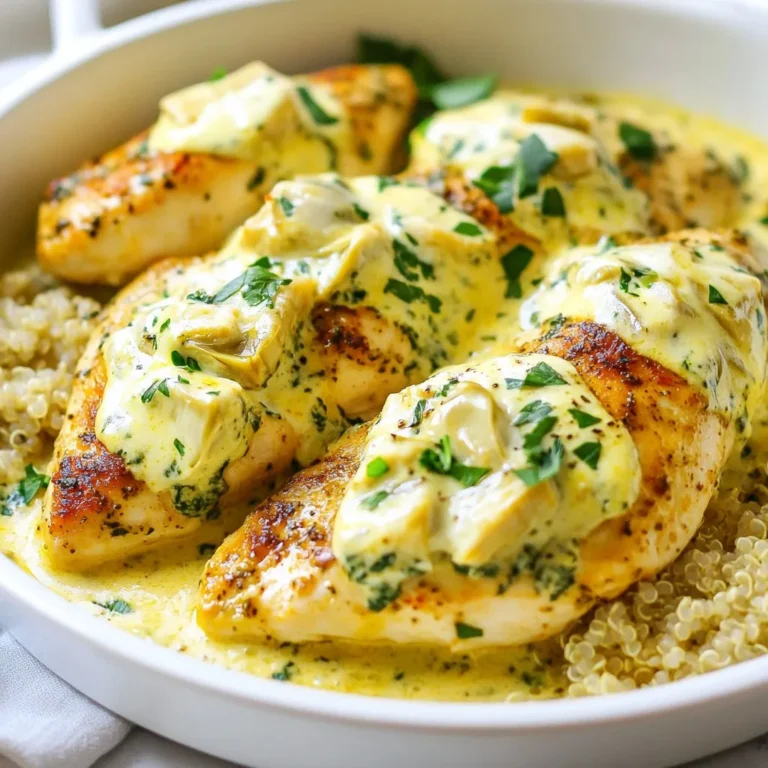 - 4 boneless, skinless chicken breasts - 1 cup fresh spinach, finely chopped - 1 can (14 oz) artichoke hearts, well-drained and coarsely chopped - 1 cup cream cheese, softened at room temperature - 1/2 cup sour cream - 1 cup shredded mozzarella cheese - 1/2 cup grated parmesan cheese - 3 cloves garlic, minced - 1 teaspoon onion powder - 1 teaspoon garlic powder - Salt and freshly ground black pepper, to taste - 2 tablespoons olive oil - Fresh herbs like basil or thyme can add extra flavor. - A splash of lemon juice brightens the dish. - Add crushed red pepper for a spicy kick. - Use Greek yogurt instead of sour cream for a tangy twist. - Swap chicken breasts for thighs for more moisture. - Low-fat cream cheese can help cut calories without losing creaminess. - If you're out of artichokes, try using chopped mushrooms or sun-dried tomatoes. {{ingredient_image_2}} 1. Preheat the oven. Set your oven to 375°F (190°C). This makes sure your meal bakes well. 2. Mix the creamy filling. In a big bowl, combine: - 1 cup cream cheese (softened) - 1/2 cup sour cream - 1 cup shredded mozzarella cheese - 1/2 cup grated parmesan cheese - 1 cup fresh spinach (finely chopped) - 1 can (14 oz) artichoke hearts (drained and chopped) - 3 cloves garlic (minced) - 1 teaspoon onion powder - 1 teaspoon garlic powder - Salt and pepper to taste. Stir until it’s smooth. Set it aside. 1. Heat the skillet. Pour 2 tablespoons of olive oil into a large, oven-safe skillet. Heat it over medium heat. 2. Season the chicken. Sprinkle salt and pepper on both sides of 4 boneless, skinless chicken breasts. This adds great flavor. 3. Cook the chicken. Place the chicken in the hot skillet. Cook for 5-7 minutes on each side. Look for a nice golden color. The chicken should reach an internal temperature of 165°F (75°C). 1. Add the creamy mix. Remove the skillet from the heat. Spoon the creamy spinach and artichoke mixture over each piece of chicken. Make sure they are well covered. 2. Bake the dish. Carefully place the skillet in your preheated oven. Bake for 20-25 minutes. The topping should be bubbly and slightly golden. 3. Rest before serving. Once baked, take the skillet out and let it sit for about 5 minutes. This helps the flavors blend together. Your creamy spinach artichoke chicken is now ready to enjoy! For the best results, preheat your oven to 375°F (190°C). This helps the chicken cook evenly. You want the chicken to reach an internal temperature of 165°F (75°C). Cook each side for 5-7 minutes in the skillet. This gives you a nice golden crust. After adding the creamy sauce, bake for 20-25 minutes. The topping should be bubbly and slightly golden. To get that smooth and creamy sauce, mix the softened cream cheese and sour cream well. You want no lumps. Add the cheeses, spinach, artichokes, and spices slowly. This ensures every bite is packed with flavor. If the sauce feels too thick, add a splash of milk or broth. This will help create the perfect consistency. For a stunning look, serve the chicken on a bed of quinoa or rice. This adds texture and helps soak up the sauce. A sprinkle of fresh parsley on top adds color and flavor. Pair it with roasted veggies for a complete meal. This not only makes your dish look great but also adds nutrition. Pro Tips Choose the Right Chicken: Opt for high-quality, organic chicken breasts for better flavor and tenderness. Enhance the Creaminess: For an extra creamy texture, consider adding a splash of heavy cream to the spinach-artichoke mixture. Customize the Cheese: Feel free to mix in different cheeses like gouda or cheddar for a unique flavor twist. Rest Before Serving: Allowing the dish to rest for a few minutes after baking helps the flavors to develop even more! {{image_4}} You can easily make this dish gluten-free. Use gluten-free cream cheese and sour cream. Ensure any added cheeses are also gluten-free. This way, you keep all the creamy goodness without the gluten. For a tasty vegetarian version, swap out the chicken. Use hearty vegetables like portobello mushrooms or eggplant. You can grill or roast them first for extra flavor. Top with the creamy spinach-artichoke mix and bake as usual. Want to boost the flavor? Add chopped sun-dried tomatoes to the cream mixture. A squeeze of fresh lemon juice brightens up the dish. For some heat, mix in red pepper flakes. Each choice gives a new twist to this classic recipe. Once you finish your meal, let the chicken cool down to room temperature. Place any leftover creamy spinach artichoke chicken in a shallow container. Cover it tightly with a lid or plastic wrap. This dish stays fresh for up to three days in the fridge. Always check for any signs of spoilage before eating. To freeze this dish, first, cool it completely. Then, place the chicken in an airtight container or a freezer bag. Remove as much air as possible to avoid freezer burn. You can freeze it for up to three months. Make sure to label the container with the date so you know how long it has been stored. When you’re ready to eat, take out the amount you want. You can reheat it in the oven or the microwave. If using the oven, preheat it to 350°F (175°C). Place the chicken in an oven-safe dish and cover it with foil. Heat for about 20 minutes or until it is warm throughout. If using the microwave, place the chicken on a microwave-safe plate. Heat in short bursts of 1-2 minutes, checking often. Enjoy your meal again! Yes, you can prepare this dish ahead. Simply make the creamy filling and cook the chicken. Store them separately in the fridge. When ready to eat, just assemble and bake. This saves time on busy nights! I suggest pairing this chicken with: - Quinoa - Steamed rice - Roasted vegetables - Mashed potatoes - A fresh green salad These sides bring out the dish's rich flavors and create a balanced meal. To change the spice level, add: - Red pepper flakes for heat - Fresh herbs for flavor without heat - Black pepper for a mild kick You can start small and increase as needed. Taste often to find your perfect balance! In this blog post, we covered the key ingredients and steps to make Creamy Spinach Artichoke Chicken. You learned how to prep, cook, and bake this dish while presenting it beautifully. We explored variations for gluten-free and vegetarian options. You also found tips for storage and reheating. Remember, cooking is about fun and making it your own. With these tips, you can enjoy your perfect meal. Happy cooking!