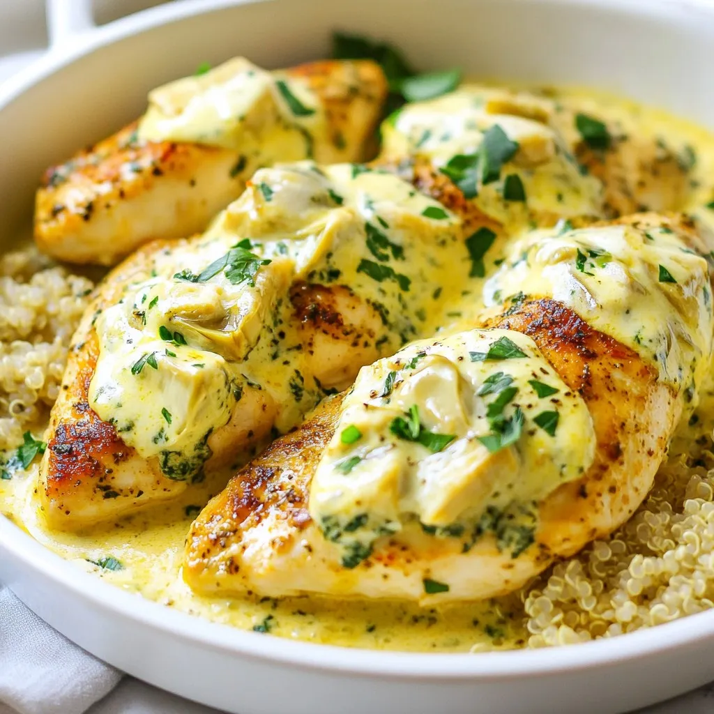 - 4 boneless, skinless chicken breasts - 1 cup fresh spinach, finely chopped - 1 can (14 oz) artichoke hearts, well-drained and coarsely chopped - 1 cup cream cheese, softened at room temperature - 1/2 cup sour cream - 1 cup shredded mozzarella cheese - 1/2 cup grated parmesan cheese - 3 cloves garlic, minced - 1 teaspoon onion powder - 1 teaspoon garlic powder - Salt and freshly ground black pepper, to taste - 2 tablespoons olive oil - Fresh herbs like basil or thyme can add extra flavor. - A splash of lemon juice brightens the dish. - Add crushed red pepper for a spicy kick. - Use Greek yogurt instead of sour cream for a tangy twist. - Swap chicken breasts for thighs for more moisture. - Low-fat cream cheese can help cut calories without losing creaminess. - If you're out of artichokes, try using chopped mushrooms or sun-dried tomatoes. {{ingredient_image_2}} 1. Preheat the oven. Set your oven to 375°F (190°C). This makes sure your meal bakes well. 2. Mix the creamy filling. In a big bowl, combine: - 1 cup cream cheese (softened) - 1/2 cup sour cream - 1 cup shredded mozzarella cheese - 1/2 cup grated parmesan cheese - 1 cup fresh spinach (finely chopped) - 1 can (14 oz) artichoke hearts (drained and chopped) - 3 cloves garlic (minced) - 1 teaspoon onion powder - 1 teaspoon garlic powder - Salt and pepper to taste. Stir until it’s smooth. Set it aside. 1. Heat the skillet. Pour 2 tablespoons of olive oil into a large, oven-safe skillet. Heat it over medium heat. 2. Season the chicken. Sprinkle salt and pepper on both sides of 4 boneless, skinless chicken breasts. This adds great flavor. 3. Cook the chicken. Place the chicken in the hot skillet. Cook for 5-7 minutes on each side. Look for a nice golden color. The chicken should reach an internal temperature of 165°F (75°C). 1. Add the creamy mix. Remove the skillet from the heat. Spoon the creamy spinach and artichoke mixture over each piece of chicken. Make sure they are well covered. 2. Bake the dish. Carefully place the skillet in your preheated oven. Bake for 20-25 minutes. The topping should be bubbly and slightly golden. 3. Rest before serving. Once baked, take the skillet out and let it sit for about 5 minutes. This helps the flavors blend together. Your creamy spinach artichoke chicken is now ready to enjoy! For the best results, preheat your oven to 375°F (190°C). This helps the chicken cook evenly. You want the chicken to reach an internal temperature of 165°F (75°C). Cook each side for 5-7 minutes in the skillet. This gives you a nice golden crust. After adding the creamy sauce, bake for 20-25 minutes. The topping should be bubbly and slightly golden. To get that smooth and creamy sauce, mix the softened cream cheese and sour cream well. You want no lumps. Add the cheeses, spinach, artichokes, and spices slowly. This ensures every bite is packed with flavor. If the sauce feels too thick, add a splash of milk or broth. This will help create the perfect consistency. For a stunning look, serve the chicken on a bed of quinoa or rice. This adds texture and helps soak up the sauce. A sprinkle of fresh parsley on top adds color and flavor. Pair it with roasted veggies for a complete meal. This not only makes your dish look great but also adds nutrition. Pro Tips Choose the Right Chicken: Opt for high-quality, organic chicken breasts for better flavor and tenderness. Enhance the Creaminess: For an extra creamy texture, consider adding a splash of heavy cream to the spinach-artichoke mixture. Customize the Cheese: Feel free to mix in different cheeses like gouda or cheddar for a unique flavor twist. Rest Before Serving: Allowing the dish to rest for a few minutes after baking helps the flavors to develop even more! {{image_4}} You can easily make this dish gluten-free. Use gluten-free cream cheese and sour cream. Ensure any added cheeses are also gluten-free. This way, you keep all the creamy goodness without the gluten. For a tasty vegetarian version, swap out the chicken. Use hearty vegetables like portobello mushrooms or eggplant. You can grill or roast them first for extra flavor. Top with the creamy spinach-artichoke mix and bake as usual. Want to boost the flavor? Add chopped sun-dried tomatoes to the cream mixture. A squeeze of fresh lemon juice brightens up the dish. For some heat, mix in red pepper flakes. Each choice gives a new twist to this classic recipe. Once you finish your meal, let the chicken cool down to room temperature. Place any leftover creamy spinach artichoke chicken in a shallow container. Cover it tightly with a lid or plastic wrap. This dish stays fresh for up to three days in the fridge. Always check for any signs of spoilage before eating. To freeze this dish, first, cool it completely. Then, place the chicken in an airtight container or a freezer bag. Remove as much air as possible to avoid freezer burn. You can freeze it for up to three months. Make sure to label the container with the date so you know how long it has been stored. When you’re ready to eat, take out the amount you want. You can reheat it in the oven or the microwave. If using the oven, preheat it to 350°F (175°C). Place the chicken in an oven-safe dish and cover it with foil. Heat for about 20 minutes or until it is warm throughout. If using the microwave, place the chicken on a microwave-safe plate. Heat in short bursts of 1-2 minutes, checking often. Enjoy your meal again! Yes, you can prepare this dish ahead. Simply make the creamy filling and cook the chicken. Store them separately in the fridge. When ready to eat, just assemble and bake. This saves time on busy nights! I suggest pairing this chicken with: - Quinoa - Steamed rice - Roasted vegetables - Mashed potatoes - A fresh green salad These sides bring out the dish's rich flavors and create a balanced meal. To change the spice level, add: - Red pepper flakes for heat - Fresh herbs for flavor without heat - Black pepper for a mild kick You can start small and increase as needed. Taste often to find your perfect balance! In this blog post, we covered the key ingredients and steps to make Creamy Spinach Artichoke Chicken. You learned how to prep, cook, and bake this dish while presenting it beautifully. We explored variations for gluten-free and vegetarian options. You also found tips for storage and reheating. Remember, cooking is about fun and making it your own. With these tips, you can enjoy your perfect meal. Happy cooking!