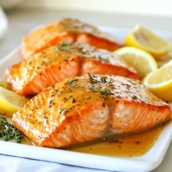 - 4 salmon fillets (approximately 6 ounces each) - 1/4 cup pure maple syrup - 2 tablespoons Dijon mustard - 1 tablespoon extra-virgin olive oil - 2 garlic cloves, finely minced - 1 teaspoon fresh thyme leaves (or 1/2 teaspoon dried thyme) - Salt and freshly ground black pepper, to taste - Lemon wedges, for serving To make Maple Dijon Glazed Salmon, you will need fresh salmon fillets. I prefer using wild-caught salmon for its rich flavor. The glaze comes from a mix of maple syrup and Dijon mustard. This balance gives a sweet and tangy taste. You also need extra-virgin olive oil to help the glaze stick. Minced garlic adds a nice kick to the flavor. Fresh thyme offers a hint of earthiness that pairs well with the fish. Don't forget salt and pepper; they enhance all the flavors. Finally, lemon wedges bring a refreshing finish to each bite. - Baking sheet - Parchment paper - Mixing bowl - Whisk - Spoon or brush For this recipe, you will need a few simple tools. Start with a baking sheet lined with parchment paper. This helps with clean-up and keeps the fish from sticking. A mixing bowl is essential for whisking the glaze. A whisk works best to combine the ingredients smoothly. If you don&rsquo;t have a whisk, a fork will do the trick. You will also need a spoon or brush to spread the glaze over the salmon. These tools make the process easier and more enjoyable. {{ingredient_image_2}} - Preheat your oven to 375&deg;F (190&deg;C). This helps the salmon cook evenly. - Line a baking sheet with parchment paper. This prevents sticking and makes cleanup easy. - In a medium bowl, whisk together: - 1/4 cup pure maple syrup - 2 tablespoons Dijon mustard - 1 tablespoon extra-virgin olive oil - 2 minced garlic cloves - 1 teaspoon fresh thyme leaves - Salt and pepper to taste - Whisk until smooth. The glaze should blend well and be glossy. - Arrange the salmon fillets on the baking sheet. Place them skin-side down. - Generously pour the maple Dijon glaze over each fillet. Use a spoon or brush for even coating. - Bake the salmon for 12-15 minutes. Check doneness by using a fork. If it flakes easily, it&rsquo;s ready. - For a caramelized finish, switch on the broiler for the last 2-3 minutes. Stay close to watch for burning. - Remove the salmon and let it rest for a couple of minutes before serving. This helps keep it juicy. - Serve with lemon wedges for a fresh burst of flavor. - Ensuring the right cooking temperature: Cook salmon at 375&deg;F (190&deg;C) for even results. This temperature helps the fish cook through without drying out. - How to tell if salmon is done: Check if the salmon flakes easily with a fork. If it does, it&rsquo;s ready! The fish should look opaque and lose its raw color. - Suggestions for additional spices or herbs: Try adding a pinch of paprika or smoked paprika for a deeper flavor. Fresh dill also pairs well and adds a bright note. - Tips on glazing consistency: Make sure your glaze is smooth and not too thick. If it&rsquo;s too thick, whisk in a bit of water or extra olive oil for ease of application. - Garnishing ideas: Top your salmon with fresh thyme or parsley for a burst of color. You can also add thin lemon slices for a bright touch. - Side dish pairings: Serve with roasted vegetables or a fresh salad to complete your meal. Quinoa or rice also makes a great base to soak up the glaze. Pro Tips Marinate for More Flavor: Allow the salmon to marinate in the glaze for up to 30 minutes before baking to enhance the flavor profile. Use Fresh Ingredients: Opt for fresh thyme and high-quality maple syrup for the best taste. Fresh herbs elevate the dish significantly. Check Doneness Carefully: Salmon can dry out quickly; check for doneness at the lower end of the cooking time to maintain moisture. Experiment with Glaze Variations: Try adding a splash of soy sauce or a pinch of cayenne pepper to the glaze for an exciting flavor twist. {{image_4}} You can change the fish type in this recipe. While salmon is great, try using trout or halibut. Both work well with the glaze. Each fish brings its own flavor and texture. You might enjoy the subtle taste of trout or the firm bite of halibut. For sweeteners, maple syrup shines, but you can swap it for honey or agave. Each option gives a unique taste. If you want less sweetness, use mustard only. It will still taste great! Grilling or baking are both excellent for this dish. Grilling adds a smoky flavor and nice grill marks. To grill, preheat your grill and cook the salmon for about six minutes per side. Baking is easy and less messy. It allows the glaze to caramelize gently. Just follow the oven steps from the recipe. You can also cook on a stovetop. Heat a pan over medium heat, add oil, and sear the fillets for 4-5 minutes on each side. This method gives a crispy skin and keeps the inside moist. Pair your Maple Dijon Glazed Salmon with sides for a complete meal. Roasted vegetables are a great option. Try asparagus or Brussels sprouts, seasoned simply. A fresh salad with lemon vinaigrette also works well. If you're looking to add more flavor, try sauces or toppings. A dollop of yogurt with herbs can add creaminess. You could also serve with a tangy salsa or a sweet chutney for extra zing. Enjoy exploring these tasty variations! To keep your Maple Dijon Glazed Salmon fresh, place leftovers in an airtight container. Make sure to cool the salmon to room temperature before storing. In the fridge, it will stay good for up to three days. If you want to keep it longer, consider freezing. To safely reheat your salmon, use the oven or microwave. For the oven, preheat to 350&deg;F (175&deg;C). Place the salmon on a baking sheet and heat for about 10 minutes. This keeps the fish moist. If using a microwave, cover the salmon with a damp paper towel and heat in short bursts of 30 seconds until warm. If you want to freeze the salmon, wrap each fillet in plastic wrap. Then place them in a freezer bag or a container. This method keeps air out and prevents freezer burn. You can freeze the salmon for up to three months. When ready to eat, thaw it overnight in the fridge before reheating. Enjoy your delicious meal again! Yes, you can use frozen salmon. Just make sure to thaw it first. Thawing is best done overnight in the fridge. If you are short on time, you can run it under cold water for 30 minutes. This helps to keep the salmon moist and flavorful. It usually takes about 12 to 15 minutes to cook salmon at 375&deg;F. The exact time may vary based on the thickness of the fillets. Always check for doneness to ensure the salmon is cooked through but still tender. The best way to tell if salmon is cooked is to check if it flakes easily with a fork. You can also look for a color change. Cooked salmon will turn from a bright pink to a light, opaque color. Yes, you can prepare the glaze ahead of time. Whisk the maple syrup, Dijon mustard, olive oil, garlic, thyme, salt, and pepper together. Store it in an airtight container in the fridge for up to three days. Just give it a good stir before using. Maple Dijon Glazed Salmon pairs well with roasted vegetables, a fresh salad, or rice. You can also serve it with quinoa or couscous for a hearty meal. Adding lemon wedges enhances the dish with a fresh burst of flavor. This blog covered how to make Maple Dijon Glazed Salmon. We shared key ingredients, simple steps, and helpful kitchen tools. You learned to create a tasty glaze and bake the salmon to perfection. Remember to check for doneness and try the serving suggestions. Enjoy experimenting with variations and flavors. With practice, you'll impress everyone with your salmon dish. Keep it fun and tasty!