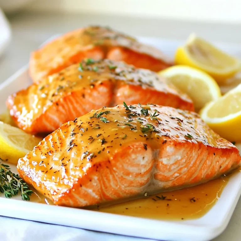 - 4 salmon fillets (approximately 6 ounces each) - 1/4 cup pure maple syrup - 2 tablespoons Dijon mustard - 1 tablespoon extra-virgin olive oil - 2 garlic cloves, finely minced - 1 teaspoon fresh thyme leaves (or 1/2 teaspoon dried thyme) - Salt and freshly ground black pepper, to taste - Lemon wedges, for serving To make Maple Dijon Glazed Salmon, you will need fresh salmon fillets. I prefer using wild-caught salmon for its rich flavor. The glaze comes from a mix of maple syrup and Dijon mustard. This balance gives a sweet and tangy taste. You also need extra-virgin olive oil to help the glaze stick. Minced garlic adds a nice kick to the flavor. Fresh thyme offers a hint of earthiness that pairs well with the fish. Don't forget salt and pepper; they enhance all the flavors. Finally, lemon wedges bring a refreshing finish to each bite. - Baking sheet - Parchment paper - Mixing bowl - Whisk - Spoon or brush For this recipe, you will need a few simple tools. Start with a baking sheet lined with parchment paper. This helps with clean-up and keeps the fish from sticking. A mixing bowl is essential for whisking the glaze. A whisk works best to combine the ingredients smoothly. If you don’t have a whisk, a fork will do the trick. You will also need a spoon or brush to spread the glaze over the salmon. These tools make the process easier and more enjoyable. {{ingredient_image_2}} - Preheat your oven to 375°F (190°C). This helps the salmon cook evenly. - Line a baking sheet with parchment paper. This prevents sticking and makes cleanup easy. - In a medium bowl, whisk together: - 1/4 cup pure maple syrup - 2 tablespoons Dijon mustard - 1 tablespoon extra-virgin olive oil - 2 minced garlic cloves - 1 teaspoon fresh thyme leaves - Salt and pepper to taste - Whisk until smooth. The glaze should blend well and be glossy. - Arrange the salmon fillets on the baking sheet. Place them skin-side down. - Generously pour the maple Dijon glaze over each fillet. Use a spoon or brush for even coating. - Bake the salmon for 12-15 minutes. Check doneness by using a fork. If it flakes easily, it’s ready. - For a caramelized finish, switch on the broiler for the last 2-3 minutes. Stay close to watch for burning. - Remove the salmon and let it rest for a couple of minutes before serving. This helps keep it juicy. - Serve with lemon wedges for a fresh burst of flavor. - Ensuring the right cooking temperature: Cook salmon at 375°F (190°C) for even results. This temperature helps the fish cook through without drying out. - How to tell if salmon is done: Check if the salmon flakes easily with a fork. If it does, it’s ready! The fish should look opaque and lose its raw color. - Suggestions for additional spices or herbs: Try adding a pinch of paprika or smoked paprika for a deeper flavor. Fresh dill also pairs well and adds a bright note. - Tips on glazing consistency: Make sure your glaze is smooth and not too thick. If it’s too thick, whisk in a bit of water or extra olive oil for ease of application. - Garnishing ideas: Top your salmon with fresh thyme or parsley for a burst of color. You can also add thin lemon slices for a bright touch. - Side dish pairings: Serve with roasted vegetables or a fresh salad to complete your meal. Quinoa or rice also makes a great base to soak up the glaze. Pro Tips Marinate for More Flavor: Allow the salmon to marinate in the glaze for up to 30 minutes before baking to enhance the flavor profile. Use Fresh Ingredients: Opt for fresh thyme and high-quality maple syrup for the best taste. Fresh herbs elevate the dish significantly. Check Doneness Carefully: Salmon can dry out quickly; check for doneness at the lower end of the cooking time to maintain moisture. Experiment with Glaze Variations: Try adding a splash of soy sauce or a pinch of cayenne pepper to the glaze for an exciting flavor twist. {{image_4}} You can change the fish type in this recipe. While salmon is great, try using trout or halibut. Both work well with the glaze. Each fish brings its own flavor and texture. You might enjoy the subtle taste of trout or the firm bite of halibut. For sweeteners, maple syrup shines, but you can swap it for honey or agave. Each option gives a unique taste. If you want less sweetness, use mustard only. It will still taste great! Grilling or baking are both excellent for this dish. Grilling adds a smoky flavor and nice grill marks. To grill, preheat your grill and cook the salmon for about six minutes per side. Baking is easy and less messy. It allows the glaze to caramelize gently. Just follow the oven steps from the recipe. You can also cook on a stovetop. Heat a pan over medium heat, add oil, and sear the fillets for 4-5 minutes on each side. This method gives a crispy skin and keeps the inside moist. Pair your Maple Dijon Glazed Salmon with sides for a complete meal. Roasted vegetables are a great option. Try asparagus or Brussels sprouts, seasoned simply. A fresh salad with lemon vinaigrette also works well. If you're looking to add more flavor, try sauces or toppings. A dollop of yogurt with herbs can add creaminess. You could also serve with a tangy salsa or a sweet chutney for extra zing. Enjoy exploring these tasty variations! To keep your Maple Dijon Glazed Salmon fresh, place leftovers in an airtight container. Make sure to cool the salmon to room temperature before storing. In the fridge, it will stay good for up to three days. If you want to keep it longer, consider freezing. To safely reheat your salmon, use the oven or microwave. For the oven, preheat to 350°F (175°C). Place the salmon on a baking sheet and heat for about 10 minutes. This keeps the fish moist. If using a microwave, cover the salmon with a damp paper towel and heat in short bursts of 30 seconds until warm. If you want to freeze the salmon, wrap each fillet in plastic wrap. Then place them in a freezer bag or a container. This method keeps air out and prevents freezer burn. You can freeze the salmon for up to three months. When ready to eat, thaw it overnight in the fridge before reheating. Enjoy your delicious meal again! Yes, you can use frozen salmon. Just make sure to thaw it first. Thawing is best done overnight in the fridge. If you are short on time, you can run it under cold water for 30 minutes. This helps to keep the salmon moist and flavorful. It usually takes about 12 to 15 minutes to cook salmon at 375°F. The exact time may vary based on the thickness of the fillets. Always check for doneness to ensure the salmon is cooked through but still tender. The best way to tell if salmon is cooked is to check if it flakes easily with a fork. You can also look for a color change. Cooked salmon will turn from a bright pink to a light, opaque color. Yes, you can prepare the glaze ahead of time. Whisk the maple syrup, Dijon mustard, olive oil, garlic, thyme, salt, and pepper together. Store it in an airtight container in the fridge for up to three days. Just give it a good stir before using. Maple Dijon Glazed Salmon pairs well with roasted vegetables, a fresh salad, or rice. You can also serve it with quinoa or couscous for a hearty meal. Adding lemon wedges enhances the dish with a fresh burst of flavor. This blog covered how to make Maple Dijon Glazed Salmon. We shared key ingredients, simple steps, and helpful kitchen tools. You learned to create a tasty glaze and bake the salmon to perfection. Remember to check for doneness and try the serving suggestions. Enjoy experimenting with variations and flavors. With practice, you'll impress everyone with your salmon dish. Keep it fun and tasty!