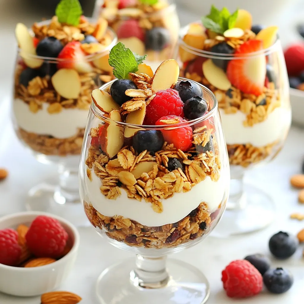 To make a Berry Almond Yogurt Parfait, gather these tasty items: - 2 cups Greek yogurt (choose between plain or vanilla) - 1 cup mixed berries (a delightful mix of strawberries, blueberries, and raspberries) - 1/2 cup granola (your choice of store-bought or homemade for personalization) - 1/4 cup sliced almonds (for that delightful crunch) - 2 tablespoons honey or maple syrup (optional, for added sweetness) - 1 teaspoon vanilla extract (especially if using plain yogurt) - Fresh mint leaves (optional, for a refreshing garnish) These ingredients come together to create a vibrant, tasty treat. You can pick your favorite yogurt to match your mood. The berries add pops of color and flavor, while granola and almonds give a nice crunch. Sweetness can be adjusted with honey or maple syrup. This parfait is not just pretty; it’s also packed with nutrition! {{ingredient_image_2}} To start, decide if you want plain or vanilla yogurt. If you choose plain, add one teaspoon of vanilla extract. Mix well until the vanilla is blended. This simple step makes a big difference. It adds a nice flavor to your yogurt base. Next, gather your mixed berries. You can use strawberries, blueberries, and raspberries. If you want your berries sweeter, drizzle them with honey or maple syrup. This step is optional. Use about two tablespoons of your chosen sweetener. Gently fold the berries to coat them. Be careful not to mash them. You want whole, beautiful berries in your parfait. Now, it’s time to layer your parfait. Start with a generous layer of yogurt at the bottom of your glass or bowl. Next, add a layer of mixed berries. Spread them evenly over the yogurt. After that, sprinkle granola on top of the berries. This adds a nice crunch. Then, add a tablespoon of sliced almonds for extra texture. Continue layering until you fill the glass. Finish with a top layer of yogurt. Add more berries and a sprinkle of granola and almonds for a pretty look. For a fresh touch, place a few mint leaves on top. This makes your parfait look even more appealing. Serve these parfaits right away for the best taste. If you want a cool treat, chill them in the fridge for about an hour. Enjoy your Berry Almond Yogurt Parfait! You can easily adjust the sweetness of your parfait. Start with Greek yogurt that suits your taste. If you want it sweeter, add honey or maple syrup. Drizzle it over the berries or mix it into the yogurt. You can also use other sweeteners like agave or stevia. Remember to taste as you go to find your perfect level. Make your parfait look as good as it tastes. Use clear glasses to show off the layers. You can layer the yogurt, berries, and granola beautifully. Top with a few almonds and a mint leaf for extra flair. This makes your parfait not just tasty but also a feast for the eyes. Prepping your parfait in advance is a great idea. You can assemble the layers but leave out the granola until you're ready to serve. This keeps it crunchy. Store your parfaits in the fridge in airtight containers. They stay fresh for a day or two. If you want to enjoy them chilled, let them sit in the fridge for about an hour before serving. Pro Tips Choose Your Yogurt Wisely: Opt for full-fat Greek yogurt for a creamier texture, or low-fat for a lighter option. Vanilla yogurt can add extra flavor without the need for additional sweeteners. Berry Selection: Use fresh, seasonal berries for the best flavor. If using frozen berries, allow them to thaw and drain excess liquid to prevent sogginess. Granola Crunch: For an added crunch, try toasting your granola in the oven for a few minutes before layering. This enhances its flavor and texture. Make Ahead Option: Prepare the yogurt and berries in advance and layer them just before serving to maintain the granola's crunchiness and avoid sogginess. {{image_4}} You can change the fruit in your parfait based on the season. In summer, try peaches or cherries. In fall, apples and pears work great. You can also mix other berries, like blackberries or cranberries. They add unique flavors and colors. If you want to make this parfait dairy-free, swap Greek yogurt for a non-dairy alternative. Almond, coconut, or soy yogurt are good choices. For granola, look for gluten-free options. This keeps the parfait safe for those with gluten sensitivities. Add spices to your yogurt for extra flavor. A pinch of cinnamon or nutmeg can change the taste profile. You might also mix in nut butter, like almond or peanut butter. This adds creaminess and a nutty taste that pairs well with the berries. I recommend chilling your berry almond yogurt parfait for about one hour before serving. This will help the flavors blend well and create a refreshing treat. To store parfaits in the fridge, simply cover them with plastic wrap or a lid. This keeps them fresh and ready to enjoy later. Use airtight containers to keep your parfaits fresh and tasty. Glass jars or plastic containers work well. Avoid using containers that allow air in, as this can make your parfait soggy. If you plan to store them for longer, layer the ingredients in separate containers. This method keeps the granola crunchy and the berries fresh. Before serving, if the parfaits have been in the fridge, give them a gentle stir. This helps to mix the ingredients again. You can also refresh the parfaits by adding a bit more yogurt or extra berries on top. If you have any leftovers, get creative! Mix them into smoothies or use them as a topping for pancakes. Berry almond yogurt parfaits stay fresh in the fridge for about 2 to 3 days. Proper storage is key. Keep them in an airtight container to avoid spoilage. If you use fresh berries, check them often for any signs of mold. Yes, you can freeze berry almond yogurt parfaits. However, freezing may change the texture. To freeze, layer the parfait in a freezer-safe container. When ready to enjoy, thaw it in the fridge overnight. Avoid refreezing once thawed, as it may affect the taste. You can add many fun toppings to your parfait. Consider these options: - Chia seeds for added nutrition - Coconut flakes for a tropical twist - Dark chocolate shavings for a sweet touch - Additional fruits like bananas or peaches - Nut butters for creaminess and flavor Feel free to mix and match toppings to create your perfect berry almond yogurt parfait! You learned how to make berry almond yogurt parfaits. We discussed ingredients, step-by-step instructions, tips for the best results, and storage ideas. These parfaits are easy to customize for any taste. You can mix fruits, adjust sweetness, and add fun toppings. Enjoy this tasty treat as a healthy snack or breakfast. With a little prep, you can make a fresh and colorful dish your family will love. Keep experimenting with flavors and enjoy every bite!