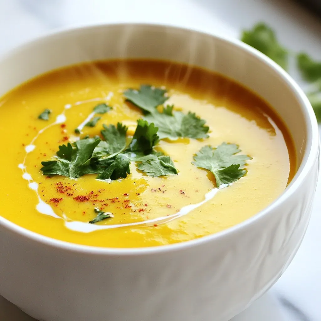 - Butternut squash and its preparation You need one medium butternut squash. Peel it and cut it into 1-inch cubes. This squash gives the soup a sweet and creamy base. - Coconut milk and its benefits Use one can (400ml) of creamy coconut milk. It adds a rich, smooth texture and a hint of sweetness. Coconut milk is also dairy-free, making it great for many diets. - The role of red curry paste Two tablespoons of red curry paste bring the heat and flavor. It contains spices like ginger and lemongrass, adding depth to the soup. - Aromatics: onion, garlic, and ginger A medium onion, three garlic cloves, and one inch of fresh ginger are key. They create a fragrant base that enhances the dish's overall taste. - Stock: using vegetable broth Four cups of vegetable broth provide a savory backdrop. It complements the flavors of the squash and coconut milk well. - Seasoning and garnish Use sea salt and freshly ground black pepper to taste. A sprinkle of fresh cilantro on top adds color and freshness, making the soup even more inviting. {{ingredient_image_2}} 1. Heat 1 tablespoon of extra virgin olive oil in a large pot over medium heat. 2. Add the finely diced onion and cook for about 5 minutes. Stir until it turns soft and clear. 3. Next, add 3 minced garlic cloves and 1-inch grated ginger. Cook for another 1-2 minutes. This adds rich aroma to your soup. 4. Now, add 1 medium butternut squash, cut into 1-inch cubes. Spoon in 2 tablespoons of red curry paste. Mix well so the squash is coated. Cook for 2-3 minutes to blend the flavors. 1. Pour in 4 cups of vegetable broth. Stir to combine and bring it to a boil. 2. Once boiling, reduce the heat to low. Let the soup simmer for 15-20 minutes. This makes the squash tender enough to fork easily. 3. Remove the pot from the heat. Use an immersion blender to blend the soup until creamy. If using a stand blender, do this in batches. 4. Return the blended soup to the pot. Stir in 1 can of coconut milk and juice from half a lime. Heat gently without boiling. Taste and adjust with salt and black pepper. 1. Serve the soup warm in bowls. For a pop of color, top it with fresh chopped cilantro. 2. You can pair this soup with crusty bread or a light salad. This makes a complete, satisfying meal. Cooking butternut squash can be tricky. If you overcook it, the squash turns mushy. Under-cooking means it stays hard. Aim for tender pieces you can pierce with a fork. Another mistake is not adjusting seasoning. Always taste your soup before serving. Add salt and pepper as needed. A little lime juice can enhance the flavors, too. For a creamy texture, blending is key. If you use a stand blender, blend in batches. Be careful to avoid splashes. An immersion blender works best for smooth soup. If you can't find butternut squash, use acorn or kabocha squash. They have similar textures and flavors. For a dairy-free option, coconut milk works great. It adds creaminess without dairy. You can also skip the red curry paste if you want mild flavors. Adjust the spice level by adding more or less curry paste. Start with a small amount and taste as you go. To store soup long-term, freeze it in airtight containers. Leave space for expansion when it freezes. It can last up to three months in the freezer. When reheating, do it slowly on low heat. Stir often to prevent burning. If it thickens too much, add a splash of vegetable broth or water. This keeps the flavors intact. Pro Tips Choose the Right Squash: For the best flavor and texture, select a butternut squash that feels heavy for its size and has a smooth, unblemished skin. Adjust Spice Level: If you prefer a milder soup, start with less red curry paste and gradually add more to taste. This way, you can control the heat level. Make it Creamier: For an even richer soup, consider adding an extra half can of coconut milk or blending in a small amount of cashews for extra creaminess. Garnish with Freshness: A squeeze of lime juice right before serving brightens the flavors, and a sprinkle of cilantro adds a lovely freshness to the presentation. {{image_4}} You can easily make this soup more filling by adding proteins. For vegetarian options, try chickpeas or lentils. These add a nice texture and boost nutrition. You can also add tofu for a protein-packed dish. If you prefer meat, cooked chicken or shrimp work well. Just add them to the soup during the last few minutes of cooking. This way, they heat through without getting tough. Boost the nutrition of your soup with extra veggies. Carrots, sweet potatoes, or spinach are great choices. They add color and flavor. If you want to use seasonal vegetables, consider adding zucchini or kale. These add unique tastes and are easy to find throughout the year. Feel free to get creative with whatever looks fresh at the market! Spice can transform your soup. If you like it hotter, add more red curry paste or some chili flakes. For a milder flavor, reduce the curry paste. Fresh herbs can also make a big difference. Adding cilantro or basil just before serving adds a fresh taste. You can also try a squeeze of lemon or lime for extra brightness. Each of these enhancements helps create a unique flavor profile! Coconut Curry Butternut Soup is not just tasty; it’s good for you too. One serving has about 200 calories. It packs in healthy fats, fiber, and vitamins. - Calories: 200 per serving - Protein: 3 grams - Fat: 12 grams - Carbohydrates: 24 grams - Fiber: 4 grams The main ingredients offer great health benefits. Butternut squash is high in vitamins A and C. Coconut milk adds healthy fat and is good for your skin. Red curry paste gives flavor and boosts your metabolism. This soup fits many diets. It is vegan, gluten-free, and can suit keto diets too. - Vegan: Made without animal products. - Gluten-Free: Safe for those with gluten intolerance. - Keto-Friendly: Keep carbs low by enjoying smaller portions. Coconut and butternut squash are nutrient-rich. They contain antioxidants that fight disease. These ingredients also help keep you full longer. Enjoy this creamy soup while knowing it supports your health! You can easily make this soup vegan. First, ensure you use vegetable broth instead of chicken broth. The coconut milk is already vegan, so no changes are needed there. All the ingredients, such as the butternut squash, onion, garlic, ginger, and red curry paste, are plant-based. This makes it a delicious option for vegan diets. Yes, you can prepare this soup ahead of time. Cook the soup as directed and let it cool. Store it in an airtight container in the fridge for up to three days. When you are ready to enjoy it, just reheat it on the stove. Stir well to make sure it heats evenly. Coconut Curry Butternut Soup pairs well with many sides. You might enjoy it with crusty bread for dipping. A simple green salad can also balance the flavors nicely. For a heartier meal, serve it with some rice or quinoa to soak up the rich soup. To adjust the spiciness, you have a few options. If you want it milder, use less red curry paste. You can start with one tablespoon and taste before adding more. For extra heat, add more curry paste or a pinch of cayenne pepper. Always taste before making changes! Yes, you can use frozen butternut squash in this recipe. Frozen squash is already cut and saves prep time. Just add it directly to the pot without thawing. Keep in mind that you may need to adjust cooking times slightly. Check that it becomes fork-tender before blending. This recipe for Coconut Curry Butternut Soup covers everything you need to know. You learned about the key ingredients and their roles. The step-by-step instructions guide you through cooking and serving. I shared tips to avoid common mistakes and offered nutritious variations. Remember, this soup is versatile for diets like vegan or gluten-free. Experiment with flavors and enjoy this healthy dish any time. Your kitchen can be full of warmth and great taste with this comfort meal. Dive in and delight your senses!