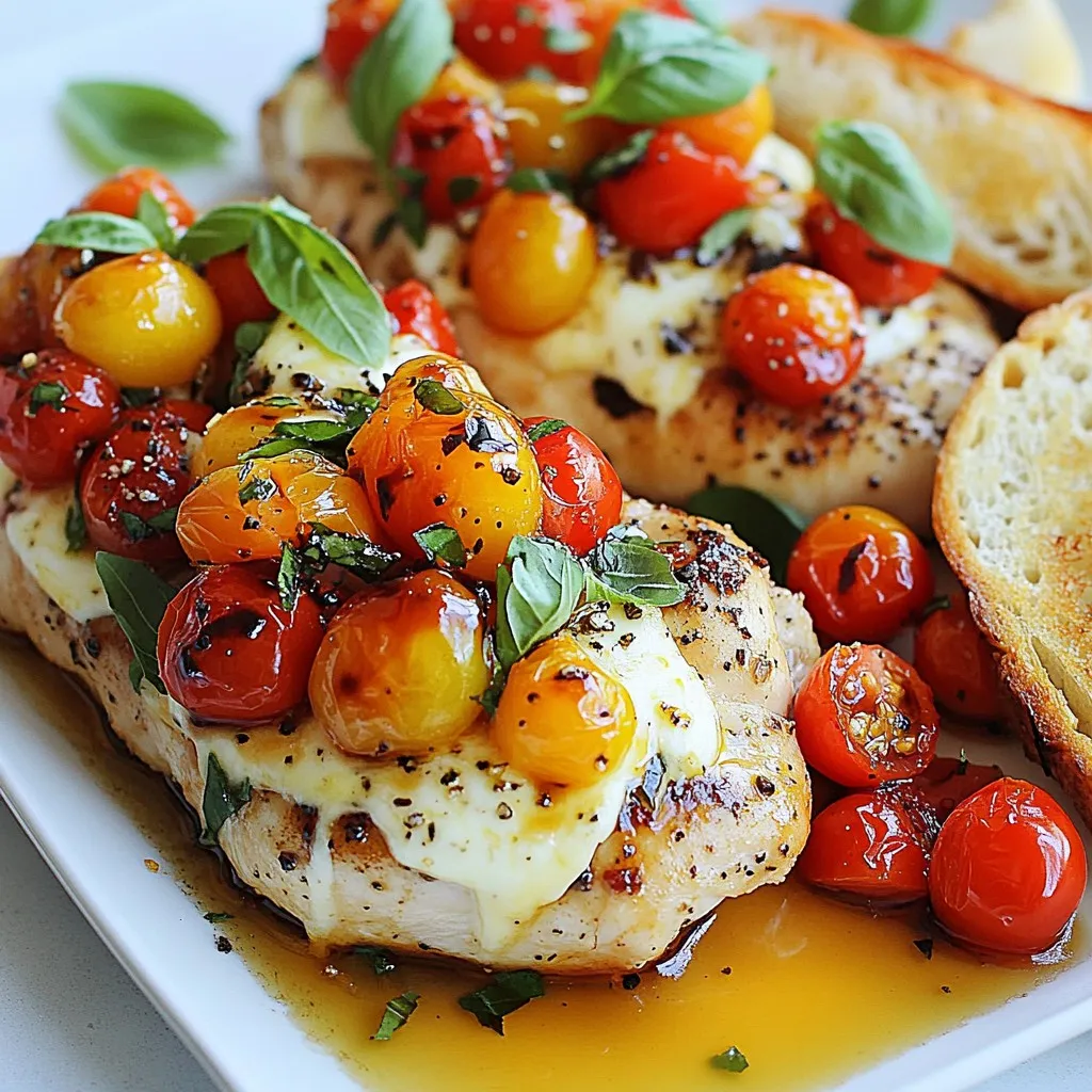 - 4 boneless, skinless chicken breasts - 2 cups cherry tomatoes, diced - 1/4 cup fresh basil leaves, finely chopped - 2 cloves garlic, minced - 1/4 cup balsamic vinegar - 1/4 cup extra virgin olive oil - Salt and freshly ground black pepper, to taste - 1 cup shredded mozzarella cheese - 1/4 teaspoon red pepper flakes (for heat) - Baguette slices, toasted (for serving) Serve this dish with a fresh salad or roasted veggies. A crisp white wine also pairs well. You can try a nice Sauvignon Blanc or Pinot Grigio. These drinks complement the dish’s bright flavors. Consider adding a dollop of pesto on top for extra zest. Enjoy the lovely blend of tastes and textures! {{ingredient_image_2}} Start by preheating your oven to 375°F (190°C). This helps the chicken bake evenly. While the oven heats, take a large bowl and mix together the diced cherry tomatoes, chopped basil, minced garlic, balsamic vinegar, and olive oil. Don’t forget to add salt and pepper for flavor. If you like some spice, toss in red pepper flakes. Stir well and let it sit for 10-15 minutes. This lets the flavors blend nicely. Next, season the chicken breasts. Sprinkle salt and pepper on both sides. This adds great taste to the chicken. After the chicken is seasoned, heat a large oven-safe skillet over medium-high heat. Add a little olive oil to the pan. Wait until the oil is hot, then place the chicken breasts in the skillet. Sear each side for about 5-6 minutes. You want a nice golden-brown crust to form. Once the chicken is browned, take it off the heat. Spoon the marinated tomato mix on top of each chicken breast. Make sure each piece is well covered. Finally, sprinkle shredded mozzarella cheese on top. Now it’s time to bake! Carefully transfer the skillet to your preheated oven. Bake for 20-25 minutes. The chicken should reach 165°F (75°C) inside. When it’s done, the cheese will be melted and bubbly. After baking, let the chicken rest for about 5 minutes. This helps the juices settle. Your Tomato Basil Bruschetta Chicken is now ready to serve! Enjoy it with toasted baguette slices for a perfect meal. Marinating is key for flavor. To start, mix the tomatoes, basil, garlic, balsamic, and olive oil in a bowl. Add salt and pepper to taste. Let this mixture sit for 10-15 minutes. This time allows the flavors to blend well. A good marinade makes each bite taste amazing. Searing gives chicken a nice crust. First, season the chicken well with salt and pepper. Heat your skillet over medium-high heat and add olive oil. Wait until the oil shimmers before adding the chicken. Sear each side for 5-6 minutes. Look for a golden-brown color. This step locks in juices and adds great flavor. Presentation matters! Place the chicken on a nice platter. Spoon the marinated tomato mix over each breast. For extra flair, sprinkle shredded mozzarella on top. Serve with toasted baguette slices for a crunchy touch. Garnish with fresh basil leaves to make it pop. This dish not only tastes great but looks beautiful too! Pro Tips Choose the Right Chicken: Opt for organic, free-range chicken breasts for a juicier and more flavorful dish that supports ethical farming practices. Marination Time Matters: Let the tomato mixture marinate for at least 15 minutes to enhance the flavors, but you can also prepare it earlier and let it sit longer for a more robust taste. Perfect Cheese Melt: For an extra gooey cheese layer, broil the chicken for the last 2-3 minutes of baking, watching closely to avoid burning. Serving Suggestions: Pair with a light salad or roasted vegetables for a balanced meal, and consider adding a drizzle of balsamic glaze over the top for an elegant finish. {{image_4}} You can change up the main protein in this dish. Instead of chicken, try turkey breasts or pork chops. Both options will absorb the flavors well. Fish like salmon or tilapia can also work. Just adjust the cooking time to avoid overcooking. Each protein brings a unique taste to the bruschetta. For a vegan twist, swap the chicken for hearty portobello mushrooms. These mushrooms have a meaty texture and grill nicely. You can also use eggplant slices or zucchini. They soak up the bruschetta topping and taste great. Don't forget to replace cheese with a vegan cheese option or skip it altogether for a lighter dish. You can get creative with the bruschetta topping, too. Try adding diced avocado for creaminess. Feta cheese adds a salty bite that contrasts the sweetness of tomatoes. For a spicy kick, include jalapeños or more red pepper flakes. Changing the herbs can also make a big difference; use parsley or cilantro for a fresh twist. Keep experimenting to find your perfect blend! After you enjoy your Tomato Basil Bruschetta Chicken, store any leftovers in an airtight container. Make sure to let the chicken cool down first. Keep it in the fridge for up to three days. If you want to keep it longer, consider freezing it. To reheat the chicken, preheat your oven to 350°F (175°C). Place the chicken in a baking dish, cover it with foil to keep it moist. Heat for about 15-20 minutes or until warm. You can also reheat it in the microwave. Use medium power and heat in short bursts, checking often to avoid drying it out. If you want to freeze your Tomato Basil Bruschetta Chicken, wrap each piece tightly in plastic wrap. Then, place them in a freezer-safe bag or container. Store for up to three months for the best taste. When ready to eat, thaw overnight in the fridge before reheating. You can use red wine vinegar or apple cider vinegar. These options add a tangy flavor. If you want sweetness, try adding a little honey or maple syrup to your substitute. This gives a nice taste, similar to balsamic. Yes, you can use frozen chicken breasts. Thaw them first in the fridge or a water bath. Make sure to cook them longer, about 10-15 extra minutes. Always check the internal temperature. It should reach 165°F (75°C) for safety. The chicken is fully cooked when it reaches 165°F (75°C) inside. Use a meat thermometer for accuracy. If you cut into it, the juices should run clear, not pink. This means it's safe to eat and perfectly cooked! This article covered how to make Tomato Basil Bruschetta Chicken. We explored main and optional ingredients, plus tasty pairings to enhance your meal. I shared step-by-step instructions for preparing, cooking, and baking for the best results. You learned tips for marinating, searing, and serving beautifully. We also discussed variations for proteins and flavors, along with storage and reheating advice. Now, you have all the tools to make this dish a hit! Enjoy preparing and sharing this delicious meal with others. It's sure to impress!