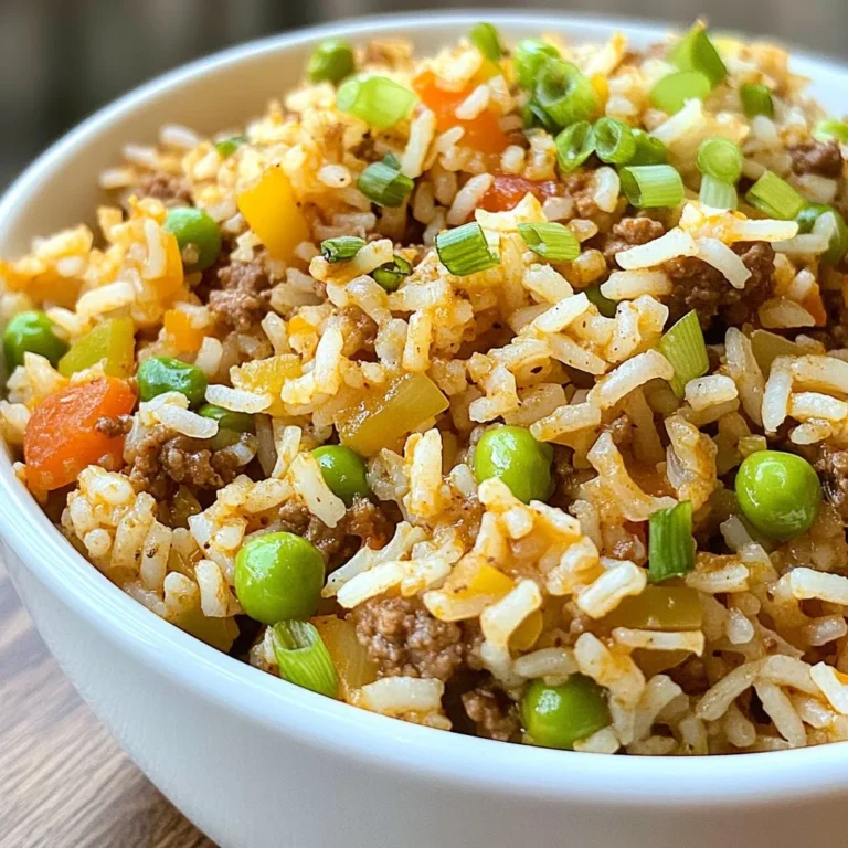 To make Spicy Cajun Dirty Rice, you will need: - 1 cup long-grain white rice - 2 cups chicken broth - 1 pound ground beef or chicken - 1 onion, finely diced - 1 bell pepper (green or red), finely diced - 2 stalks of celery, finely diced - 3 cloves garlic, minced - 2 tablespoons Cajun seasoning - 1 teaspoon dried thyme - 1 teaspoon smoked paprika - 1/2 teaspoon cayenne pepper (adjust to your desired spice level) - 1 cup frozen peas - 2 green onions, sliced (for garnish) - Salt and pepper to taste - 2 tablespoons olive oil For this dish, I suggest using long-grain white rice. This rice cooks well and stays fluffy. You can also try jasmine rice for a fragrant twist. Avoid short-grain rice, as it tends to be sticky. You can customize your dirty rice with fun add-ins. Consider adding: - Diced sausage for extra flavor - Chopped mushrooms for a hearty texture - Corn for a sweet bite - Hot sauce for an extra kick Feel free to experiment! Each add-in can change the taste and make it your own. {{ingredient_image_2}} First, gather all your ingredients. You will need: - 1 cup long-grain white rice - 2 cups chicken broth - 1 pound ground beef or chicken - 1 onion, finely diced - 1 bell pepper (green or red), finely diced - 2 stalks of celery, finely diced - 3 cloves garlic, minced - 2 tablespoons Cajun seasoning - 1 teaspoon dried thyme - 1 teaspoon smoked paprika - 1/2 teaspoon cayenne pepper - 1 cup frozen peas - 2 green onions, sliced - Salt and pepper to taste - 2 tablespoons olive oil Next, rinse the rice under cold water. This helps remove starch. The water should run clear. Drain the rice well and set it aside. Heat the olive oil in a large skillet over medium heat. Once hot, add the diced onion, bell pepper, and celery. Sauté these veggies for about 5-7 minutes. They should soften and smell great. Now, stir in the minced garlic. Cook it for one more minute. Be careful not to let the garlic burn. Add the ground beef or chicken next. Use a spatula to break it up. Cook until browned, about 5-8 minutes. Drain any excess fat if needed. Sprinkle in the Cajun seasoning, dried thyme, smoked paprika, cayenne pepper, salt, and pepper. Mix well to coat the meat and veggies evenly. Gently fold in the rinsed rice. Make sure it mixes well with the meat and veggies. Then, pour in the chicken broth and stir. Bring this mixture to a boil. Once boiling, lower the heat to a simmer. Cover the skillet with a lid. Let it simmer for 20-25 minutes. The rice will absorb the liquid and become tender. Stir occasionally to avoid sticking. In the last 5 minutes of cooking, fold in the frozen peas. Cover the skillet again to heat them through. When done, fluff the rice with a fork. Taste and add more salt or pepper if needed. Serve hot, garnished with sliced green onions for extra color and flavor. To achieve the perfect rice texture, rinse your rice well. Rinsing removes excess starch and prevents clumping. Use cold water until it runs clear. After rinsing, let the rice drain completely. This small step makes a big difference. When cooking, do not lift the lid often. This keeps steam inside and helps the rice cook evenly. Use the right amount of broth; two cups for one cup of rice works well. Cajun dirty rice is known for its bold flavor. If you want less spice, reduce the cayenne pepper. Start with a pinch and taste as you go. You can add more if you like heat. For a milder flavor, try adding more veggies, like bell peppers or peas. They balance the spices nicely. If you want a unique twist, add a splash of hot sauce at the end for extra kick. Using the right tools can make cooking easier. A large skillet or Dutch oven is best for this recipe. They allow for even cooking and plenty of space. A good spatula helps you mix everything without sticking. For rinsing rice, a fine-mesh strainer is ideal. It keeps the rice from slipping through. Lastly, a lid is important for simmering. It traps steam and helps the rice cook perfectly. Pro Tips Rinse Your Rice: Rinsing the rice removes excess starch, preventing it from becoming gummy and ensuring a fluffier texture. Adjust Spice Levels: Feel free to modify the amount of cayenne pepper based on your spice tolerance; start with less and add more if desired. Use Fresh Herbs: Adding fresh herbs like parsley or cilantro at the end can enhance the flavor and add freshness to the dish. Let It Rest: After cooking, let the rice sit covered for a few minutes. This helps to absorb any remaining moisture and improves the texture. {{image_4}} You can make a tasty vegetarian version of spicy Cajun dirty rice. Use vegetable broth instead of chicken broth. Replace the meat with a mix of mushrooms and lentils. Mushrooms give a nice texture and flavor. Lentils add protein. You can also add diced carrots or zucchini for extra veggies. This change keeps the dish hearty and satisfying. If you want to switch up the protein, there are many options. Ground turkey or sausage works well. You can also use shredded chicken for a different taste. For a unique twist, try diced shrimp or andouille sausage. Each protein brings its own flavor to the dish. Adjust the cooking time as needed to ensure everything is cooked through. To elevate the flavor, consider adding fresh herbs. Chopped parsley or cilantro adds a fresh touch. You can also mix in some diced tomatoes for a juicy burst. A splash of hot sauce can kick up the heat even more. For a smoky flavor, replace some olive oil with bacon grease. Each of these options enhances the dish and keeps it exciting. After you enjoy your Spicy Cajun Dirty Rice, store leftovers in an airtight container. Make sure it cools to room temperature first. This keeps it fresh longer. You can keep it in the fridge for up to four days. When you're ready to eat leftovers, reheat them on the stove or in the microwave. If using the stove, add a splash of chicken broth to keep it moist. Heat it on medium-low until warm. For the microwave, cover the rice with a damp paper towel. This helps it steam and avoid dryness. Heat it in one-minute bursts, stirring in between. To freeze Spicy Cajun Dirty Rice, let it cool completely. Then, divide it into individual portions. Use freezer-safe bags or containers. Squeeze out as much air as you can. It can be stored in the freezer for up to three months. When you're ready to eat, thaw it overnight in the fridge before reheating. This keeps the flavors rich and tasty! Dirty rice is a classic dish from Louisiana. It features rice cooked with ground meat and spices. The dish gets its name from the color of the rice, which turns dark from the meat and seasonings. You can use ground beef, chicken, or even sausage. The mix of veggies adds flavor and texture. It’s a hearty meal that fills you up! Yes, you can make dirty rice ahead of time. It stores well in the fridge. Just let it cool down first. Then, place it in an airtight container. It will stay fresh for about three days. You can also freeze it for up to three months. Just thaw it in the fridge before reheating. This makes it a great option for meal prep! To reduce spice, skip the cayenne pepper. You can also use less Cajun seasoning. Another option is to add more rice or broth to balance flavors. If you want some heat, try mild pepper instead. You can also serve it with a dollop of sour cream or yogurt to cool it down. Enjoy your meal without the burn! This article covered all you need for making dirty rice. We explored the key ingredients, including rice types and fun add-ins. I shared step-by-step cooking instructions to help you succeed. Tips on texture and spice adjustments will guide you as you cook. You can try different variations based on your taste. Finally, remember the best ways to store and reheat your leftovers. With this guide, you can create a flavorful dish that satisfies everyone. Enjoy your cooking journey and have fun experimenting with dirty rice!
