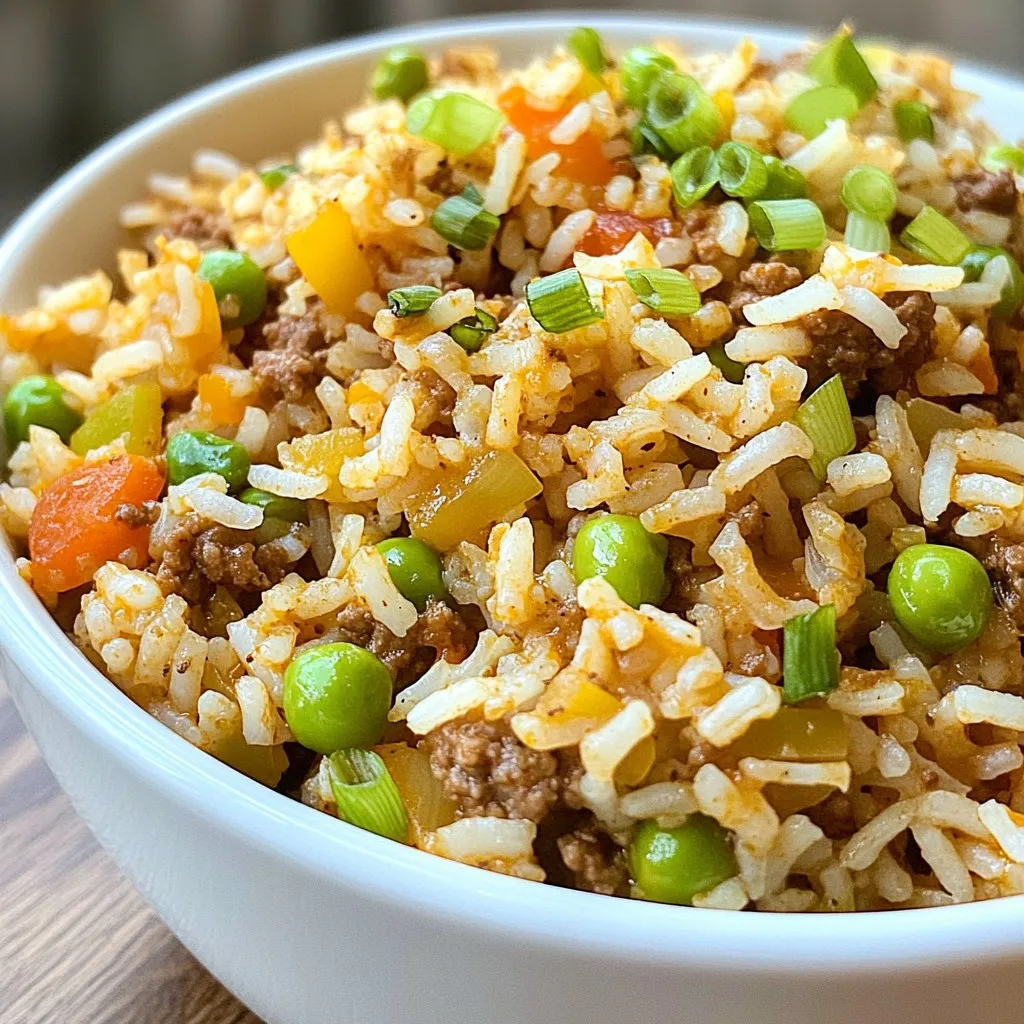 To make Spicy Cajun Dirty Rice, you will need: - 1 cup long-grain white rice - 2 cups chicken broth - 1 pound ground beef or chicken - 1 onion, finely diced - 1 bell pepper (green or red), finely diced - 2 stalks of celery, finely diced - 3 cloves garlic, minced - 2 tablespoons Cajun seasoning - 1 teaspoon dried thyme - 1 teaspoon smoked paprika - 1/2 teaspoon cayenne pepper (adjust to your desired spice level) - 1 cup frozen peas - 2 green onions, sliced (for garnish) - Salt and pepper to taste - 2 tablespoons olive oil For this dish, I suggest using long-grain white rice. This rice cooks well and stays fluffy. You can also try jasmine rice for a fragrant twist. Avoid short-grain rice, as it tends to be sticky. You can customize your dirty rice with fun add-ins. Consider adding: - Diced sausage for extra flavor - Chopped mushrooms for a hearty texture - Corn for a sweet bite - Hot sauce for an extra kick Feel free to experiment! Each add-in can change the taste and make it your own. {{ingredient_image_2}} First, gather all your ingredients. You will need: - 1 cup long-grain white rice - 2 cups chicken broth - 1 pound ground beef or chicken - 1 onion, finely diced - 1 bell pepper (green or red), finely diced - 2 stalks of celery, finely diced - 3 cloves garlic, minced - 2 tablespoons Cajun seasoning - 1 teaspoon dried thyme - 1 teaspoon smoked paprika - 1/2 teaspoon cayenne pepper - 1 cup frozen peas - 2 green onions, sliced - Salt and pepper to taste - 2 tablespoons olive oil Next, rinse the rice under cold water. This helps remove starch. The water should run clear. Drain the rice well and set it aside. Heat the olive oil in a large skillet over medium heat. Once hot, add the diced onion, bell pepper, and celery. Sauté these veggies for about 5-7 minutes. They should soften and smell great. Now, stir in the minced garlic. Cook it for one more minute. Be careful not to let the garlic burn. Add the ground beef or chicken next. Use a spatula to break it up. Cook until browned, about 5-8 minutes. Drain any excess fat if needed. Sprinkle in the Cajun seasoning, dried thyme, smoked paprika, cayenne pepper, salt, and pepper. Mix well to coat the meat and veggies evenly. Gently fold in the rinsed rice. Make sure it mixes well with the meat and veggies. Then, pour in the chicken broth and stir. Bring this mixture to a boil. Once boiling, lower the heat to a simmer. Cover the skillet with a lid. Let it simmer for 20-25 minutes. The rice will absorb the liquid and become tender. Stir occasionally to avoid sticking. In the last 5 minutes of cooking, fold in the frozen peas. Cover the skillet again to heat them through. When done, fluff the rice with a fork. Taste and add more salt or pepper if needed. Serve hot, garnished with sliced green onions for extra color and flavor. To achieve the perfect rice texture, rinse your rice well. Rinsing removes excess starch and prevents clumping. Use cold water until it runs clear. After rinsing, let the rice drain completely. This small step makes a big difference. When cooking, do not lift the lid often. This keeps steam inside and helps the rice cook evenly. Use the right amount of broth; two cups for one cup of rice works well. Cajun dirty rice is known for its bold flavor. If you want less spice, reduce the cayenne pepper. Start with a pinch and taste as you go. You can add more if you like heat. For a milder flavor, try adding more veggies, like bell peppers or peas. They balance the spices nicely. If you want a unique twist, add a splash of hot sauce at the end for extra kick. Using the right tools can make cooking easier. A large skillet or Dutch oven is best for this recipe. They allow for even cooking and plenty of space. A good spatula helps you mix everything without sticking. For rinsing rice, a fine-mesh strainer is ideal. It keeps the rice from slipping through. Lastly, a lid is important for simmering. It traps steam and helps the rice cook perfectly. Pro Tips Rinse Your Rice: Rinsing the rice removes excess starch, preventing it from becoming gummy and ensuring a fluffier texture. Adjust Spice Levels: Feel free to modify the amount of cayenne pepper based on your spice tolerance; start with less and add more if desired. Use Fresh Herbs: Adding fresh herbs like parsley or cilantro at the end can enhance the flavor and add freshness to the dish. Let It Rest: After cooking, let the rice sit covered for a few minutes. This helps to absorb any remaining moisture and improves the texture. {{image_4}} You can make a tasty vegetarian version of spicy Cajun dirty rice. Use vegetable broth instead of chicken broth. Replace the meat with a mix of mushrooms and lentils. Mushrooms give a nice texture and flavor. Lentils add protein. You can also add diced carrots or zucchini for extra veggies. This change keeps the dish hearty and satisfying. If you want to switch up the protein, there are many options. Ground turkey or sausage works well. You can also use shredded chicken for a different taste. For a unique twist, try diced shrimp or andouille sausage. Each protein brings its own flavor to the dish. Adjust the cooking time as needed to ensure everything is cooked through. To elevate the flavor, consider adding fresh herbs. Chopped parsley or cilantro adds a fresh touch. You can also mix in some diced tomatoes for a juicy burst. A splash of hot sauce can kick up the heat even more. For a smoky flavor, replace some olive oil with bacon grease. Each of these options enhances the dish and keeps it exciting. After you enjoy your Spicy Cajun Dirty Rice, store leftovers in an airtight container. Make sure it cools to room temperature first. This keeps it fresh longer. You can keep it in the fridge for up to four days. When you're ready to eat leftovers, reheat them on the stove or in the microwave. If using the stove, add a splash of chicken broth to keep it moist. Heat it on medium-low until warm. For the microwave, cover the rice with a damp paper towel. This helps it steam and avoid dryness. Heat it in one-minute bursts, stirring in between. To freeze Spicy Cajun Dirty Rice, let it cool completely. Then, divide it into individual portions. Use freezer-safe bags or containers. Squeeze out as much air as you can. It can be stored in the freezer for up to three months. When you're ready to eat, thaw it overnight in the fridge before reheating. This keeps the flavors rich and tasty! Dirty rice is a classic dish from Louisiana. It features rice cooked with ground meat and spices. The dish gets its name from the color of the rice, which turns dark from the meat and seasonings. You can use ground beef, chicken, or even sausage. The mix of veggies adds flavor and texture. It’s a hearty meal that fills you up! Yes, you can make dirty rice ahead of time. It stores well in the fridge. Just let it cool down first. Then, place it in an airtight container. It will stay fresh for about three days. You can also freeze it for up to three months. Just thaw it in the fridge before reheating. This makes it a great option for meal prep! To reduce spice, skip the cayenne pepper. You can also use less Cajun seasoning. Another option is to add more rice or broth to balance flavors. If you want some heat, try mild pepper instead. You can also serve it with a dollop of sour cream or yogurt to cool it down. Enjoy your meal without the burn! This article covered all you need for making dirty rice. We explored the key ingredients, including rice types and fun add-ins. I shared step-by-step cooking instructions to help you succeed. Tips on texture and spice adjustments will guide you as you cook. You can try different variations based on your taste. Finally, remember the best ways to store and reheat your leftovers. With this guide, you can create a flavorful dish that satisfies everyone. Enjoy your cooking journey and have fun experimenting with dirty rice!