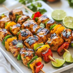 - 1.5 lbs chicken breast, cut into 1-inch cubes - 1 red bell pepper, cut into 1-inch pieces - 1 green bell pepper, cut into 1-inch pieces - Skewers (wooden or metal) - 2 tablespoons chipotle peppers in adobo sauce, finely minced - 3 tablespoons freshly squeezed lime juice - 2 tablespoons extra virgin olive oil - 2 cloves garlic, finely minced - 1 teaspoon ground cumin - 1 teaspoon smoked paprika - Salt and freshly ground black pepper, to taste - Fresh lime wedges - Sprigs of cilantro - Dipping sauce of your choice The key to great flavor in Chipotle Lime Chicken Skewers is the marinade. It combines bold chipotle peppers, fresh lime juice, and rich olive oil. This mix brings life to the chicken. I like to use fresh ingredients for the best taste. The chicken pairs well with colorful bell peppers, adding a nice crunch. For garnish, fresh lime and cilantro brighten the dish. You can also serve a tasty dipping sauce on the side. This makes the meal more fun and interactive! {{ingredient_image_2}} First, grab a large mixing bowl. In this bowl, whisk together two tablespoons of minced chipotle peppers and three tablespoons of fresh lime juice. Next, add two tablespoons of olive oil and two cloves of finely minced garlic. Sprinkle in one teaspoon each of ground cumin and smoked paprika. Then, add salt and black pepper to taste. Mix everything until it blends well. This marinade will give your chicken a tasty kick. Now, take your chicken breast. Cut it into 1-inch cubes. Place these cubes into the marinade, making sure each piece gets coated. Cover the bowl with plastic wrap. For the best flavor, let it marinate in the fridge for at least 30 minutes. If you can wait, two hours is even better! If you use wooden skewers, soak them in water for about 30 minutes. This step keeps them from burning on the grill. Preheat your grill to medium-high heat. While the grill heats up, thread the marinated chicken cubes onto the skewers. Alternate them with pieces of red and green bell peppers. This adds color and crunch. When the grill is hot, place the skewers on it. Cook for about 10 to 12 minutes. Turn them now and then to cook evenly. The chicken is done when it reaches an internal temperature of 165&deg;F (75&deg;C). Once the skewers are grilled, take them off the heat. Let them rest for a few minutes. This helps the juices settle. For a nice presentation, arrange the skewers on a wooden platter. Add lime wedges and fresh cilantro for color. You can also serve a small bowl of your favorite dipping sauce on the side. Enjoy your delicious Chipotle Lime Chicken Skewers! To create a great marinade, balance is key. The chipotle peppers bring heat, while lime juice adds brightness. I suggest adjusting the lime juice to your taste. If you like more tang, add extra lime juice. Mix well to ensure the flavors blend. Let the marinade sit for a few minutes before adding the chicken. This step helps the flavors deepen. Grilling the skewers on medium-high heat is essential. Be sure to preheat the grill first. This helps the chicken cook evenly and adds nice grill marks. Turn the skewers every few minutes to avoid burning. Use a meat thermometer to check for doneness. Aim for an internal temperature of 165&deg;F (75&deg;C). Let the skewers rest after grilling. This step helps keep the chicken juicy. Serving your skewers can elevate the meal. Use a rustic wooden platter for a nice touch. Arrange the skewers with fresh lime wedges and cilantro. This adds color and freshness to the dish. For extra flavor, offer a dipping sauce on the side. A simple yogurt or avocado dip works well. Enjoy your beautiful and tasty creation! Pro Tips Marination Time: For the best flavor, allow the chicken to marinate for at least 2 hours. This will help the spices penetrate the meat more deeply. Skewer Technique: When threading the chicken and vegetables onto the skewers, make sure to leave a little space between each piece. This allows for better heat circulation and even cooking. Grill Temperature: Preheat your grill to medium-high heat to achieve perfect grill marks and caramelization. A hot grill is essential for locking in the juices. Resting Period: After grilling, let the skewers rest for a few minutes before serving. This gives the juices time to redistribute, resulting in a juicier bite. {{image_4}} You can switch up the protein in these skewers. Try using shrimp or tofu. Both options work great with the marinade. Shrimp cooks fast and adds a nice taste. Tofu absorbs flavors well and is perfect for a meatless meal. Just make sure to cut the shrimp into similar sizes. For tofu, press it to remove extra water before marinating. Adding veggies can make your skewers colorful and healthy. Bell peppers are classic, but you can also use zucchini or cherry tomatoes. Cut zucchini into thick rounds to keep them from falling apart. Cherry tomatoes add a burst of flavor when grilled. Feel free to mix and match your favorites for a fun twist! You can change the marinade to match your taste. Try adding a bit of honey for sweetness. This balances the heat of the chipotle. If you want more zest, mix in some orange juice. For a spicy kick, add more chipotle peppers or jalape&ntilde;os. Experiment with different herbs like cilantro or oregano to create your unique flavor. After cooking, let the skewers cool down. Place them in an airtight container. Store in the fridge for up to three days. This keeps the flavor fresh and the meat safe to eat. To reheat, you can use the microwave. Simply place the skewers on a microwave-safe plate. Heat for about one to two minutes. Check that the chicken is hot all the way through. You can also reheat them in a skillet. Heat on medium for about five minutes, turning often. This helps keep the chicken juicy. If you want to save some for later, freezing is a great option. Wrap the skewers tightly in plastic wrap and then in foil. This prevents freezer burn. They can last in the freezer for up to three months. When you're ready to eat, thaw them in the fridge overnight before reheating. You should marinate the chicken for at least 30 minutes. If you want more flavor, let it sit for 2 hours. The longer the chicken sits, the better it tastes. Yes, chicken thighs work well too. They stay juicy and tender during cooking. Just cut them into 1-inch cubes like the breasts. Great sides include rice, corn salad, or grilled veggies. A fresh green salad also adds a nice touch. You want sides that balance the spicy flavors. Absolutely! These skewers are great for meal prep. You can make them ahead and store them in the fridge. Just reheat when you're ready to eat. They taste just as good! You learned how to make Chipotle Lime Chicken Skewers. We covered key ingredients, marinade tips, and grilling steps. I shared ideas for serving and storing leftovers. This dish is great if you want flavor and ease. You can even change the protein or add veggies. Use these tips to impress your family or friends. Enjoy your skewers, and happy cooking!