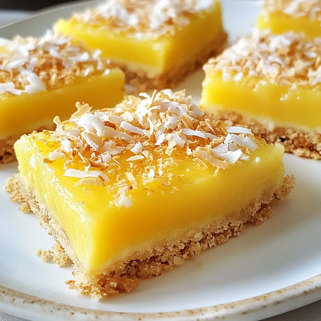 - 1 cup almond flour - 1/2 cup unsweetened shredded coconut - 1/4 cup coconut oil, melted - 1/4 cup pure maple syrup - 1/4 teaspoon salt - Zest of 2 lemons (about 2 tablespoons) - 1/4 cup fresh lemon juice - 1 tablespoon cornstarch - 1/2 teaspoon baking powder You can make this recipe gluten-free by using almond flour, which is naturally free of gluten. If you want extra crunch, try adding crushed nuts or seeds. Instead of maple syrup, you can use agave syrup for a different flavor. Each ingredient plays a key role. Almond flour forms the base and gives a nutty taste. Shredded coconut adds texture and sweetness. Coconut oil helps bind everything and adds a rich flavor. Maple syrup sweetens the bars and keeps them moist. Lemon zest and juice provide that zesty kick, making these bars refreshing. Cornstarch and baking powder help the filling set nicely. This recipe is simple, yet the flavors come together beautifully. You will love how easy it is to prepare these tasty treats! {{ingredient_image_2}} Preheating the Oven First, set your oven to 350°F (175°C). This helps the crust bake evenly. Mixing Ingredients for the Crust In a medium bowl, add 1 cup of almond flour, 1/2 cup of unsweetened shredded coconut, 1/4 cup of melted coconut oil, 1/4 cup of pure maple syrup, and 1/4 teaspoon of salt. Mix these ingredients well until they form a moist and crumbly dough. Baking Instructions for the Crust Next, press the dough firmly into the bottom of an 8x8 inch baking pan lined with parchment paper. Make sure it’s even. Bake it in the oven for 10-12 minutes. It should turn a light golden color when ready. Mixing Filling Ingredients While the crust is baking, whisk together the zest from two lemons, 1/4 cup of fresh lemon juice, 1 tablespoon of cornstarch, 1/2 teaspoon of baking powder, and the remaining maple syrup in a separate bowl. Stir until the mixture is smooth. Pouring Filling Over Crust Once the crust is ready, take it out of the oven. Carefully pour the lemon mixture over the hot crust. Use a spatula to spread it evenly. Setting the Filling Return the pan to the oven. Bake for another 15-20 minutes. The filling should be set but have a slight jiggle in the center when done. Cooling Instructions After baking, let the pan cool at room temperature. For the best texture, refrigerate it for at least 2 hours. This makes it easier to slice. Once chilled, lift the bars out using the parchment paper and cut them into squares or rectangles. - Overmixing the Filling: Once you mix the filling, stop stirring as soon as it's smooth. Overmixing can make it too thin. You want a thick and creamy texture. - Not Baking Long Enough: Make sure to bake the bars long enough. The filling should set with a slight jiggle in the center. If it looks too soft, give it a few more minutes. - Presentation Ideas: To make your bars shine, lightly dust them with shredded coconut. Arrange them on a pretty plate. A slice of lemon or mint leaves adds color and charm. - Pairing Ideas: These bars pair well with a cup of tea or coffee. The tart lemon flavor balances nicely with warm drinks. Serve them at brunch or as a sweet treat any time of day. - Best Types of Lemons to Use: Use fresh, juicy lemons for the best flavor. Meyer lemons have a sweeter taste, while regular lemons offer a bright, tangy punch. - Choosing the Right Coconut: Look for unsweetened shredded coconut. It keeps the bars from being too sweet. The texture adds a nice chewiness that complements the filling. Pro Tips Chill for Better Texture: Allow the bars to cool completely and refrigerate for at least 2 hours before slicing. This helps the filling firm up, making it easier to cut clean squares. Use Fresh Ingredients: For the best flavor, use fresh lemons for both zest and juice. The zest adds a fragrant aroma, while fresh juice gives a bright, zesty flavor. Customize the Sweetness: Adjust the amount of maple syrup to your taste preference. You can add more if you like it sweeter or reduce it for a less sweet bar. Presentation Matters: Lightly dust the top of the bars with shredded coconut and garnish with lemon slices or mint leaves for an appealing presentation that enhances the visual appeal. {{image_4}} You can easily switch up the flavors in vegan lemon coconut bars. Adding other citrus zests can brighten the taste. Try lime or orange zest for a fun twist. Just replace or mix it with the lemon zest. Incorporating nuts or seeds can also enhance the flavor. Chopped walnuts or almonds add a nice crunch. You can mix them into the crust or sprinkle them on top. If you want a creamier bar, adding coconut cream is a great option. It makes the filling rich and smooth. Just mix in a little coconut cream with the lemon filling. You can also add a crunchy topping to the bars. Toasted coconut flakes or crushed nuts work well. Just sprinkle them on before the bars finish baking. Lowering the sugar content is simple. You can reduce the maple syrup and still enjoy sweet bars. Start by cutting it down to two tablespoons and taste as you go. For an oil-free version, replace coconut oil with unsweetened applesauce. This change keeps the bars moist and flavorful without added fat. Just use the same amount of applesauce as coconut oil. Store your Vegan Lemon Coconut Bars at room temperature for a short time. If you want them fresh longer, keep them in the fridge. This helps them stay firm and tasty. Just place them in an airtight container to keep them from drying out. If you want to freeze them, wrap each bar in plastic wrap. Then, put them in a freezer-safe bag. They can last up to three months in the freezer. When ready to eat, let them thaw in the fridge overnight. Enjoy your Vegan Lemon Coconut Bars within a week if stored in the fridge. They taste best when fresh. If you notice any changes in color or smell, it’s time to toss them. Signs of spoilage include a dry texture or off taste. Always trust your senses; they guide you well! Yes, you can make these bars gluten-free. I recommend using gluten-free almond flour as your base. Almond flour adds a nice texture and flavor. You can also use gluten-free oat flour if you prefer. Just make sure to check that your ingredients are certified gluten-free. This way, you can enjoy the bars without worrying about gluten. To tell if the bars are done, look for a few signs. The top should look set and slightly firm. The filling should have a slight jiggle in the center. You can also insert a toothpick into the filling. If it comes out clean or with a few crumbs, they are ready. Keep an eye on them to avoid over-baking, as this can make them tough. Yes, you can use different sweeteners if you want. Here are some options: - Agave syrup: It is a great liquid sweetener. It is sweeter than maple syrup, so use less. - Date syrup: This gives a rich flavor. It has a thicker texture, so you may need to adjust other liquids. Each sweetener has a different taste and sweetness level. Choose what you like best for your bars! In this post, we covered how to make delicious lemon coconut bars. I shared the ingredient list, including substitutions and measurements. Then, I walked you through each step from preparing the crust to baking the filling. I also provided tips for avoiding common mistakes and suggested serving ideas. Lastly, variations can enhance flavor and texture, while storage tips help maintain freshness. Try this recipe. It's easy and tasty! Enjoy every bite of your homemade treat.