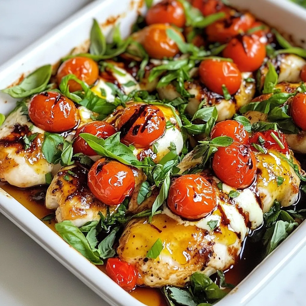 Here are the simple ingredients you'll need for the Caprese Chicken Bake. Each one adds flavor and freshness. - 4 boneless, skinless chicken breasts - 2 cups cherry tomatoes, halved - 8 ounces fresh mozzarella cheese, sliced into rounds - 1/4 cup fresh basil leaves, chopped - 3 tablespoons balsamic glaze, for drizzling - 3 tablespoons extra virgin olive oil - 2 cloves garlic, finely minced - Sea salt and freshly cracked black pepper, to taste - 1 teaspoon dried oregano Each ingredient plays a key role in this dish. The chicken provides a hearty base. The tomatoes add juicy sweetness. Fresh mozzarella melts beautifully, giving that creamy texture. Basil brings a bright pop of flavor. The balsamic glaze adds a touch of tang. Olive oil keeps everything moist. Garlic adds depth, while salt, pepper, and oregano enhance the taste. When you gather these ingredients, you're ready to create a meal that looks and tastes like a gourmet dish. Enjoy the process of cooking this delightful recipe! {{ingredient_image_2}} - Preheat oven to 375°F (190°C). - Prepare the baking dish with 1 tablespoon of olive oil. Start by heating your oven. A hot oven helps cook the chicken evenly. Next, grab a large baking dish. Drizzling olive oil on the bottom will keep the chicken moist. Spread it evenly with your hands or a brush. - Season chicken breasts with salt, pepper, and oregano. - Arrange chicken in the baking dish. Now, take your chicken breasts. Generously sprinkle salt, pepper, and oregano on both sides. This step adds great flavor to the meat. After seasoning, place the chicken breasts in the baking dish in a single layer. - Combine cherry tomatoes and minced garlic. - Drizzle with olive oil and season. In a mixing bowl, toss the halved cherry tomatoes with minced garlic. Add the remaining olive oil and season with salt and pepper. Mix well to coat the tomatoes. This mixture adds freshness and sweetness to the dish. - Spoon tomato mixture over chicken. - Add fresh mozzarella slices. Carefully spoon the tomato mixture over the chicken. Make sure to spread it evenly. Then, lay fresh mozzarella slices on top. Cover as much chicken as you can. This cheese will melt beautifully while baking. - Place in oven and bake for 25-30 minutes. - Check for internal temperature of 165°F (75°C). Now, slide the baking dish into your preheated oven. Bake for about 25 to 30 minutes. Use a meat thermometer to check if the chicken reaches 165°F (75°C). This ensures it is safe to eat. - Drizzle with balsamic glaze. - Garnish with fresh basil. Once your chicken is done, take it out and drizzle balsamic glaze on top. This adds a sweet and tangy flavor. Finally, sprinkle with chopped fresh basil for a bright touch. The dish is now ready to enjoy! - Always let your chicken sit out for 15 minutes. This helps it cook evenly. - Keep an eye on the cheese as it melts. You want it gooey but not burnt. - Add fresh thyme or rosemary for extra flavor. These herbs pair well with chicken. - Try using honey instead of balsamic glaze. It gives a sweet twist to the dish. - Serve with a side of garlic bread or a fresh salad. Both balance the dish nicely. - Pair with bruschetta as an appetizer. The fresh tomatoes will match the main dish. Pro Tips Chicken Marinade: For even more flavor, marinate the chicken breasts in olive oil, garlic, and herbs for at least 30 minutes before baking. Fresh Mozzarella: Use high-quality fresh mozzarella for the best melting effect and rich flavor. If possible, purchase it from a local cheese shop. Tomato Variations: Experiment with different types of tomatoes, such as heirloom or vine-ripened, to enhance the dish's flavor profile. Serving Suggestions: Pair the Caprese Chicken Bake with a side of crusty bread or a fresh green salad to balance the richness of the dish. {{image_4}} You can switch up the cheese in this dish. Try goat cheese or feta for a new taste. They add a tangy flavor that pairs well with the chicken and tomatoes. Instead of cherry tomatoes, you can use diced bell peppers or zucchini. These veggies bring a nice crunch and bright color to your meal. If you want a smoky flavor, grill the chicken. Preheat your grill and cook the chicken for about 6-7 minutes on each side. You can also make this dish on the stovetop. Just sear the chicken in a pan, add the tomato mixture, and cover to cook through. For a slow cooker, layer the ingredients as you would for baking. Cook on low for 4-6 hours for tender chicken. For a low-carb version, skip the balsamic glaze and use more herbs. This keeps the dish fresh and light. If you need a gluten-free option, this recipe is already safe! Just make sure your balsamic glaze is gluten-free. For dairy-free options, use a nut-based cheese or skip the cheese altogether. You can still enjoy the dish with all the tasty toppings. To store leftovers, place them in an airtight container. Make sure to cool the dish to room temperature before sealing. This keeps your Caprese Chicken Bake fresh and safe to eat. In the fridge, it lasts about 3 to 4 days. After that, the flavors fade and the dish may spoil. For long-term storage, you can freeze the Caprese Chicken Bake. Cut it into portions and wrap each piece tightly in plastic wrap. Then, place the wrapped pieces in a freezer-safe bag. This method helps prevent freezer burn. When you're ready to eat, thaw the chicken in the fridge overnight. For quick meals, you can thaw it in the microwave. To reheat, the best method is to use the oven. Preheat the oven to 350°F (175°C). Place the chicken in a baking dish and cover it with foil. This helps keep it moist. Heat for about 20 minutes or until it reaches 165°F (75°C). You can also use the microwave. Heat in short bursts to avoid overcooking. For both methods, check the cheese. You want it gooey but not rubbery. Enjoy your tasty leftovers! The total cooking time for Caprese Chicken Bake is about 40 minutes. You spend 10 minutes preparing the dish. The baking time is 25 to 30 minutes. Yes, you can use frozen chicken breasts. However, you need to thaw them first. Cooking from frozen may not cook evenly. It’s best to use fresh chicken for great results. If you don't have balsamic glaze, try balsamic vinegar mixed with honey. You can also use a splash of lemon juice. These options add a nice tangy flavor. Yes, this dish is great for meal prep! You can bake it in advance and store it. Divide into portions and keep in the fridge for easy meals later. You can prepare it ahead of time. Assemble the dish and cover it. Store it in the fridge for up to 24 hours. Just bake it when you’re ready to eat! The Caprese Chicken Bake is a simple and tasty dish. You learned the key ingredients like chicken, tomatoes, and mozzarella. We walked through easy steps, from prep to bake. I shared tips for tweaking the flavor and storage advice to keep it fresh. In the end, this meal is perfect for busy nights. You can enjoy it any time with your favorite sides. Now, you are ready to impress your friends and family with this dish. Happy cooking!