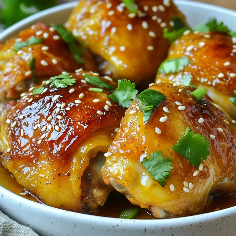 - 4 chicken thighs, skin-on and bone-in - 1 tablespoon olive oil - 4 cloves garlic, finely minced - 1/4 cup honey - 2 tablespoons soy sauce - 1 tablespoon sriracha (increase or decrease based on spice preference) - 1 teaspoon fresh ginger, grated - 1 teaspoon kosher salt - 1/2 teaspoon freshly cracked black pepper - 1 tablespoon sesame seeds, toasted (for garnish) - Fresh cilantro or chopped green onions (for garnish) For this recipe, you need fresh, high-quality ingredients. Chicken thighs give you juicy meat and crispy skin. The marinade is key. It combines sweet honey, savory soy sauce, and spicy sriracha. This mix makes the chicken pop with flavor. Using skin-on chicken thighs keeps moisture in while cooking. The garlic and ginger add depth. They enhance the taste without overpowering it. Honey balances the spice and salt. You can adjust the heat. Add more sriracha for a kick. If you prefer less spice, use less sriracha. For a nice finish, prepare garnishes like sesame seeds and fresh herbs. These add color and texture. They also make your dish look beautiful! This dish is perfect for quick meals or special occasions. It is easy and full of flavor. {{ingredient_image_2}} - Mixing Ingredients In a mixing bowl, combine the minced garlic, honey, soy sauce, sriracha, grated ginger, salt, and black pepper. Use a whisk to blend everything well. This helps all the flavors mix together. - Ensuring Consistency You want a smooth marinade. If it’s too thick, add a splash of water or more soy sauce. The goal is to coat the chicken evenly. - Best Practices Place the chicken thighs in a resealable plastic bag or a shallow dish. Pour the marinade over the chicken. Make sure each piece gets covered well. Seal the bag or cover the dish. - Marination Time Tips For best flavor, marinate for at least 30 minutes. If you can, marinate for up to 4 hours. This allows the chicken to soak up all the tasty flavors. - Searing Process Preheat your oven to 400°F (200°C). In an oven-safe skillet, heat olive oil over medium-high heat. Once hot, remove the chicken from the marinade. Sear the thighs skin-side down for about 4-5 minutes. You want the skin to be golden brown and crispy. - Baking Instructions Flip the chicken thighs in the skillet. Pour the reserved marinade over them. Transfer the skillet to your preheated oven. Bake for 25-30 minutes. Check the internal temperature; it should be 165°F (74°C) to ensure it’s safe to eat. Adjusting Spice Levels You can change the heat by adding more or less sriracha. If you want mild, use less. To make it spicier, add extra sriracha or some red pepper flakes. Always taste the marinade before you add it to the chicken. This way, you can find the right balance. Adding Aromatics Aromatics like onions or scallions can boost flavor. Try adding minced onions to the marinade for a sweet touch. Fresh herbs, like basil or rosemary, can also bring a new twist. They add freshness and depth to the dish. Importance of Searing Searing the chicken is key. It creates a golden, crispy skin that locks in juices. Use a hot skillet to get that perfect sear. Don’t rush this step; it makes a big difference in taste and texture. Using a Meat Thermometer A meat thermometer is your best friend. It takes the guesswork out of cooking. Insert it into the thickest part of the chicken. Aim for 165°F (74°C) for safe and juicy chicken thighs. This ensures your meal is cooked perfectly every time. Garnishing Ideas Make your dish pop with garnishes. Toasted sesame seeds add crunch and flavor. Fresh cilantro or green onions provide color and freshness. Sprinkle them on right before serving to make the dish look inviting. Serving Pairings Pair your chicken with steamed rice or a crisp salad. Rice soaks up the sauce and complements the flavors well. A fresh salad adds a nice crunch and balances the meal. It’s a simple way to round out your dish. Pro Tips Marinate Longer for Deeper Flavor: If you have the time, marinate the chicken thighs for up to 4 hours or even overnight in the refrigerator. This allows the flavors to penetrate the meat more deeply, resulting in a more flavorful dish. Use a Meat Thermometer: To ensure perfectly cooked chicken, use a meat thermometer to check the internal temperature. It should read 165°F (74°C) to guarantee safety and juiciness. Adjust the Spice Level: Feel free to modify the amount of sriracha in the marinade according to your spice preference. Start with a smaller amount if you're sensitive to heat, and gradually increase it for a spicier kick. Rest Before Serving: After removing the chicken from the oven, let it rest for about 5 minutes. This helps the juices redistribute throughout the meat, ensuring every bite is succulent and tender. {{image_4}} You can use chicken breast instead of thighs. They cook faster but may dry out. Another option is to use drumsticks for a fun twist. If you prefer a different meat, try pork or tofu. Both can soak up the sweet and spicy marinade well. If you want a different flavor, swap honey for maple syrup or agave. Brown sugar adds a rich taste, while coconut sugar gives a nice caramel note. Just remember, each sweetener changes the flavor a bit. Grilling adds a smoky taste to your chicken. Preheat your grill to medium-high heat. Marinate the chicken as usual, then place it on the grill. Cook for 6-8 minutes per side. Use a meat thermometer to check for a safe temp of 165°F (74°C). For a hands-free meal, use a slow cooker. Place the marinated chicken in the cooker. Add a splash of chicken broth to keep it moist. Cook on low for 4-6 hours or high for 2-3 hours. The chicken will be super tender and full of flavor. - Storing Leftovers: Place leftover chicken in an airtight container. This keeps it fresh for up to 3 days. Make sure to store the chicken in the fridge within two hours of cooking. - Reheating Tips: To reheat, put the chicken in the oven at 350°F (175°C) for about 15-20 minutes. This helps keep it juicy. You can also use a microwave, but the oven is best for crispiness. - How to Freeze: If you want to keep the chicken longer, freeze it. First, let it cool completely. Then, wrap each piece tightly in plastic wrap and place them in a freezer bag. This method prevents freezer burn. You can freeze the chicken for up to 3 months. - Thawing Process: To thaw, move the chicken from the freezer to the fridge. Let it sit overnight. If you need it fast, you can use the microwave. Just make sure to cook it right after thawing for safety. How long to marinate chicken thighs? Marinate chicken thighs for at least 30 minutes. For deeper flavor, marinate up to 4 hours. The longer you marinate, the tastier the chicken becomes. Can I use skinless chicken thighs? Yes, you can use skinless chicken thighs. They will cook faster and may have less fat. You might miss some crispiness, but the flavor will still shine through. What sides go well with Spicy Honey Garlic Chicken Thighs? Great sides include steamed rice, a fresh green salad, or roasted vegetables. These options balance the spicy and sweet flavors of the chicken. Why is my chicken not crispy? If your chicken is not crispy, check the heat. Searing must be on medium-high heat. Ensure the chicken skin is dry before cooking, and avoid overcrowding the pan. How to know when the chicken is done? Use a meat thermometer to check the internal temperature. Chicken should reach 165°F (74°C). If you don’t have a thermometer, check that juices run clear when pierced. This blog post covered everything you need to make Spicy Honey Garlic Chicken Thighs. We explored key ingredients, including the chicken and marinade, and learned how to marinate and cook the chicken perfectly. We also shared helpful tips for flavor and presentation. Lastly, we discussed variations and storage. Enjoy experimenting with these techniques. Each step allows for creativity, so don’t hesitate to make it your own. Happy cooking!