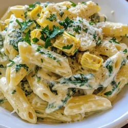 To make creamy spinach artichoke pasta, you'll need these simple ingredients: - 8 oz penne pasta - 1 cup fresh spinach, finely chopped - 1 can (14 oz) artichoke hearts, drained and roughly chopped - 1 cup cream cheese, softened to room temperature - 1 cup heavy cream - 1 cup freshly grated Parmesan cheese - 2 cloves garlic, minced - 1 teaspoon onion powder - 1 teaspoon garlic powder - Salt and freshly ground black pepper, to taste - 2 tablespoons extra virgin olive oil - Fresh parsley, finely chopped, for garnishing These ingredients combine to create a dish that is rich and satisfying. The penne pasta serves as a great base, while the spinach and artichokes add a fresh and vibrant touch. Cream cheese and heavy cream give the sauce its creamy texture, and Parmesan cheese adds a sharp flavor. Make sure to use fresh spinach for the best taste. The artichoke hearts should be roughly chopped to mix well with the pasta. Having all the ingredients ready will make your cooking process smoother. Enjoy the cooking experience! {{ingredient_image_2}} To start, bring a large pot of salted water to a boil. The salt helps to flavor the pasta. Add 8 ounces of penne pasta to the boiling water. Cook it for about 8 to 10 minutes. You want the pasta to be al dente, which means it should be firm to the bite. Once cooked, drain the pasta, but save about 1 cup of the starchy water for later. Next, take a large non-stick skillet and heat 2 tablespoons of extra virgin olive oil over medium heat. Once the oil is hot, add 2 cloves of minced garlic. Sauté it for about 1 minute. Stir it often so it doesn’t burn. Burnt garlic can ruin the flavor of your dish, so be careful! Now it's time to make the creamy sauce. Add 1 cup of softened cream cheese to the skillet. Stir it continuously until it melts into a smooth mix. Then, slowly pour in 1 cup of heavy cream while you keep stirring. This helps to create a creamy and rich base for your pasta. After your sauce is ready, mix in 1 cup of chopped fresh spinach and 1 can of drained artichoke hearts. Add 1 teaspoon of onion powder, 1 teaspoon of garlic powder, and season with salt and pepper. Cook this mixture for about 3 to 4 minutes. The spinach should wilt and turn a bright green color. Gently fold the drained penne pasta into the creamy sauce in the skillet. Stir well to coat every piece of pasta with the sauce. This step is crucial! Use the reserved pasta water little by little to reach the sauce consistency you like. Finally, add 1 cup of freshly grated Parmesan cheese and stir until it is fully combined and creamy. Now, taste your pasta dish. Adjust the seasoning by adding more salt and pepper if needed. Once satisfied, remove the skillet from the heat. Let it sit for a minute before serving. For a beautiful finish, portion the pasta into bowls. Top each serving with fresh parsley and an extra sprinkle of grated Parmesan. Enjoy your creamy spinach artichoke pasta! To get that perfect creamy texture, focus on your ingredient ratios. The right mix of cream cheese and heavy cream makes all the difference. Use one cup of cream cheese and one cup of heavy cream for a rich sauce. This balance ensures a smooth and creamy finish. When making the sauce, stir constantly to prevent lumps. Start with softened cream cheese. Add it to the pan and let it melt fully before adding heavy cream. This helps create a silky sauce without clumps. You might want a dairy-free option. Use cashew cream instead of cream cheese. You can blend soaked cashews with water for a smooth texture. For heavy cream, try coconut cream for a rich taste. If you need gluten-free pasta, opt for rice or quinoa pasta. These options work well and keep the dish tasty. Cook them just as you would with regular pasta. Many beginners make common mistakes. One mistake is not tasting the sauce. Always taste and adjust seasoning. Add salt and pepper to enhance the flavors. Another mistake is not having the right tools. Use a large, non-stick skillet for easy cooking. A wooden spoon helps mix the sauce well. Don't forget to use a pot big enough for boiling pasta. This way, the pasta cooks evenly without sticking. Pro Tips Use Fresh Ingredients: Opt for fresh spinach and artichokes when possible for a brighter flavor and vibrant color. Adjusting Creaminess: If the sauce is too thick, gradually add more reserved pasta water until you achieve your desired consistency. Herb Variations: Experiment with different herbs like basil or oregano to customize the flavor profile of your dish. Serving Suggestions: Pair this pasta with a light side salad or garlic bread for a complete meal experience. {{image_4}} You can boost your creamy spinach artichoke pasta with protein. Chicken and shrimp are great choices. Cook chicken in the skillet until golden, then add it to the sauce. For shrimp, just sauté them until they turn pink, then mix them in. If you're looking for vegetarian options, consider adding chickpeas or white beans. They add protein and have a nice texture. You can make this dish even tastier with spices or herbs. Try adding a pinch of red pepper flakes for heat. Fresh basil or thyme can bring a new flavor. Experiment with different cheeses too! Mixing in mozzarella or goat cheese will change the taste and creaminess. Each cheese adds its own character to the dish. Seasonal vegetables can enhance your pasta. In spring, add asparagus or peas for freshness. In fall, roasted butternut squash brings a sweet touch. For winter, consider kale or Brussels sprouts. Adjust the recipe for special occasions too. For a festive twist, add a splash of white wine to the sauce. This brings depth and a special flair to your meal. To keep your creamy spinach artichoke pasta fresh, use airtight containers. These help prevent air from ruining the taste. Store the pasta in the fridge. It will stay good for up to three days. When it's time to eat again, you can reheat it in two ways: the microwave or the stovetop. The microwave is quick but can dry out your pasta. If you use the stovetop, heat it in a pan over low heat. Add a splash of water or cream to keep it moist. Yes, you can freeze creamy pasta! Just place it in a freezer-safe container. It will last about two months. When you're ready to eat it, thaw it overnight in the fridge. Then, warm it up gently on the stovetop, adding some cream for a creamy texture. Yes, you can make this recipe in advance. To prep ahead: - Cook the pasta and cool it. - Make the creamy sauce but do not mix it with the pasta yet. - Store the pasta and sauce separately in airtight containers. When you're ready to enjoy it, simply reheat the sauce. Then, mix it with the pasta. This keeps the pasta from getting mushy. If you need a substitute for cream cheese, try: - Greek yogurt for a tangy flavor. - Silken tofu for a dairy-free option. - Ricotta cheese for a lighter texture. These alternatives work well and offer different tastes. Yes, this recipe is perfect for meal prep. Here are some tips: - Divide the pasta into portions. - Store in airtight containers in the fridge. - Consume within 3-4 days for the best taste. Reheat only what you plan to eat. This keeps the rest fresh. You can use frozen spinach or artichokes. Here’s what to know: - Frozen spinach may release extra water, so drain it well before use. - Frozen artichokes can be added directly, but thawing first helps with texture. Using frozen ingredients can save time and still taste great. This blog post covers a delicious creamy pasta dish. We explored key ingredients, cooking methods, and tips to perfect the recipe. You learned about ingredient swaps and how to enhance flavors. Also, we shared ideas for storage and reheating. By following these steps, you can create a tasty meal that's easy to enjoy. Don't be afraid to experiment with variations, as they can add fun! Now, grab your ingredients and start cooking. Enjoy every creamy bite!