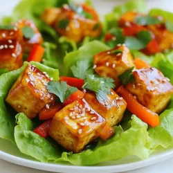 To make Teriyaki Tofu Lettuce Wraps, gather these main ingredients: - 1 block firm tofu, thoroughly drained and pressed - 1 tablespoon sesame oil - 1/4 cup soy sauce (or tamari for a gluten-free option) - 2 tablespoons maple syrup - 1 tablespoon rice vinegar - 1 garlic clove, finely minced - 1 teaspoon fresh ginger, finely grated - 1 tablespoon cornstarch mixed with 2 tablespoons water (to create a slurry) - 1 red bell pepper, finely diced - 1 carrot, julienned - 4 green onions, finely chopped - 1 head of butter lettuce or romaine, separated into leaves - Sesame seeds and fresh cilantro, chopped for garnish These ingredients create a tasty and healthy meal. The tofu serves as a great protein source. The soy sauce and maple syrup give it a sweet and savory flavor. If you want to make your wraps even better, consider these options: - Sliced avocado for creaminess - Chopped peanuts for crunch - Sriracha for heat - Lime wedges for a zesty finish These add-ins can boost flavor and texture. They also make your dish more unique. You can adjust the recipe if you have dietary needs: - Use tempeh or seitan instead of tofu for a different protein. - Swap soy sauce with coconut aminos for a soy-free option. - Replace maple syrup with agave nectar for a different sweetener. These substitutions keep the dish tasty while meeting your needs. You can enjoy Teriyaki Tofu Lettuce Wraps no matter your diet. {{ingredient_image_2}} To start, drain the firm tofu well. Press it to remove excess water. Cut the tofu into small cubes, about 1 inch each. This size helps the tofu cook evenly. The cubes will soak up the sauce better when they are small. In a bowl, mix together the soy sauce, maple syrup, rice vinegar, minced garlic, and grated ginger. Then, add the cornstarch slurry. This helps the sauce thicken. Whisk until everything is smooth and well combined. This sauce will give your tofu a rich flavor. Heat sesame oil in a large skillet over medium heat. When the oil is shimmering, add the tofu cubes. Cook for 6-8 minutes, flipping them until they are golden brown. Pour the prepared teriyaki sauce over the tofu. Stir gently to coat each piece. Cook for 2-3 more minutes until the sauce thickens. Next, add the diced red bell pepper and julienned carrot. Cook for 2 minutes until they are tender but still colorful. Finally, fold in the chopped green onions and mix well. Take a crisp lettuce leaf and spoon the teriyaki tofu mixture into the center. Sprinkle sesame seeds and chopped cilantro on top for extra flavor. Fold the edges of the lettuce over the filling to create a wrap. Enjoy your tasty creation! Tofu can be tricky, but I have some tips for you. First, always use firm tofu. It holds its shape better. Press it well to remove excess water. This step helps the tofu absorb flavors. Cut the tofu into even cubes, about one inch. This size helps it cook evenly. Heat the sesame oil until it shimmers before adding the tofu. This step gives the tofu a nice crust. Cook it undisturbed for the first few minutes. Flip to brown all sides. To take your teriyaki tofu to the next level, consider adding more veggies. You can add mushrooms or snap peas for extra crunch. A sprinkle of red pepper flakes can bring heat if you like spice. Fresh herbs, like basil or mint, can add a burst of flavor too. Experiment with different sauces. A dash of sriracha or chili oil can add a kick. Serve your teriyaki tofu lettuce wraps with a side of rice or quinoa. This adds heartiness to your meal. You can also pair it with a light salad. A cucumber or seaweed salad works well. For a fun touch, serve with extra sauce for dipping. Lime wedges can add a nice zesty finish. Enjoy your meal in style! Pro Tips Press Tofu Thoroughly: Ensure your tofu is well-pressed to remove excess moisture. This helps achieve a better texture and allows the tofu to absorb more flavor from the marinade. Customize Your Sauce: Feel free to adjust the sweetness or saltiness of the teriyaki sauce by modifying the amount of maple syrup or soy sauce to suit your taste preferences. Add Crunch: For an extra crunch, consider adding water chestnuts or chopped peanuts to the filling. They add a delightful texture that complements the softness of the tofu. Experiment with Vegetables: You can easily substitute or add other vegetables like cucumbers, shredded cabbage, or snap peas to the wraps for more color and flavor. {{image_4}} To make these wraps gluten-free, simply swap soy sauce for tamari. Tamari is a gluten-free soy sauce that tastes great. You can also check if your cornstarch is certified gluten-free. This small change keeps the dish safe for those with gluten issues. This recipe is already vegan-friendly with tofu as the main protein. For added taste, consider adding sliced avocado or a sprinkle of nutritional yeast. Both give a creamy texture and a cheesy flavor without using dairy. You can also try using different plant-based proteins like seitan or jackfruit for a unique twist. Feel free to mix in other vegetables. Chopped cucumber, shredded cabbage, or sliced radishes add crunch. You can also use chickpeas or lentils instead of tofu if you want a different protein. These options keep your wraps healthy and flavorful while adding variety to your meals. To store leftover wraps, place them in an airtight container. Keep the tofu mix and lettuce leaves separate. This way, the lettuce stays crisp. You can keep them in the fridge for up to three days. If you mix them, the lettuce will get soggy. To reheat the tofu mixture, use a skillet over medium heat. Add a splash of water to keep it moist. Stir often for about five minutes until it&rsquo;s hot. Avoid microwaving, as it can make the tofu rubbery. You can serve it cold too, as it tastes great chilled. The teriyaki tofu mix will last about three days in the fridge. The sauce can keep for a week if stored well. For best taste, use the fresh veggies within two days. Avoid freezing the lettuce, as it will lose its crunch. You can use tempeh or seitan as a protein option. Chickpeas or lentils work well too. Both have a nice texture and absorb flavors well. If you want a nutty taste, try using roasted cauliflower. Each option offers a unique flavor and texture. Yes, you can prep the tofu and sauce ahead. Store them in separate containers. Wraps are best when fresh, so assemble them just before serving. You can store the tofu mixture in the fridge for up to two days. Just reheat it on the stove before serving. If you use tamari instead of soy sauce, the wraps are gluten-free. Always check the label of the sauces you use. Some brands may contain gluten. The rest of the ingredients are naturally gluten-free. Add a splash of sriracha or chili flakes to the sauce. You can also add minced jalape&ntilde;os for extra heat. Start with a small amount and taste as you go. This way, you can control the spice level to your liking. These wraps pair well with rice or quinoa for a filling meal. You can also serve a side salad with a light dressing. For a refreshing touch, add sliced cucumbers and carrots. A light soup could also complement the wraps nicely. This blog post guides you through making tasty Teriyaki Tofu Lettuce Wraps. We covered key ingredients and optional garnishes, plus how to tailor the recipe to fit your needs. I shared step-by-step instructions for preparing the tofu and cooking the sauce. You also learned helpful tips for flavor and serving. Remember, these wraps can be stored for later enjoyment. I hope you feel ready to create your own wraps and explore fun variations. Enjoy your cooking!