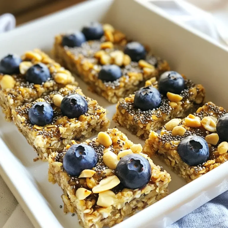 When making Blueberry Oatmeal Breakfast Bars, you need fresh and simple ingredients. Here’s what you will need: - 2 cups rolled oats - 1 cup mashed ripe bananas (about 2 medium bananas) - 1 cup fresh or frozen blueberries - 1/4 cup honey or maple syrup (for a vegan option) - 1/4 cup almond butter or peanut butter (choose creamy or crunchy) - 1/2 teaspoon ground cinnamon - 1/4 teaspoon salt - 1/4 cup chopped nuts (like walnuts, almonds, or pecans) - 1/4 cup chia seeds (optional for extra nutrition) These ingredients work together to create a tasty and filling snack. The oats provide fiber, while bananas add natural sweetness. Blueberries offer a burst of flavor and antioxidants. Nut butter gives the bars a creamy texture and rich taste. Cinnamon and salt enhance the overall flavor, making these bars hard to resist. Plus, you can adjust the nuts and chia seeds based on your taste. This list is simple and lets you whip up these bars quickly. Gathering these ingredients will make your kitchen smell amazing! {{ingredient_image_2}} - First, preheat your oven to 350°F (175°C). - Next, line an 8x8-inch baking pan with parchment paper. Leave some paper hanging over the edges. This makes it easy to lift the bars later. - In a big bowl, combine 2 cups of rolled oats and 1 cup of mashed ripe bananas. - Pour in 1/4 cup of honey or maple syrup, and add 1/4 cup of almond butter. - Sprinkle in 1/2 teaspoon of ground cinnamon and 1/4 teaspoon of salt. - Mix everything together until you have a smooth batter. - Gently fold in 1 cup of blueberries. You can use fresh or frozen. - Add 1/4 cup of chopped nuts and 1/4 cup of chia seeds if you want. This adds more nutrition and crunch. - Pour the mixture into your lined baking pan. - Spread it out evenly and press it down firmly. This helps the bars hold their shape. - Bake for 25 to 30 minutes. Check for doneness by looking for golden edges and a firm center. - Let the bars cool in the pan for about 10 minutes. - Use the edges of the parchment paper to lift the bars out. - Place them on a cutting board to cool completely. - Once cool, cut into 12 equal bars. Store any leftovers in an airtight container. To make your Blueberry Oatmeal Breakfast Bars just right, you can tweak the sweetness. If you like your bars sweeter, add more honey or maple syrup. If you prefer less sweetness, use less. You can also use different nut butters. Almond butter gives a light taste, while peanut butter adds more flavor. Experiment to find your favorite! Make your bars look great by drizzling honey or syrup on top. This adds shine and sweetness. You can also add extra toppings. Sprinkle some blueberries or chopped nuts on top for color and crunch. These small touches make the bars more appealing. Enjoy these bars any time of day. They are great for breakfast or as a snack. Pair them with yogurt or a smoothie for a balanced meal. You can even crumble them over oatmeal for added texture. They make a filling treat on the go or at home! Pro Tips Perfectly Ripe Bananas: The riper the bananas, the sweeter and more flavorful your bars will be. Look for bananas with plenty of brown spots for the best results. Chill Before Cutting: For cleaner cuts, allow the bars to cool completely in the fridge for about an hour before slicing. This will help them hold their shape better. Customization is Key: Feel free to swap the blueberries for other fruits like raspberries or chopped apples. You can also experiment with different nut butter for a unique flavor. Batch Cooking: Make a double batch and freeze half for later. These bars freeze well and make for a quick, healthy breakfast option when you're short on time. {{image_4}} You can change the fruit in these bars. Use strawberries or raspberries instead of blueberries. They add a new flavor twist. If you want, mix in dried fruits like cranberries or apricots. Dried fruits give a sweet and chewy texture. Want these bars vegan? Use maple syrup instead of honey. For gluten-free bars, choose certified gluten-free oats. You can also reduce sugar by using ripe bananas. The more ripe the bananas, the sweeter your bars will taste. You can add seeds or nuts for extra crunch. Try pumpkin seeds or walnuts for variety. Want a sweet touch? Add chocolate chips to the mix. Just a handful can turn these bars into a delightful treat. To keep your blueberry oatmeal breakfast bars fresh, store them in an airtight container. You can leave them at room temperature for up to a week. This method keeps them soft and tasty. If you want them to last longer, you can refrigerate them. Just make sure to seal them well to avoid any moisture. Freezing these bars is a great option. Cut the bars first and then wrap each piece in plastic wrap. Place them in a freezer-safe bag or container. This way, you can take out one or two as needed. When you want to enjoy a bar, simply thaw it at room temperature or heat it in the microwave for about 20-30 seconds. This keeps them delightful and ready to eat! Yes, you can use quick oats! They will change the texture a bit. Quick oats absorb water faster, so your bars may become softer. If you like a chewier bar, rolled oats are best. For a quick version, go ahead and try quick oats. These bars stay fresh for about a week at room temperature. Store them in an airtight container to keep them tasty. If you want them to last longer, put them in the fridge. They can also stay fresh for about two weeks when refrigerated. Yes, you can! Applesauce is a great swap for bananas. It gives moisture and sweetness. You can also use pureed pumpkin or even mashed pears. Just make sure the fruit is ripe for the best flavor. Absolutely! These bars are perfect for meal prep. You can make a big batch ahead of time. Store them in portions for easy grab-and-go snacks. They work great for busy mornings or afternoon pick-me-ups. Maple syrup is a fantastic vegan option! It gives a nice sweetness. You can also use agave syrup or date syrup. Both will keep your bars tasty and sweet while staying plant-based. These oat bars are simple to make and delicious. You gather your ingredients, mix them up, and bake. From adjusting sweetness to swapping nuts, you can customize these bars easily. They’re perfect for snacks, breakfast, or dessert. Knowing how to store or freeze them helps keep them fresh. I hope this guide gives you the confidence to enjoy tasty, homemade treats. Now, go have fun creating your own version!