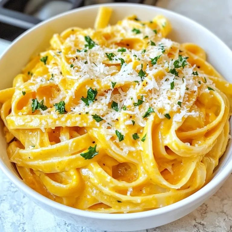 To make creamy pumpkin Alfredo pasta, gather these key ingredients: - 12 oz fettuccine pasta - 1 cup pumpkin puree (canned or homemade) - 1 cup heavy cream - 1/2 cup freshly grated Parmesan cheese - 1/4 cup unsalted butter - 2 cloves garlic, finely minced - 1/2 teaspoon ground nutmeg - 1/2 teaspoon ground cinnamon - Salt and freshly cracked black pepper to taste - Fresh parsley, finely chopped for garnish You can enhance the dish with these optional items: - Crushed red pepper flakes for heat - Extra Parmesan cheese for serving - Nutmeg or cinnamon sprinkle for garnish If you don't have something on hand, consider these swaps: - Use whole wheat or gluten-free pasta for dietary needs. - Replace heavy cream with half-and-half or coconut milk for a lighter version. - Grated Pecorino Romano can replace Parmesan for a different flavor. - Use olive oil instead of butter for a dairy-free option. {{ingredient_image_2}} Start by boiling a large pot of salted water. Make sure it’s a rolling boil. Add 12 oz of fettuccine pasta. Cook it for about 8 to 10 minutes or until it’s al dente. Stir it gently to prevent sticking. Once cooked, drain the pasta well. Set it aside in a big mixing bowl. Next, grab a spacious skillet and melt 1/4 cup of unsalted butter over medium heat. Once the butter melts, add 2 finely minced cloves of garlic. Sauté the garlic for about 1 minute. You want it fragrant but not brown. Now, stir in 1 cup of pumpkin puree and 1 cup of heavy cream. Mix them well until smooth. Gradually add 1/2 cup of freshly grated Parmesan cheese. Also, sprinkle in 1/2 teaspoon of ground nutmeg and 1/2 teaspoon of ground cinnamon. Season with salt and freshly cracked black pepper to taste. Keep stirring until the cheese melts completely. This makes a rich, creamy sauce. Now, carefully add the drained fettuccine to your pumpkin Alfredo sauce. Toss it gently to coat every strand of pasta. If the sauce looks too thick, add a splash of reserved pasta water. This helps achieve the right texture. Serve the creamy pumpkin Alfredo pasta hot. Sprinkle finely chopped parsley on top. This adds a nice pop of color. If you like, dust a bit more Parmesan cheese for extra flavor. Enjoy your delightful dinner! To make a rich and creamy Alfredo sauce, start with fresh ingredients. Use high-quality heavy cream. It gives the sauce a luxurious feel. When you add the pumpkin puree, stir it well. This helps mix the flavors. Add the grated Parmesan slowly. Stir until it melts completely. For a warm, cozy taste, sprinkle in nutmeg and cinnamon. These spices enhance the pumpkin's flavor. If the sauce is too thick, mix in a little pasta water. This keeps it smooth and creamy. When serving your creamy pumpkin Alfredo pasta, plate it hot. A sprinkle of fresh parsley adds color and freshness. You can also add more Parmesan cheese on top. This extra touch enhances the flavor. Pair the dish with a simple green salad or garlic bread. These sides balance the richness of the pasta. You can also serve it with a light white wine. A crisp Pinot Grigio complements the dish well. One common mistake is overcooking the fettuccine. Follow the package instructions closely to keep it al dente. Another mistake is adding too much salt too soon. Taste your sauce first before seasoning. If you add too much salt, it can ruin the dish. Lastly, don’t rush the melting of the cheese. Stir it in slowly to avoid clumps. These tips will help you create a delicious and smooth sauce. Pro Tips Use Fresh Pasta: If possible, opt for fresh fettuccine instead of dried. It cooks faster and has a delightful texture that pairs beautifully with the creamy sauce. Adjust Seasoning: Don't forget to taste your sauce! Depending on the sweetness of your pumpkin puree, you may want to adjust the salt and pepper to balance the flavors. Add Protein: For a heartier meal, consider adding cooked chicken or sautéed mushrooms to the pasta. They complement the creamy pumpkin sauce perfectly. Garnish with Nuts: For added texture, sprinkle some toasted pine nuts or walnuts on top before serving. They provide a delightful crunch that contrasts with the creamy sauce. {{image_4}} You can make creamy pumpkin Alfredo pasta even heartier by adding protein. Chicken or shrimp works well. Cook your choice separately, then mix it into the pasta at the end. This adds flavor and keeps you full. If you want a quick meal, use rotisserie chicken. Just shred it and toss it in. You can easily make this dish vegetarian or vegan. For a vegetarian twist, skip the Parmesan cheese or use a vegetarian version. To make it vegan, swap heavy cream with coconut cream or a plant-based cream. Instead of butter, use olive oil or vegan butter. This keeps the dish rich and creamy without animal products. Seasonal ingredients can change the taste and feel of your pasta. In the fall, add roasted butternut squash for extra sweetness. In spring, mix in fresh asparagus for a pop of color and crunch. You can also switch spices based on the season. Use sage in the fall or fresh basil in the summer for a fresh twist. To store leftover creamy pumpkin Alfredo pasta, let it cool first. Place it in an airtight container. Make sure to cover it well to keep it fresh. Store it in the fridge. It will last for about three days. If you plan to eat it soon, this method works well. When you are ready to eat your leftover pasta, use a skillet. Add a splash of water or cream to the pan. Heat on low to medium heat. Stir often to avoid burning. This helps bring back the creamy texture. You can also use the microwave. Heat in short bursts, stirring in between until warm. To freeze creamy pumpkin Alfredo pasta, place it in a freezer-safe container. Make sure to leave some space for expansion. You can also freeze it in portions. This way, it’s easier to thaw just what you need. It will stay good for about two months. When ready to eat, thaw it in the fridge overnight. Reheat as mentioned above. Yes, you can use fresh pumpkin. First, you need to cook the pumpkin. Peel, seed, and cube it. Boil or roast the pieces until soft. Once cooked, mash or blend it into a smooth puree. This method adds a lovely, fresh flavor to the pasta. Absolutely! Creamy pumpkin Alfredo pasta stores well. Make it ahead and keep it in the fridge for up to five days. To reheat, warm it on the stove with a splash of water or broth. This keeps the sauce creamy and delicious. Yes, you can! Use whole milk or a mix of milk and Greek yogurt for a lighter option. This will change the texture slightly, but it still tastes great. If you want a richer flavor, consider using coconut cream for a dairy-free alternative. This blog post covered how to make a tasty Pumpkin Alfredo from scratch. You learned about the basic and optional ingredients, plus substitutions. The step-by-step guide made cooking easy and fun. Tips helped perfect the sauce and avoid common mistakes. You also explored variations, storage tips, and FAQs for common concerns. In the end, you'll create a dish that's rich in flavor and perfect for any meal! Enjoy your cooking adventure!