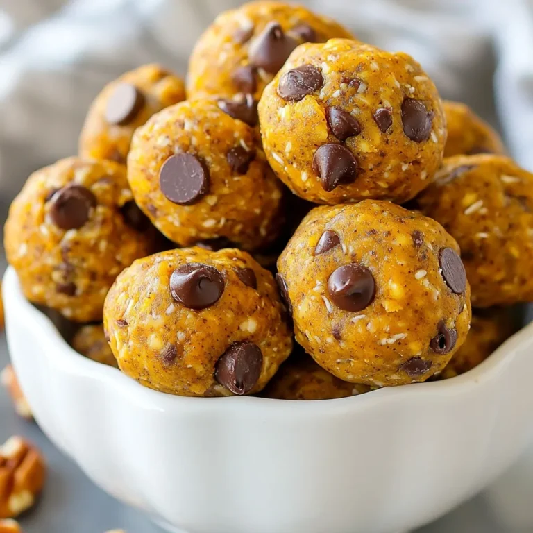 To make tasty pumpkin spice energy balls, you need these simple ingredients: - 1 cup rolled oats - 1/2 cup pumpkin puree - 1/2 cup almond butter (or peanut butter) - 1/4 cup honey or maple syrup - 1 teaspoon vanilla extract - 1 teaspoon pumpkin pie spice - 1/2 teaspoon ground cinnamon - 1/4 cup chopped pecans or walnuts - 1/4 cup dark chocolate chips or dried cranberries - A pinch of sea salt These ingredients work together to create a delightful snack. The oats give you fiber, while pumpkin adds moisture and flavor. Nut butter provides healthy fat and protein. Honey or maple syrup sweetens each bite. Pumpkin pie spice and cinnamon bring that warm fall taste. Nuts add crunch, and chocolate or cranberries give a nice sweet touch. You can adjust ingredients to fit your taste or allergies. This recipe is easy to follow and perfect for a quick snack. Each bite is packed with energy, making it great for a boost before your workouts or as a midday pick-me-up. {{ingredient_image_2}} First, gather your utensils. You will need a large mixing bowl and a baking sheet. Collect all the ingredients. This includes oats, pumpkin puree, almond butter, honey, and spices. Make sure your workspace is clean. A tidy kitchen makes cooking fun! In the large bowl, add the rolled oats and pumpkin puree. Mix them well. Next, add the almond butter and honey. Stir in the vanilla extract, pumpkin pie spice, ground cinnamon, and a pinch of sea salt. Mix until everything is sticky and smooth. This is where the magic begins! Now it's time for the fun part! Gently fold in your chopped nuts and chocolate chips or cranberries. Make sure they spread evenly. Next, take some of the mixture and roll it into a ball about 1 inch wide. Keep your hands slightly damp. This helps the mixture stick less. Once all the balls are shaped, arrange them on the baking sheet. Use parchment paper to keep them from sticking. Leave some space between each ball. Now, put the baking sheet in the fridge. Chill for at least 30 minutes. This helps the energy balls firm up. Enjoy the wait; the smell is heavenly! To create the best pumpkin spice energy balls, focus on texture. You want a sticky, cohesive mix. If it feels too dry, add a bit more pumpkin puree or nut butter. If it’s too wet, toss in a few oats. Taste as you go to adjust sweetness. Use honey for a milder sweetness or maple syrup for a richer flavor. For even-sized energy balls, use a small scoop. This helps keep them uniform. Roll the mixture in your palms gently. If the mix sticks to your hands, wet your palms slightly. This makes shaping easier. Aim for 1-inch balls for the perfect bite-sized snack. Presentation matters! Serve your energy balls in a fun jar or a colorful bowl. This makes them look inviting. Pair these bites with warm apple cider or a cup of tea. They make a great snack before workouts or during busy days. Pro Tips Chill for Better Texture: Allow the energy bites to chill for at least 30 minutes in the refrigerator. This helps them firm up, making them easier to handle and enhancing their texture. Experiment with Flavors: Feel free to customize the recipe by adding different mix-ins like seeds, dried fruit, or nut butters. This adds variety and can cater to different taste preferences. Storage Tips: Store leftover energy bites in an airtight container in the refrigerator for up to a week. You can also freeze them for longer storage—perfect for meal prep! Make it Vegan: Substitute honey with maple syrup or agave nectar for a completely vegan option. This keeps the energy bites plant-based without sacrificing sweetness. {{image_4}} You can change the flavor and texture of your energy balls. Here are some easy swaps: - Nut Butters: Instead of almond butter, use peanut butter or cashew butter. Each type adds a unique taste. - Sweeteners: Swap honey for maple syrup or agave nectar. Each sweetener gives a different sweetness level. Spice up your energy balls with extra flavors. Here are some ideas: - Protein Powder: Mix in a scoop of your favorite protein powder. This adds nutrition and keeps you full longer. - Seeds: Add chia seeds or flaxseeds for more crunch and health benefits. They give a nice texture and boost omega-3s. - Dried Fruits: Incorporate dried cranberries or raisins. These add sweetness and chewiness, making the bites even tastier. Make these energy balls fit various diets. Here are some options: - Vegan Options: Use maple syrup instead of honey. This makes the recipe suitable for vegans. - Gluten-Free Adjustments: Ensure your oats are labeled gluten-free. This way, everyone can enjoy these tasty snacks. To keep your pumpkin spice energy balls fresh, place them in an airtight container. This helps prevent moisture and keeps them tasty. Use a glass jar or a plastic container with a tight lid. Avoid containers that let air in, as this can make them dry out. In the refrigerator, these energy balls last about one week. If you want them to last longer, freezing is a great option. They stay good for up to three months in the freezer. Just thaw them in the fridge before eating. You can use leftover energy balls in other recipes. Crumble them over yogurt or mix them into smoothies for extra flavor. You can also enjoy them as a quick snack on the go. They pair well with fresh fruit or a cup of tea. You can replace nut butter with seeds. Use sunflower seed butter or tahini instead. These options work well in binding the ingredients. Just measure the same amount as you would for nut butter. The taste will change slightly, but they will still be tasty! Yes, you can use fresh pumpkin. Just cook and mash it first. Make sure it is smooth and not watery. This will help keep the texture right. Fresh pumpkin adds a nice flavor, but it may change the consistency a bit. To boost protein, add protein powder. Use about a quarter cup of your favorite kind. You can also mix in some chia seeds or hemp seeds. These seeds not only add protein but also add fiber, making your snack even healthier. Each energy ball has about 100 calories. This can vary based on the nuts and sweeteners you use. If you want a lower calorie count, use less honey or maple syrup. Adjusting the mix will help you fit these bites into your diet better. This blog post covered how to make delicious energy balls using simple ingredients. We discussed mixing, shaping, and chilling the energy balls, along with tips for perfecting your mixture. You can customize flavors and store them easily. Remember, these snacks are not just tasty but also versatile. Enjoy experimenting with different ingredients to suit your taste. With a few simple steps, you now have a healthy snack ready to go. Keep these energy balls on hand for a quick bite!
