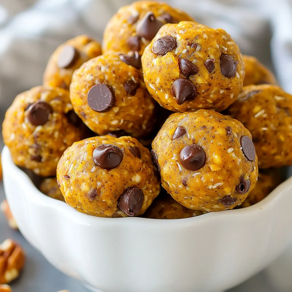 To make tasty pumpkin spice energy balls, you need these simple ingredients: - 1 cup rolled oats - 1/2 cup pumpkin puree - 1/2 cup almond butter (or peanut butter) - 1/4 cup honey or maple syrup - 1 teaspoon vanilla extract - 1 teaspoon pumpkin pie spice - 1/2 teaspoon ground cinnamon - 1/4 cup chopped pecans or walnuts - 1/4 cup dark chocolate chips or dried cranberries - A pinch of sea salt These ingredients work together to create a delightful snack. The oats give you fiber, while pumpkin adds moisture and flavor. Nut butter provides healthy fat and protein. Honey or maple syrup sweetens each bite. Pumpkin pie spice and cinnamon bring that warm fall taste. Nuts add crunch, and chocolate or cranberries give a nice sweet touch. You can adjust ingredients to fit your taste or allergies. This recipe is easy to follow and perfect for a quick snack. Each bite is packed with energy, making it great for a boost before your workouts or as a midday pick-me-up. {{ingredient_image_2}} First, gather your utensils. You will need a large mixing bowl and a baking sheet. Collect all the ingredients. This includes oats, pumpkin puree, almond butter, honey, and spices. Make sure your workspace is clean. A tidy kitchen makes cooking fun! In the large bowl, add the rolled oats and pumpkin puree. Mix them well. Next, add the almond butter and honey. Stir in the vanilla extract, pumpkin pie spice, ground cinnamon, and a pinch of sea salt. Mix until everything is sticky and smooth. This is where the magic begins! Now it's time for the fun part! Gently fold in your chopped nuts and chocolate chips or cranberries. Make sure they spread evenly. Next, take some of the mixture and roll it into a ball about 1 inch wide. Keep your hands slightly damp. This helps the mixture stick less. Once all the balls are shaped, arrange them on the baking sheet. Use parchment paper to keep them from sticking. Leave some space between each ball. Now, put the baking sheet in the fridge. Chill for at least 30 minutes. This helps the energy balls firm up. Enjoy the wait; the smell is heavenly! To create the best pumpkin spice energy balls, focus on texture. You want a sticky, cohesive mix. If it feels too dry, add a bit more pumpkin puree or nut butter. If it’s too wet, toss in a few oats. Taste as you go to adjust sweetness. Use honey for a milder sweetness or maple syrup for a richer flavor. For even-sized energy balls, use a small scoop. This helps keep them uniform. Roll the mixture in your palms gently. If the mix sticks to your hands, wet your palms slightly. This makes shaping easier. Aim for 1-inch balls for the perfect bite-sized snack. Presentation matters! Serve your energy balls in a fun jar or a colorful bowl. This makes them look inviting. Pair these bites with warm apple cider or a cup of tea. They make a great snack before workouts or during busy days. Pro Tips Chill for Better Texture: Allow the energy bites to chill for at least 30 minutes in the refrigerator. This helps them firm up, making them easier to handle and enhancing their texture. Experiment with Flavors: Feel free to customize the recipe by adding different mix-ins like seeds, dried fruit, or nut butters. This adds variety and can cater to different taste preferences. Storage Tips: Store leftover energy bites in an airtight container in the refrigerator for up to a week. You can also freeze them for longer storage—perfect for meal prep! Make it Vegan: Substitute honey with maple syrup or agave nectar for a completely vegan option. This keeps the energy bites plant-based without sacrificing sweetness. {{image_4}} You can change the flavor and texture of your energy balls. Here are some easy swaps: - Nut Butters: Instead of almond butter, use peanut butter or cashew butter. Each type adds a unique taste. - Sweeteners: Swap honey for maple syrup or agave nectar. Each sweetener gives a different sweetness level. Spice up your energy balls with extra flavors. Here are some ideas: - Protein Powder: Mix in a scoop of your favorite protein powder. This adds nutrition and keeps you full longer. - Seeds: Add chia seeds or flaxseeds for more crunch and health benefits. They give a nice texture and boost omega-3s. - Dried Fruits: Incorporate dried cranberries or raisins. These add sweetness and chewiness, making the bites even tastier. Make these energy balls fit various diets. Here are some options: - Vegan Options: Use maple syrup instead of honey. This makes the recipe suitable for vegans. - Gluten-Free Adjustments: Ensure your oats are labeled gluten-free. This way, everyone can enjoy these tasty snacks. To keep your pumpkin spice energy balls fresh, place them in an airtight container. This helps prevent moisture and keeps them tasty. Use a glass jar or a plastic container with a tight lid. Avoid containers that let air in, as this can make them dry out. In the refrigerator, these energy balls last about one week. If you want them to last longer, freezing is a great option. They stay good for up to three months in the freezer. Just thaw them in the fridge before eating. You can use leftover energy balls in other recipes. Crumble them over yogurt or mix them into smoothies for extra flavor. You can also enjoy them as a quick snack on the go. They pair well with fresh fruit or a cup of tea. You can replace nut butter with seeds. Use sunflower seed butter or tahini instead. These options work well in binding the ingredients. Just measure the same amount as you would for nut butter. The taste will change slightly, but they will still be tasty! Yes, you can use fresh pumpkin. Just cook and mash it first. Make sure it is smooth and not watery. This will help keep the texture right. Fresh pumpkin adds a nice flavor, but it may change the consistency a bit. To boost protein, add protein powder. Use about a quarter cup of your favorite kind. You can also mix in some chia seeds or hemp seeds. These seeds not only add protein but also add fiber, making your snack even healthier. Each energy ball has about 100 calories. This can vary based on the nuts and sweeteners you use. If you want a lower calorie count, use less honey or maple syrup. Adjusting the mix will help you fit these bites into your diet better. This blog post covered how to make delicious energy balls using simple ingredients. We discussed mixing, shaping, and chilling the energy balls, along with tips for perfecting your mixture. You can customize flavors and store them easily. Remember, these snacks are not just tasty but also versatile. Enjoy experimenting with different ingredients to suit your taste. With a few simple steps, you now have a healthy snack ready to go. Keep these energy balls on hand for a quick bite!